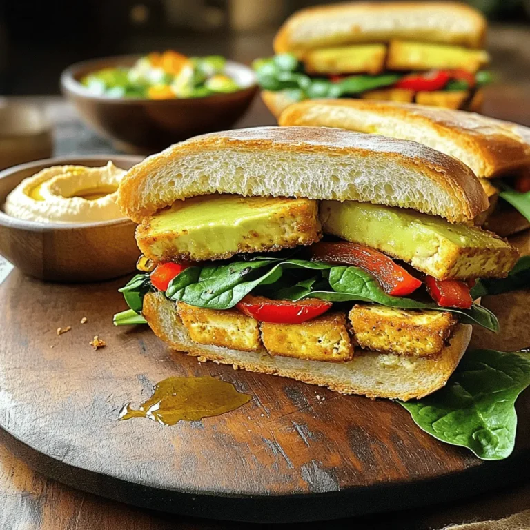 Tofu and Marinade Components For this tasty panini, you need: - 1 block firm tofu, pressed and sliced - 1 tablespoon soy sauce - 1 tablespoon sesame oil - 1 tablespoon cornstarch These ingredients create a flavorful and crispy tofu. The soy sauce adds saltiness, while the sesame oil gives a nutty taste. The cornstarch helps the tofu become nice and crispy when cooked. Bread and Vegetables Choose your bread and veggies wisely: - 1 large round ciabatta or focaccia bread - 1/2 cup fresh spinach - 1/2 red bell pepper, roasted and sliced - 1 small avocado, sliced The ciabatta or focaccia adds a lovely chewiness. Fresh spinach boosts nutrients, while roasted red bell pepper adds sweetness. Avocado brings creaminess to the panini. Spreads and Seasonings Don’t forget the spreads and seasonings: - 2 tablespoons hummus or vegan mayo - Salt and pepper to taste - Olive oil for grilling These spreads enhance the flavor and keep the sandwich moist. Use salt and pepper to adjust the taste. Olive oil helps with grilling, making the bread crispy and golden. To see the full recipe, check [Full Recipe]. Pressing and Slicing the Tofu Start by pressing the tofu. This gets rid of extra water. Use a tofu press or wrap it in a clean towel. Place something heavy on top for 15-20 minutes. Once pressed, slice the tofu into even slabs. Aim for about half an inch thick. Marinating for Flavor Next, it’s time to marinate. In a bowl, mix soy sauce, sesame oil, salt, and pepper. Place the tofu slices in the bowl and coat them well. Let them soak in this mixture for 15 minutes. This step adds great taste! Coating for Crispiness After marinating, sprinkle cornstarch over the tofu. Make sure each slice is evenly coated. This will help the tofu become crispy when cooked. Bread Preparation Now, grab your ciabatta or focaccia bread. Slice it in half, so you have a top and bottom. Spread hummus or vegan mayo on both inside halves. This adds flavor and moisture to the sandwich. Layering the Ingredients Start layering your ingredients. First, place fresh spinach on the bottom half. Next, add your crispy tofu slices. Then, layer roasted red bell pepper and avocado slices. Make sure to stack them nicely for a full sandwich. Using a Panini Press or Skillet Heat your panini press or a skillet over medium heat. Brush the outside of the sandwich with olive oil. If using a skillet, place a heavy pan on top of the sandwich. This helps press it down as it cooks. Tips for Achieving Perfect Crisp Cook for 3-4 minutes on each side. Look for a golden, crispy finish on the bread. If you like it extra crispy, you can cook it a bit longer. Just keep an eye on it to avoid burning. For the full recipe, check out the complete list of ingredients and instructions! Marination Time Marinating tofu adds depth to its flavor. Aim for at least 15 minutes. This allows the tofu to soak up the soy sauce and sesame oil. You can marinate longer for a richer taste, but 15 minutes works well. Seasoning Tips Use salt and pepper to enhance the tofu. Feel free to add garlic powder or smoked paprika for extra flavor. These spices complement the tofu's mild taste and boost the overall flavor of the panini. Cooking Techniques For crispy tofu, you can pan-fry or grill it. Use medium heat to avoid burning. Cook each side for about 4-5 minutes until golden brown. A non-stick skillet helps achieve an even crisp without sticking. Oil Application Apply a light layer of olive oil to the tofu before cooking. This helps create a crispy crust. When grilling the sandwich, brush a bit more oil on the outside of the bread. This gives it a golden and crunchy finish. Serving Suggestions Serve the panini on a wooden board for a rustic look. Pair it with a small bowl of extra hummus for dipping. This adds a fun element to the meal and enhances flavor. Garnish Recommendations Garnish with fresh spinach or basil leaves. This adds a pop of color and freshness. A sprinkle of sesame seeds on top can also elevate the dish visually and add a nutty taste. {{image_2}} If you want to switch up the protein, tempeh and seitan work great. - Tempeh: This fermented soy product is nutty and chewy. Slice it thin and marinate just like tofu. - Seitan: Made from wheat gluten, seitan has a meaty texture. It can absorb flavors well. Cook it the same way as tofu for a rich taste. You can also use different tofu types. Silken tofu offers a creamier texture. Firm tofu provides a chewy bite. Choose what you like best! Bread changes the whole panini! You can explore gluten-free options or artisan bread. - Gluten-Free Options: Look for gluten-free ciabatta or focaccia. These are soft and tasty. - Artisan Bread Suggestions: Sourdough or whole grain bread adds flavor. They give a nice crunch and pair well with the fillings. Try different breads to find your favorite combo. Adding more fillings makes your panini even better! Cheese and seasonal vegetables can add flavor and texture. - Cheese Additions: Try mozzarella, feta, or vegan cheese. They melt well and enhance taste. - Seasonal Vegetables: Use zucchini, mushrooms, or roasted eggplant. These veggies add freshness and color. Mix and match fillings to create your perfect crispy tofu panini. For the full recipe, check out the details above. To keep your leftover crispy tofu panini fresh, follow these tips: - Refrigeration: Store the panini in an airtight container. This helps keep it from drying out. Place it in the fridge within two hours of cooking. It should stay fresh for 2-3 days. - Freezing Tips: If you want to save it longer, wrap the panini tightly in plastic wrap. Then, put it in a freezer-safe bag or container. The panini can stay frozen for up to a month. When you are ready to eat it, let it thaw in the fridge overnight. To enjoy your leftover panini, reheating is key: - Methods for Optimal Texture: The best way to reheat it is in a skillet. Heat the skillet on low. Add a splash of olive oil. Place the panini in the skillet and cover it with a lid. Heat for about 5-7 minutes until it is warm and crispy. - Avoiding Sogginess: Steer clear of the microwave. It can make the bread soggy. If you use the oven, set it to 350°F. Wrap the panini in foil and heat for about 10 minutes. This method helps keep it crispy. For the complete recipe, refer to the Full Recipe. To make crispy tofu, start with firm tofu. Press it to remove excess water. Slice it into even slabs. Marinate the tofu in soy sauce and sesame oil for great flavor. Coat each slice with cornstarch to help it crisp up. Cook the tofu in a hot skillet with olive oil. Fry until each side is golden brown and crispy. Yes, you can use many different vegetables in the panini. Try adding grilled zucchini, mushrooms, or fresh tomatoes. Leafy greens like kale or arugula work well too. Feel free to mix and match based on what you have at home. The goal is to keep it colorful and tasty. The best breads for a panini are ciabatta and focaccia. They have a nice crust and soft inside. You can also use sourdough or whole grain bread. Choose a bread that holds up well during grilling. A sturdy bread will keep your fillings from spilling out. You know your panini is done when the bread is golden brown and crispy. Check that the filling is hot and the cheese, if used, is melted. Press down gently on the sandwich to see if it feels firm. If it does, it’s ready to enjoy! Yes, you can easily make this recipe vegan. Use hummus or vegan mayo as spreads. Choose fresh vegetables and a plant-based bread. Make sure your tofu is firm and comes from a reliable source. This way, you keep it delicious and plant-friendly. For the Full Recipe, check out the detailed instructions above. This blog post covered how to make a delicious tofu panini. We explored key ingredients and their roles. You learned to prepare tofu and layer ingredients. Cooking tips helped you achieve a crisp finish. Variations show you can play around with ingredients and flavors. Remember proper storage and reheating for leftovers. Get creative with your panini and have fun! These simple steps will help you enjoy tasty meals often. Experiment and find your favorite combinations to share with friends and family. Enjoy every bite!