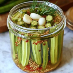 To make Quick Refrigerator Pickled Okra, you need the following ingredients: - 1 pound fresh okra, ends trimmed - 1 cup distilled white vinegar - 1 cup water - 3 tablespoons sugar - 2 tablespoons sea salt - 4 cloves garlic, smashed - 1 tablespoon mustard seeds - 1 tablespoon coriander seeds - 1 teaspoon red pepper flakes - 1 teaspoon black peppercorns - Fresh dill sprigs (optional) This mix of ingredients creates a flavorful brine for your okra. Each item plays a key role. The vinegar brings tang, while sugar adds a sweet touch. The salt helps preserve the okra and enhances the taste. Garlic and spices give depth and aroma. When choosing okra, look for bright green, firm pods. Fresh okra tastes best. The spices can be adjusted based on your taste. Want it spicy? Add more red pepper flakes. Prefer a herby flavor? Toss in extra dill. Gather these ingredients, and you will be ready to make a tasty batch of pickled okra. For the full recipe and steps, check out the Full Recipe section. To start, combine vinegar, water, sugar, and salt in a saucepan. I like to use a medium saucepan for this step. Heat the mixture over medium heat until the sugar and salt dissolve completely. This usually takes a few minutes. Once dissolved, remove the pan from heat and let the brine cool slightly. This cooling step is important; you don’t want to pour hot liquid over the okra. While the brine cools, wash the okra thoroughly. Make sure to trim the ends for a neat look. Now, pack the okra tightly into a clean, sterilized jar. A quart jar works well for this recipe. Packing the okra tightly helps it absorb the brine better, ensuring great flavor. Next, add the smashed garlic cloves, mustard seeds, coriander seeds, red pepper flakes, and black peppercorns into the jar with the okra. If you like, toss in some fresh dill sprigs for extra flavor. Once you add the spices, pour the cooled brine over the okra. Make sure all the okra is submerged. If any pieces float, weigh them down with a clean weight or a small dish. This helps them stay under the brine. For the full recipe, check the earlier section. Enjoy crafting this tasty dish! - Always use fresh okra for the best flavor and crispness. Look for vibrant green pods. - Properly sterilize your jar. You can do this by boiling it in water for 10 minutes. This helps keep your pickles safe. - You can add spices like cloves or allspice for more depth. Fresh herbs like thyme or basil can also elevate the taste. - I recommend steeping the okra for at least 24 hours. For the best flavor, wait 3 to 5 days before you eat them. - Enjoy pickled okra as a crunchy snack right from the jar. It pairs well with cheese and crackers. - You can also slice it into salads for a tangy crunch. Use it as a topping for sandwiches or tacos for a flavorful twist. {{image_2}} You can make your pickled okra spicier with just a few tweaks. Add more red pepper flakes to the jar. Or, toss in fresh chili peppers for a fiery kick. When you bite into the okra, the spice will bring a new level of flavor. This option is perfect for heat lovers! Using fresh herbs can change the taste of your pickled okra. Try adding thyme or basil for a fragrant twist. Simply place a few sprigs in the jar before adding the brine. This will give the okra a fresh, aromatic flavor. You might even discover a new favorite! If you like a sweeter taste, adjust the sugar in the brine. Add an extra tablespoon or two to suit your palate. The mix of sweet and spicy creates a delightful balance. This version makes a great snack or a fun addition to your meals. For the full recipe, check out the Quick Refrigerator Pickled Okra section! To keep your pickled okra fresh, store it in the fridge. Use a clean, sterilized jar with a tight lid. Fill the jar with the cooled brine and okra until they are fully submerged. If needed, use a clean weight to keep them down. Always refrigerate them right after making them. When stored properly, your pickled okra lasts about 2 to 4 weeks in the fridge. The flavors get better over time, so waiting a few days before eating helps. Enjoy them within this time for the best taste and crunch. Check your pickled okra for signs of spoilage. If you see mold, a change in color, or an off smell, it’s time to throw them away. Also, if they lose their crispness or become mushy, that’s a sign they’ve gone bad. Always trust your senses; if something seems off, it’s better to discard it. You should wait at least 24 hours before eating your pickled okra. This time lets the flavors blend well. For the best taste, I recommend waiting three to five days. The longer they sit, the more flavor they gain. Yes, you can reuse the pickling brine, but with caution. If you decide to do this, use it for another batch of pickles soon. After one reuse, I suggest discarding it. The brine may lose its taste and freshness after that. You can make this recipe without sugar. If you want a savory taste, try using more salt. You can also add a touch of honey or maple syrup for sweetness, but adjust the amount. Another option is to add a splash of fruit juice for a hint of sweetness. In this blog post, we explored how to create delicious pickled okra. We covered essential ingredients, step-by-step instructions, and tips for success. Enjoying your pickled okra is easy, whether as a snack or in meals. Remember, fresh ingredients make all the difference. Feel free to experiment with flavors and storage methods. With proper care, your pickled okra will add zest to your dishes. Now, you’re ready to start pickling and enjoy this tasty treat!
