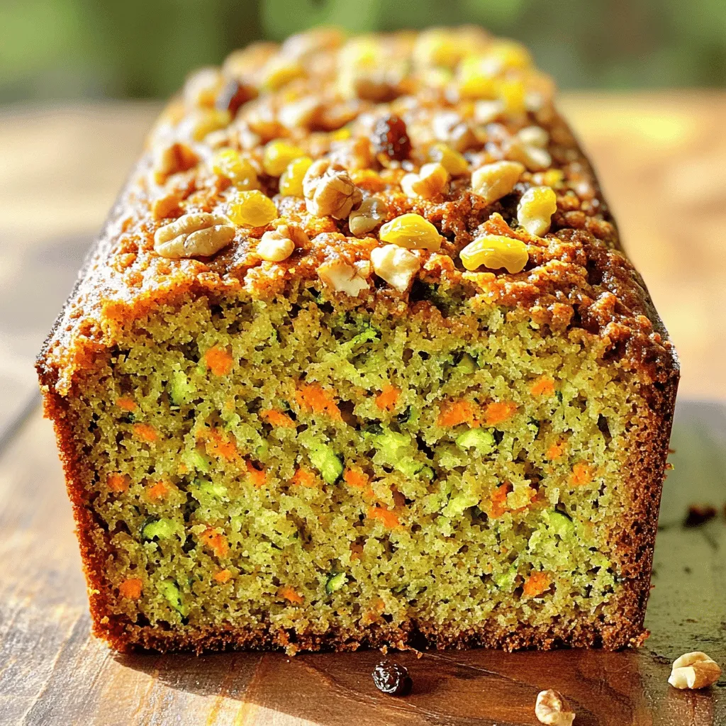 - 1 medium zucchini, grated - 1 cup carrots, grated - 1 cup all-purpose flour - ¾ cup brown sugar - ½ cup granulated sugar - ½ cup vegetable oil - 3 large eggs - 1 teaspoon vanilla extract - Preheat the oven to 350°F (175°C). - Grease a 9x5-inch loaf pan. - Combine brown sugar, granulated sugar, and vegetable oil in a bowl. - Add eggs one at a time, then stir in vanilla extract. - In a new bowl, mix flour, baking soda, baking powder, and spices. - Gradually add dry mix to wet ingredients and stir until combined. - Gently fold in grated zucchini and carrots. - If you like, add walnuts and raisins for texture. - Pour batter into the prepared loaf pan evenly. - Bake for 55-60 minutes, checking for doneness with a toothpick. - Use a box grater for consistent pieces. This helps create even cooking. - Consider squeezing out excess moisture from zucchini. This keeps your bread from getting soggy. - Ensure eggs are at room temperature. This helps the batter mix smoothly. - Don’t overmix the batter. This keeps the bread light and fluffy. - Rotate the pan halfway through baking. This helps the bread brown evenly. - Use a toothpick to check for doneness. Insert it in the center; it should come out clean. Want to make your spiced zucchini carrot bread a bit healthier? Here are two easy swaps: - Substitute whole wheat flour for all-purpose flour: Whole wheat flour adds fiber and nutrients. It gives a nutty flavor too. - Replace sugar with honey or maple syrup: These natural sweeteners can enhance flavor. They also add moisture to your bread. Looking to boost the taste? Try these flavor enhancements: - Add a teaspoon of ginger or allspice: These spices bring warmth and depth. They create a cozy aroma while baking. - Incorporate citrus zest (e.g., orange or lemon) for brightness: A touch of zest can lift the flavors. It makes your bread fresh and lively. Want to take your bread to the next level? Consider these fun add-ins and toppings: - Include chocolate chips or dried fruit: Chocolate chips add sweetness and richness. Dried fruit brings chewiness and a fruity burst. - Top with a lemon glaze or cream cheese frosting: A glaze adds shine and sweetness. Cream cheese frosting gives a rich, creamy finish. These variations let you create a spiced zucchini carrot bread that fits your taste. You can find the full recipe to get started on this delightful treat. {{image_2}} You can store the spiced zucchini carrot bread at room temperature. Place it in an airtight container. It will stay fresh for up to 3 days. This is a great option if you plan to eat it quickly. For longer freshness, keep the bread in the fridge. It can last up to a week when you store it properly. Just wrap it in plastic or place it in a sealed container. The cold helps retain its moisture and flavor. Freezing is a good way to save this bread for later. Wrap it tightly in plastic wrap. Then, put it in a freezer-safe bag. You can freeze it for up to 3 months. When you want to enjoy it, just thaw it overnight in the fridge. This way, you can have a slice of delight whenever you crave it. For the full recipe, check out the previous section. Yes, but make sure to thaw and drain excess moisture. Frozen zucchini can work well, but it may be watery. Squeeze out the extra liquid to keep your bread from becoming soggy. Use flaxseed meal or applesauce as an egg substitute. For each egg, mix one tablespoon of flaxseed meal with three tablespoons of water. Let it sit until it thickens. You can also use a quarter cup of unsweetened applesauce as a great option. A toothpick inserted should come out clean when fully baked. Start checking around the 55-minute mark. If you see wet batter on the toothpick, keep baking for a few more minutes. Yes, substitute with a gluten-free flour blend and check ratios. Many blends work well, but follow the instructions on the package for the best results. You can create a light and fluffy bread without gluten. For a full recipe, check out the Spiced Zucchini Carrot Bread. You learned how to make a delicious loaf using zucchini and carrots. We covered key ingredients, easy steps, and helpful tips. With fun variations, you can customize this recipe to suit your taste. Whether you prefer a healthier option or a sweet twist, there are many choices. Enjoy storing and sharing your bread. Remember, cooking is all about experimenting and enjoying the process. Dive in, have fun, and create something tasty!