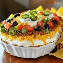 - 1 pound ground beef - 1 packet taco seasoning - 1 can (15 oz) refried beans - 1 cup sour cream - 1 cup shredded cheddar cheese - 1 cup diced tomatoes (fresh or canned) - 1/2 cup black olives, sliced - 1/2 cup green onions, finely chopped - 1 jalapeño, sliced (optional) - Tortilla chips for serving When I create taco dip with ground beef, I focus on fresh and bold flavors. The ground beef brings a rich taste, while the taco seasoning adds that classic kick. Refried beans create a creamy base that holds everything together. Sour cream gives the dip a cool touch, balancing the spices well. Let’s not forget the cheese! Shredded cheddar adds both flavor and texture. Diced tomatoes bring freshness, and olives add a nice briny note. Green onions provide a mild crunch, while jalapeños can spice things up if you like heat. - Additional spices (cumin, garlic powder) - Other types of cheese (Monterey Jack, Pepper Jack) If you want to elevate your dip even more, consider adding some extra spices like cumin or garlic powder. They enhance the flavor profile. You can also swap in different cheeses, like Monterey Jack or Pepper Jack, for a unique twist. These small changes can make your taco dip truly special. For the full recipe, check out the detailed steps to make this crowd-pleaser! First, heat a large skillet over medium heat. Add the ground beef. Use a spoon to break it apart as it cooks. Cook until the beef is browned and no longer pink. You might need to drain some grease if there is too much. Next, grab your packet of taco seasoning. Add it to the browned beef. Follow the packet's instructions. Usually, you will add some water and let it simmer until thick. Remove the skillet from heat and let the beef cool a bit. Now, take a 9x13 inch baking dish. Spread the refried beans evenly across the bottom. This layer gives a nice base for the dip. Once the beef mixture has cooled slightly, spoon it on top of the beans. Make sure to cover the beans well. Then, spread the sour cream evenly over the ground beef layer. This adds creaminess that everyone loves. Now it’s time to make this dip look great! Sprinkle shredded cheddar cheese generously on top of the sour cream. This makes it cheesy and delicious. Then, add diced tomatoes on top of the cheese. Next, sprinkle sliced black olives and finely chopped green onions. If you want some heat, add sliced jalapeños on top for a spicy kick. Cover the dip with plastic wrap. Refrigerate for at least 30 minutes. This helps the flavors mix. Serve chilled with tortilla chips for dipping. Enjoy your tasty taco dip! For a detailed guide, check the Full Recipe. To make your taco dip shine, start by ensuring the meat is thoroughly browned. This step adds rich flavor and prevents a greasy dip. As you cook, break apart the ground beef. This helps it cook evenly and keeps the texture just right. To avoid a soggy dip, layer carefully. First, spread the refried beans evenly in your dish. Let them form a solid base. Then, ensure the beef mixture cools slightly before adding it. This helps keep the layers distinct and prevents moisture build-up. When it comes to tortilla chips, choose sturdy ones. Thick chips can hold up to the dip's weight without breaking. Look for corn tortilla chips that are crunchy and have a bit of salt. They make the perfect match. For side dishes, consider fresh veggies. Sliced cucumbers and bell peppers add crunch. You could also serve a simple green salad. A light salad balances the richness of the dip and adds freshness to your spread. {{image_2}} If you love heat, consider adding extra hot sauces to your dip. A few dashes of your favorite sauce can take it to the next level. You can also add spicy peppers. Sliced jalapeños or diced serrano peppers work well. They add great flavor and a nice kick. Want to skip the meat? You can substitute ground beef with lentils or beans. Both options are hearty and tasty. For a vegan twist, swap the cheese and sour cream for plant-based versions. Vegan cheese and dairy-free sour cream provide a creamy texture without animal products. These variations keep the dish delicious while catering to different diets. To keep your taco dip fresh, use a sealed container. Always cover it tightly with plastic wrap or a lid. This helps keep the flavors strong and the dip safe. You can store it in the fridge for up to three days. After that, the taste may fade, and the texture can change. If you see any signs of spoilage like off smells or mold, it’s best to throw it away. Yes, you can reheat taco dip! To do this, place it in a microwave-safe dish. Heat it on low power, stirring every 30 seconds. This keeps the dip from getting too hot in some spots. If you notice the cheese melting too much, stop reheating. You want it warm but not boiling. Enjoy your taco dip warm with chips! Can I make taco dip in advance? Yes, you can make taco dip ahead of time. Prepare it a day early and chill it. This helps the flavors blend well. Just cover it tightly in the fridge until you’re ready to serve. What can I substitute for taco seasoning? If you don’t have taco seasoning, mix these spices: - 1 teaspoon chili powder - 1 teaspoon cumin - 1/2 teaspoon garlic powder - 1/2 teaspoon onion powder - Salt and pepper to taste These spices will give you a great flavor boost. How to serve taco dip at parties? Serve taco dip in a large bowl with tortilla chips around it. You can also add small cups for easy serving. This way, guests can grab a cup and chip without mess. Is taco dip gluten-free? Yes, taco dip can be gluten-free. Be sure to check the taco seasoning and tortilla chips for gluten. Many brands offer gluten-free options. What can I use instead of refried beans? You can use black beans or pinto beans. Just mash them slightly for a similar texture. This change still keeps the dip creamy and delicious. How to make it dairy-free? To make taco dip dairy-free, use plant-based sour cream and cheese. There are great options made from nuts or soy. This way, everyone can enjoy the dip! You've learned how to make a tasty taco dip that everyone will love. We covered the key ingredients, preparation steps, and fun variations. I shared tips to ensure your dip is perfect every time. Remember, you can make it spicy or vegetarian, and storing it is easy. Enjoy your taco dip at home or at parties. With these skills, you’ll impress your friends and family. Now, it’s time to gather your ingredients and enjoy!