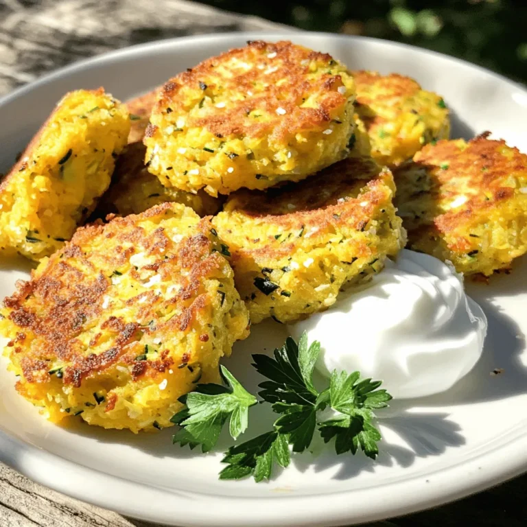 To make Mom's squash patties, you need simple and fresh ingredients. Here’s what you'll need: - 2 cups grated zucchini or yellow squash - 1 cup breadcrumbs - 1/2 cup grated parmesan cheese - 1/4 cup finely chopped onion - 2 cloves garlic, minced - 2 large eggs - 1 teaspoon dried oregano - 1/2 teaspoon salt - 1/4 teaspoon black pepper - 1/4 cup fresh parsley, chopped (optional) - Olive oil for frying Each ingredient brings its own flavor and texture. The grated squash adds moisture and sweetness. The breadcrumbs help bind the mix and give a nice crunch. Parmesan cheese adds a salty, nutty taste that enhances the overall flavor. Onions and garlic give depth and aroma. The eggs act as a binder to hold everything together. Oregano, salt, and pepper bring out the best in the squash. Finally, parsley adds a fresh touch if you choose to use it. You can find the full recipe for these tasty patties below. Enjoy gathering these ingredients and let’s get cooking! To start, you need to grate the zucchini or yellow squash. Use a box grater for this task. Grate until you have about two cups. It’s simple and quick! Once you have the grated squash, the next step is very important. Place it in a clean kitchen towel and squeeze out the extra moisture. This helps make your patties crispy. If you skip this, the patties may turn out soggy. Now it's time to mix all the ingredients in a big bowl. Add the grated squash, breadcrumbs, parmesan cheese, chopped onion, minced garlic, eggs, oregano, salt, pepper, and parsley if you want. Mix everything well. The right texture is key. You want it to be moist but not watery. If the mixture seems too wet, add a little more breadcrumbs. This will help the patties hold their shape. Next, heat a large skillet over medium heat. Add olive oil to coat the bottom of the pan. Make sure the oil is hot before you add the patties. Now, scoop about 1/4 cup of the mixture and form it into a patty with your hands. Carefully place it in the skillet. Don’t overcrowd the pan; leave space between each patty. Fry the patties for 4-5 minutes on each side. You want them golden brown and crispy. Adjust the heat if needed to avoid burning. Once they are done, take them out of the skillet and put them on a paper towel-lined plate. This helps soak up any extra oil. Repeat this until you use up all the mixture. For the full recipe, refer to the section above. Enjoy your cooking! To make sure your patties are crispy, start with dry squash. After grating the zucchini or yellow squash, squeeze out all the water. This step is key to avoiding sogginess. Next, pay attention to the frying temperature. Heat the oil over medium heat. Too low, and the patties will soak up oil. Too high, and they will burn. A good test is to drop a small piece of batter in the oil. If it sizzles, the oil is ready. Boost the flavor of your patties with herbs and spices. Try adding fresh basil, thyme, or even a pinch of cumin. These can change the taste and make them more exciting. You can also switch up the cheese. Instead of parmesan, use feta or cheddar. Each cheese brings its own twist to the dish, so feel free to experiment. When serving your squash patties, pair them with a tasty dip. Yogurt or sour cream work great. You can also try salsa or a spicy aioli for a kick. For gatherings, serve the patties in a fun way. Arrange them on a platter with colorful veggies. This adds a nice touch and makes them look great. You can even make a mini slider with a small patty and a bun for a party-friendly option. For the complete recipe, check out the Full Recipe link. {{image_2}} You can make Mom's Squash Patties even better with some easy swaps. If you need gluten-free options, use crushed rice cakes or almond flour instead of breadcrumbs. They work great and keep the texture nice. For a vegan twist, try flax eggs. Mix one tablespoon of flaxseed meal with three tablespoons of water and let it sit. This will replace one egg. For cheese, use nutritional yeast or a vegan cheese substitute. Both options provide a cheesy flavor without the dairy. Don’t be afraid to mix things up with seasonal vegetables! Carrots, bell peppers, or even spinach can add new flavors and colors. You can also add cooked proteins like shredded chicken or crumbled sausage. This will make the patties heartier and more filling, perfect for lunch or dinner. Want to give your patties an international flair? Add spices like cumin for a Mexican vibe or fresh basil for a Mediterranean taste. You can also adjust your ingredients based on cultural preferences. For instance, use feta cheese and sun-dried tomatoes for a Greek twist. These changes can make the dish unique while still keeping its core charm. For the full recipe, check out [Full Recipe]. Enjoy experimenting! To store leftover squash patties, let them cool first. Place them in an airtight container. This keeps them fresh and prevents drying out. When you want to eat them again, reheat them in a skillet. Use medium heat for best results. This makes them crispy again, just like when you first made them. If you want to save them for later, freezing works well. First, let the patties cool completely. Then, place them in a single layer on a baking sheet. Freeze them for about an hour. Once they are firm, transfer them to a freezer-safe bag. Remove as much air as you can. To thaw, place them in the fridge overnight. You can also reheat them straight from the freezer. Just add a few extra minutes on the heat. In the fridge, squash patties last about 3-5 days. Check for signs of spoilage, like an off smell or mold. If you see any, toss them out. To keep your patties fresh, always store them properly. This way, you can enjoy Mom's squash patties longer. To make Mom's squash patties crispier, focus on a few key tips. First, remove excess moisture from the grated squash. After grating, use a clean kitchen towel to squeeze out the water. This step is vital. The less moisture, the crispier the patties. Next, consider your frying method. Use enough olive oil in the skillet to create a nice layer. Heat the oil to medium-high before adding the patties. If the oil isn't hot enough, the patties can absorb too much oil, making them soggy. Fry them in batches to avoid overcrowding. This helps maintain the oil temperature and ensures even cooking. Yes, you can use other vegetables! Zucchini and yellow squash are popular, but carrots, sweet potatoes, or even grated cauliflower work well. Just keep in mind that you should still remove excess moisture for the best texture. Each vegetable will bring its own flavor, so feel free to experiment. Mom's squash patties shine when served warm. Pair them with a dollop of yogurt or sour cream for a refreshing touch. You can also garnish with parsley or a slice of lemon for added color. As for side dishes, a simple salad or roasted vegetables complement these patties nicely. A light beverage, like iced tea or lemonade, works great too. For the complete recipe for Mom's Squash Patties, check out the [Full Recipe]. In this blog post, we explored how to make delicious squash patties. We discussed the key ingredients, preparation steps, and cooking tips that lead to crispy, flavorful patties. You have learned about variations and storage methods to keep them fresh. Remember, these patties can be customized to suit your taste. Experiment with herbs, different vegetables, and cooking styles to make them your own. Enjoy making and sharing this dish with friends and family!