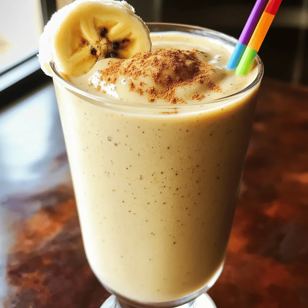 When making the Chai Spice Banana Smoothie, gather these tasty ingredients: - 2 ripe bananas, frozen - 1 cup almond milk (or any milk of choice) - 1 teaspoon chai spice mix (cinnamon, cardamom, ginger, and cloves) - 1 tablespoon honey or maple syrup (optional for sweetness) - 1 tablespoon almond butter (or peanut butter) - 1/2 teaspoon vanilla extract - A pinch of salt - Ice cubes (optional, for a thicker texture) These ingredients blend to create a creamy, flavorful drink. The bananas add sweetness and creaminess. Almond milk keeps it light and dairy-free. The chai spice mix brings warmth and depth. You can adjust the sweetness with honey or maple syrup. Almond butter adds healthy fats and a nutty taste. A pinch of salt rounds out the flavors nicely. If you want a thicker smoothie, toss in some ice cubes. For the full experience, follow the Full Recipe to make this delicious drink. Enjoy it for breakfast or as a snack! - Peel and prepare bananas. Cut them into smaller chunks for easier blending. - Measure and add 1 cup of almond milk to the blender. You can use any milk you like. - Incorporate 1 teaspoon of chai spice mix into the blender. This mix adds warmth and flavor. - Add 1 tablespoon of honey or maple syrup for sweetness. Include 1 tablespoon of almond butter for creaminess. - Blend the mixture on high speed until it is smooth. If it needs more thickness, add ice cubes. - Blend again to reach your desired texture. - Taste the smoothie. Adjust the sweetness or spice level if needed. - Pour the smoothie into a tall glass. Give it a gentle stir to mix in any spices that settled. This process makes a delicious Chai Spice Banana Smoothie. For the full recipe, refer to the earlier section. Enjoy your creation! Using frozen bananas makes your smoothie thick and creamy. They add natural sweetness too. If you want a different spice level, adjust the chai mix to your taste. Start with one teaspoon. Taste and add more if needed. You control the flavor! For a fun presentation, serve your smoothie in clear glasses. This lets the beautiful color shine through. You can sprinkle more chai spice on top. Add banana slices on the rim for decoration. A colorful straw can make it look even more inviting! Lumps can ruin your smoothie. Make sure to blend long enough to get a smooth mix. If it’s too thick, add more almond milk. For the best result, keep blending until you reach the right consistency. You want a creamy treat, not a chunky drink. For the full recipe, check out the instructions above! {{image_2}} You can easily swap out ingredients in your Chai Spice Banana Smoothie. For milk, try oat or coconut instead of almond. Each type of milk brings a unique taste. You can also use whole milk if you prefer. When it comes to nut butter, almond butter is great, but cashew or sunflower seed butter works too. Each nut butter adds its own flavor and creaminess. Want to boost the nutrition? Add spinach or kale to your smoothie. These greens mix well with bananas and add vitamins. You won't even taste them! If you need more protein, mix in some protein powder. This is great for a filling breakfast. Just a scoop makes your smoothie more nutritious. For sweetness, try natural options like agave or stevia. These can make your smoothie sweeter without extra sugar. You can also adjust the sweetness based on how ripe your bananas are. Riper bananas are sweeter. Taste your smoothie and add more sweetener if needed. For the full recipe, check out the detailed instructions above. To keep your Chai Spice Banana Smoothie fresh, store it in the fridge. Use an airtight container. This helps prevent air from spoiling the taste. If you have leftover smoothie, drink it within 24 hours for the best flavor. For longer storage, freeze your smoothie. Pour it into ice cube trays or muffin tins. This makes it easy to grab a portion later. For the best taste and texture, drink your smoothie within 1-2 days if refrigerated. If frozen, it can last up to 3 months. Look for signs to discard the smoothie. If it smells funny or has a strange color, it's time to toss it. Trust your senses; they are usually right. To thaw your frozen smoothie, place it in the fridge overnight. This keeps it cold as it thaws. You can also use the microwave. Set it to low and heat in short bursts. Stir in between to get a smooth texture. If it separates after thawing, blend it a little. This helps recapture that creamy texture you love. Enjoy this nutritious and tasty blend any time! For the full recipe, check out the recipe section. To make this smoothie vegan, swap honey for maple syrup. Use almond milk or coconut milk instead of regular milk. Both changes keep the taste and texture great while making it plant-based. Yes, you can use fresh bananas. However, frozen bananas make the smoothie creamier and colder. Fresh bananas create a thinner texture and may lack the chill of frozen ones. If you use fresh, add a few ice cubes to help cool it down. Chai spices offer many health benefits. Here are a few: - Cinnamon: Helps regulate blood sugar and has anti-inflammatory properties. - Cardamom: Aids digestion and freshens breath. - Ginger: Can soothe nausea and reduce muscle pain. - Cloves: Packed with antioxidants and may improve liver health. These spices not only add flavor but also boost your wellness. Enjoy this tasty blend while reaping the benefits! You can find the full recipe above. This smoothie recipe is simple and fun. You need just a few ingredients and easy steps. Frozen bananas add creaminess, while chai spices bring warmth. You can adjust sweetness to your taste and even customize flavors with different ingredients. Remember to store extras properly to keep them fresh. Enjoy this treat for breakfast or a snack. I hope you enjoy making your Chai Spice Banana Smoothie as much as I do!