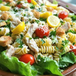 To make a tasty Chicken Caesar Pasta Salad, you need these key items: - 8 oz fusilli pasta - 1 cup cooked chicken breast, diced - 1 cup romaine lettuce, chopped - 1/2 cup cherry tomatoes, halved - 1/4 cup grated Parmesan cheese - 1/4 cup Caesar dressing - 2 tablespoons lemon juice - 1 teaspoon garlic powder - Salt and pepper to taste - 1/4 cup croutons (for garnish) - Fresh parsley, chopped (for garnish) These ingredients come together to create a meal that bursts with flavor. For an extra touch, consider these optional ingredients: - Avocado slices for creaminess - Bacon bits for a crispy bite - Red onion for added crunch - Black olives for a salty kick These add-ons can boost the taste and make each bite more exciting. Choosing the right brands can elevate your salad. Here are some I recommend: - For Caesar dressing, try Ken's Steakhouse or Annie's Organic. Both offer great taste. - For pasta, Barilla and De Cecco are top choices. Their fusilli cooks well and holds sauce nicely. Using quality brands makes a big difference in your Chicken Caesar Pasta Salad. You can find the full recipe to guide you through the cooking process. Start by boiling a large pot of water. Add salt to the water for flavor. Once it boils, add 8 oz of fusilli pasta. Cook it for about 8 to 10 minutes or until it is al dente. Drain the pasta and rinse it under cold water. This stops the cooking process and helps cool the pasta. If you have leftover chicken, chop it into small pieces. If not, season fresh chicken breast with salt, pepper, and garlic powder. Grill or sauté the chicken for about 6 to 8 minutes, until it is fully cooked. Let it cool, then chop it into bite-sized chunks. In a big mixing bowl, add the cooled fusilli pasta, diced chicken, 1 cup of chopped romaine lettuce, and 1/2 cup of halved cherry tomatoes. This mix creates a great base for your salad. Stir gently to combine everything well. In a small bowl, whisk together 1/4 cup of Caesar dressing and 2 tablespoons of lemon juice. This dressing adds a tangy flavor to your salad. Make sure it is well mixed so every bite is tasty. Pour the dressing over the salad mixture. Toss gently to coat all the ingredients evenly. Taste it and add salt and pepper if you want more flavor. Finally, sprinkle 1/4 cup of grated Parmesan cheese and 1/4 cup of croutons on top. Garnish with chopped parsley for a fresh look. Serve it right away for the best taste. Enjoy your delicious Chicken Caesar Pasta Salad! For the full recipe, check out the details above. To get the best flavor in your Chicken Caesar Pasta Salad, use fresh ingredients. Fresh romaine and juicy cherry tomatoes add great taste. When you cook your chicken, season it well. A sprinkle of salt and pepper enhances the chicken's natural flavor. Adding lemon juice to your dressing brightens the dish. It gives a nice zing that wakes up the taste buds. A common mistake is overcooking the pasta. Fusilli should be al dente, firm yet tender. If you cook it too long, it becomes mushy. Another mistake is using too much dressing. This can drown out the flavors of the ingredients. Start with a little dressing, toss, and add more if needed. Finally, don’t forget to add the cheese and croutons last. This keeps them crunchy and flavorful. Leftovers from this salad can be a joy. If you have extra chicken, toss it into a wrap or sandwich. Use leftover pasta in a cold pasta dish with some veggies. You can also mix it into a soup for added flavor. Store any remaining salad in the fridge. Keep the dressing separate until you are ready to eat. This keeps the salad fresh and crisp. For the full recipe, check out the detailed guide above! {{image_2}} If you want a vegetarian twist, skip the chicken. Instead, add chickpeas or tofu. These options give you protein and texture. You can also toss in some grilled vegetables, like zucchini or bell peppers. They add great flavor and color. A sprinkle of nutritional yeast can mimic the cheesy taste of Parmesan. This variation is still creamy and satisfying, perfect for any meal. Want more protein in your salad? Consider adding shrimp or salmon. Both pair well with Caesar flavors. You could also try adding hard-boiled eggs for a creamy touch. For a twist, mix in some bacon bits. They add crunch and smokiness. Each option boosts protein and makes the dish more filling. While Caesar dressing is classic, feel free to experiment. Try Greek yogurt dressing for a lighter option. It keeps the creaminess but cuts calories. A balsamic vinaigrette offers a tangy kick. It changes the whole flavor profile. For a spicy twist, use chipotle dressing. These changes keep your salad fresh and fun. You can always find a new favorite combo! For the full recipe, check out the Lemony Chicken Caesar Pasta Salad. To keep your Chicken Caesar Pasta Salad fresh, store it in an airtight container. This helps prevent air from getting in and keeps the flavors intact. Make sure it cools before sealing. If you plan to serve it later, avoid adding croutons until just before serving. This keeps them crunchy. When stored properly, your Chicken Caesar Pasta Salad lasts about 3 to 4 days in the fridge. Always check for any off smells or changes in color. If it looks or smells odd, it’s best to toss it. Freezing Chicken Caesar Pasta Salad is not the best option. The pasta and dressing can change texture when thawed. If you must freeze it, separate the pasta and chicken from the dressing. Store each in a freezer-safe bag. It can last up to 2 months. When ready to eat, thaw in the fridge overnight. Mix with fresh dressing before serving for the best taste. For a delicious Chicken Caesar Pasta Salad, refer to the Full Recipe above for the best results. If you want a change, try ranch or blue cheese dressing. Both add creamy flavors. You can also make a homemade dressing with yogurt, lemon, and garlic. This gives a fresh twist. Yes! You can swap fusilli for penne, rotini, or even whole wheat pasta. Each type adds a unique texture. Choose what you have at home or what you like best. Just cook it al dente to keep it firm. This salad can be healthy! It has lean chicken, fresh veggies, and whole grain pasta. You can reduce calories by using light dressing or less cheese. Adding more greens boosts the vitamins. Enjoy it as a meal or side dish. In this blog post, we covered how to make a delicious Chicken Caesar Pasta Salad. We looked at the key ingredients, step-by-step cooking instructions, and handy tips to enhance flavor. I shared ways to adapt the recipe, from vegetarian options to various dressings. Storing leftovers is also easy with the right practices. Remember, cooking should be fun and simple! You can enjoy this dish any time with the tips we've discussed. So, gather your ingredients and dive into this tasty meal!