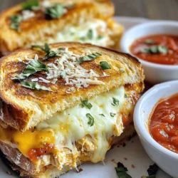 Here is what you need to make Lazy Chicken Parmesan Grilled Cheese: - 2 slices of sourdough bread - 1 cup cooked chicken, shredded (rotisserie chicken works great) - 1 cup marinara sauce - 1 cup shredded mozzarella cheese - ¼ cup grated Parmesan cheese - 1 tablespoon olive oil - 1 teaspoon garlic powder - 1 teaspoon Italian seasoning - Salt and pepper, to taste - Optional garnishes like fresh basil These simple ingredients create a tasty and hearty meal. Sourdough bread gives a nice crunch. The chicken adds protein and flavor. Marinara sauce brings in that classic Italian taste. Mozzarella melts beautifully, making it gooey and satisfying. Parmesan cheese adds a salty kick. Olive oil helps the bread crisp up nicely. Feel free to personalize this dish. You can add different herbs or spices. Maybe sprinkle some crushed red pepper for heat. The optional garnishes can brighten up your plate and make it look fancy. Explore these ideas and enjoy this easy meal! For the full recipe, check out Lazy Chicken Parmesan Grilled Cheese. - Preheat Skillet Start by heating a skillet over medium heat. Add one tablespoon of olive oil to the skillet. This oil helps create a nice, crispy crust. - Mix Chicken and Marinara In a bowl, combine one cup of shredded chicken with one cup of marinara sauce. Add one teaspoon of garlic powder, one teaspoon of Italian seasoning, and a pinch of salt and pepper. Mix well until everything is coated. - Assemble the Sandwich Take two slices of sourdough bread. Place one slice in the skillet. Layer half of the mozzarella cheese on top. Add the chicken mixture and then the rest of the mozzarella. Finally, sprinkle ¼ cup of grated Parmesan cheese on top. Cover with the second slice of bread. - Grilling the First Side Grill the sandwich for about 3-4 minutes. Keep an eye on it. You want the bread to turn golden brown and crispy. - Flipping the Sandwich Carefully flip the sandwich using a spatula. Grill the other side for another 3-4 minutes. This will melt the cheese and make the bread crispy. - Final Touches Once both sides are golden and the cheese is melty, remove the sandwich from the skillet. Let it sit for a minute. This helps with the melting and makes it easier to slice. For the full recipe, check out the Lazy Chicken Parmesan Grilled Cheese. Enjoy your meal! Adjusting Heat Settings Start by preheating your skillet over medium heat. This keeps the bread from burning. If you notice the bread browning too fast, lower the heat. A steady heat cooks the chicken and melts the cheese well. Achieving Optimal Crispiness To get that perfect crunch, use enough olive oil. It helps the bread crisp up nicely. Flip the sandwich gently to keep everything inside. Let it grill until golden brown on both sides. Enhancing with Fresh Herbs Fresh herbs add a lot to this dish. A sprinkle of basil or parsley brightens the flavors. You can add them before grilling or as a garnish after. Choosing Quality Ingredients Using good ingredients makes a big difference. Fresh sourdough bread gives a great base. Quality mozzarella melts perfectly, while fresh marinara enhances taste. For the full recipe, be sure to include the best ingredients you can find. {{image_2}} You can change the bread for your Lazy Chicken Parmesan Grilled Cheese. Here are some options: - Whole Wheat Bread: Adds a nutty taste. - Ciabatta: Gives a crusty outside and soft inside. - Gluten-Free Bread: Perfect for gluten-free folks. For cheese, mozzarella is great, but you can try: - Provolone: Adds a sharp flavor. - Cheddar: For a tangy twist. - Fontina: Melts beautifully and adds creaminess. Want to kick it up a notch? Add some veggies: - Spinach: Mix in for a pop of green. - Roasted Red Peppers: Adds sweetness and color. - Mushrooms: Earthy flavor that pairs well. You can also spice things up with: - Red Pepper Flakes: For heat lovers. - Pesto: A fresh twist with herbs. - Olive Tapenade: For a briny burst. These swaps and additions make this meal even more fun! You can find the full recipe in the main article to help guide your cooking. - Refrigeration Tips: Once you finish your meal, let the sandwich cool. Wrap it tightly in plastic wrap or place it in an airtight container. Store it in the fridge. It will stay fresh for up to three days. - Reheating Options: To reheat, use a skillet over low heat. Place the sandwich in the skillet and cover. Cook for about five minutes on each side. This keeps the bread crispy and the cheese melty. - Best Practices for Freezing: If you want to freeze your Lazy Chicken Parmesan Grilled Cheese, wrap it well in foil. Then, place the foil-wrapped sandwich in a freezer bag. This helps prevent freezer burn. You can freeze it for up to one month. - Thawing Instructions: To thaw, take the sandwich out of the freezer and place it in the fridge overnight. Once thawed, reheat it in a skillet or oven. This way, you will enjoy it just like fresh! Can I use store-bought chicken? Yes, you can use store-bought chicken. Rotisserie chicken works very well. It saves time and adds great flavor. Just shred it before mixing with the sauce. How do I make it gluten-free? To make this dish gluten-free, use gluten-free bread. Many brands offer tasty options. Check labels to ensure they are certified gluten-free. Can I prepare this recipe in advance? You can prep the chicken and sauce ahead. Store them in the fridge for up to two days. When ready, just assemble and grill the sandwich. What can I serve with Lazy Chicken Parmesan Grilled Cheese? Serve this sandwich with a side of marinara sauce for dipping. A simple green salad also pairs nicely. You can add chips or fries for extra crunch. For the full recipe, check out the section above. This blog post covered how to make a delicious Lazy Chicken Parmesan Grilled Cheese. We talked about the key ingredients, step-by-step instructions, and cooking tips. You learned how to enhance flavors and try new variations. Plus, we discussed storage and answered common questions. Now you can easily create this tasty sandwich. Enjoy experimenting with the recipe and making it your own. Happy cooking!