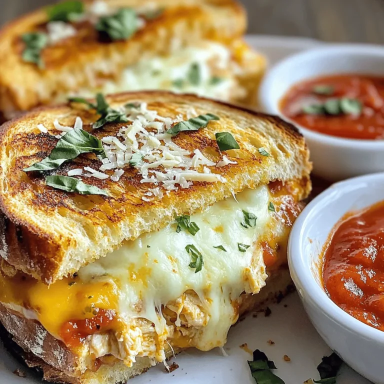 Here is what you need to make Lazy Chicken Parmesan Grilled Cheese: - 2 slices of sourdough bread - 1 cup cooked chicken, shredded (rotisserie chicken works great) - 1 cup marinara sauce - 1 cup shredded mozzarella cheese - ¼ cup grated Parmesan cheese - 1 tablespoon olive oil - 1 teaspoon garlic powder - 1 teaspoon Italian seasoning - Salt and pepper, to taste - Optional garnishes like fresh basil These simple ingredients create a tasty and hearty meal. Sourdough bread gives a nice crunch. The chicken adds protein and flavor. Marinara sauce brings in that classic Italian taste. Mozzarella melts beautifully, making it gooey and satisfying. Parmesan cheese adds a salty kick. Olive oil helps the bread crisp up nicely. Feel free to personalize this dish. You can add different herbs or spices. Maybe sprinkle some crushed red pepper for heat. The optional garnishes can brighten up your plate and make it look fancy. Explore these ideas and enjoy this easy meal! For the full recipe, check out Lazy Chicken Parmesan Grilled Cheese. - Preheat Skillet Start by heating a skillet over medium heat. Add one tablespoon of olive oil to the skillet. This oil helps create a nice, crispy crust. - Mix Chicken and Marinara In a bowl, combine one cup of shredded chicken with one cup of marinara sauce. Add one teaspoon of garlic powder, one teaspoon of Italian seasoning, and a pinch of salt and pepper. Mix well until everything is coated. - Assemble the Sandwich Take two slices of sourdough bread. Place one slice in the skillet. Layer half of the mozzarella cheese on top. Add the chicken mixture and then the rest of the mozzarella. Finally, sprinkle ¼ cup of grated Parmesan cheese on top. Cover with the second slice of bread. - Grilling the First Side Grill the sandwich for about 3-4 minutes. Keep an eye on it. You want the bread to turn golden brown and crispy. - Flipping the Sandwich Carefully flip the sandwich using a spatula. Grill the other side for another 3-4 minutes. This will melt the cheese and make the bread crispy. - Final Touches Once both sides are golden and the cheese is melty, remove the sandwich from the skillet. Let it sit for a minute. This helps with the melting and makes it easier to slice. For the full recipe, check out the Lazy Chicken Parmesan Grilled Cheese. Enjoy your meal! Adjusting Heat Settings Start by preheating your skillet over medium heat. This keeps the bread from burning. If you notice the bread browning too fast, lower the heat. A steady heat cooks the chicken and melts the cheese well. Achieving Optimal Crispiness To get that perfect crunch, use enough olive oil. It helps the bread crisp up nicely. Flip the sandwich gently to keep everything inside. Let it grill until golden brown on both sides. Enhancing with Fresh Herbs Fresh herbs add a lot to this dish. A sprinkle of basil or parsley brightens the flavors. You can add them before grilling or as a garnish after. Choosing Quality Ingredients Using good ingredients makes a big difference. Fresh sourdough bread gives a great base. Quality mozzarella melts perfectly, while fresh marinara enhances taste. For the full recipe, be sure to include the best ingredients you can find. {{image_2}} You can change the bread for your Lazy Chicken Parmesan Grilled Cheese. Here are some options: - Whole Wheat Bread: Adds a nutty taste. - Ciabatta: Gives a crusty outside and soft inside. - Gluten-Free Bread: Perfect for gluten-free folks. For cheese, mozzarella is great, but you can try: - Provolone: Adds a sharp flavor. - Cheddar: For a tangy twist. - Fontina: Melts beautifully and adds creaminess. Want to kick it up a notch? Add some veggies: - Spinach: Mix in for a pop of green. - Roasted Red Peppers: Adds sweetness and color. - Mushrooms: Earthy flavor that pairs well. You can also spice things up with: - Red Pepper Flakes: For heat lovers. - Pesto: A fresh twist with herbs. - Olive Tapenade: For a briny burst. These swaps and additions make this meal even more fun! You can find the full recipe in the main article to help guide your cooking. - Refrigeration Tips: Once you finish your meal, let the sandwich cool. Wrap it tightly in plastic wrap or place it in an airtight container. Store it in the fridge. It will stay fresh for up to three days. - Reheating Options: To reheat, use a skillet over low heat. Place the sandwich in the skillet and cover. Cook for about five minutes on each side. This keeps the bread crispy and the cheese melty. - Best Practices for Freezing: If you want to freeze your Lazy Chicken Parmesan Grilled Cheese, wrap it well in foil. Then, place the foil-wrapped sandwich in a freezer bag. This helps prevent freezer burn. You can freeze it for up to one month. - Thawing Instructions: To thaw, take the sandwich out of the freezer and place it in the fridge overnight. Once thawed, reheat it in a skillet or oven. This way, you will enjoy it just like fresh! Can I use store-bought chicken? Yes, you can use store-bought chicken. Rotisserie chicken works very well. It saves time and adds great flavor. Just shred it before mixing with the sauce. How do I make it gluten-free? To make this dish gluten-free, use gluten-free bread. Many brands offer tasty options. Check labels to ensure they are certified gluten-free. Can I prepare this recipe in advance? You can prep the chicken and sauce ahead. Store them in the fridge for up to two days. When ready, just assemble and grill the sandwich. What can I serve with Lazy Chicken Parmesan Grilled Cheese? Serve this sandwich with a side of marinara sauce for dipping. A simple green salad also pairs nicely. You can add chips or fries for extra crunch. For the full recipe, check out the section above. This blog post covered how to make a delicious Lazy Chicken Parmesan Grilled Cheese. We talked about the key ingredients, step-by-step instructions, and cooking tips. You learned how to enhance flavors and try new variations. Plus, we discussed storage and answered common questions. Now you can easily create this tasty sandwich. Enjoy experimenting with the recipe and making it your own. Happy cooking!