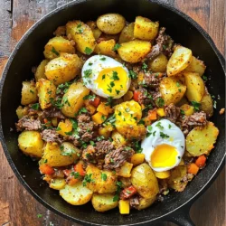 - 2 cups cooked corned beef, chopped - 3 medium potatoes, peeled and diced - 1 medium onion, finely chopped - 1 bell pepper (red or green), diced - 2 cloves garlic, minced - 2 tablespoons olive oil - 1 teaspoon smoked paprika - ½ teaspoon black pepper - ½ teaspoon salt (or to taste) These ingredients come together to create a savory dish. The cooked corned beef gives the hash a rich flavor. The potatoes add texture and heartiness. Aromatics like onion and bell pepper provide sweetness. Garlic brings depth to the dish. Smoked paprika enhances the overall taste, while salt and pepper balance the flavors. - 2 large eggs - Fresh parsley, chopped (for garnish) You can add eggs for a protein boost. They also make the dish feel more complete. Garnishing with fresh parsley adds a pop of color. It brightens the flavors and looks great on the plate. If you want to make your corned beef hash extra special, these add-ins are a must! Check the Full Recipe for more details. Preparing the potatoes Start by washing and peeling three medium potatoes. Dice them into small cubes. In a large pot, bring water to a boil. Add the diced potatoes and cook for about 10 minutes. You want them just tender, not mushy. Drain the potatoes and set them aside. This step ensures the potatoes cook evenly in the hash. Sautéing the aromatics Grab a large skillet and add two tablespoons of olive oil. Heat it over medium heat. Then, add one finely chopped onion and one diced bell pepper. Cook these for about five minutes. They should become soft and slightly translucent. This mix adds a rich flavor to your hash. Stir occasionally to avoid burning. Combining hash ingredients Now, it's time to bring it all together. Add the cooked potatoes and two cups of chopped cooked corned beef to the skillet. Stir all the ingredients gently. Let them cook for about 8 to 10 minutes. This step allows the corned beef to caramelize and the potatoes to crisp up. Keep an eye on it to get that perfect golden color. Optional egg addition If you love eggs, this step is for you! Create two small wells in the hash. Crack a large egg into each well. Cover the skillet and let it cook. In about 3 to 5 minutes, the eggs will set to your liking. This adds a wonderful touch and makes the dish more filling. Enjoy this simple and tasty recipe guide for corned beef hash! For the full recipe, check the earlier section. How to achieve crispy potatoes To get crispy potatoes, start with parboiling them. Boil for about 10 minutes until just tender. Drain and let them dry. This step helps them crisp up later. In a hot skillet, add olive oil and let it heat well. Add the potatoes in a single layer. Don’t stir them too much. Let them sit for a few minutes to develop a nice crust. Flip them only when they are golden brown. Perfectly caramelizing corned beef For great flavor, use a hot skillet for your corned beef. Add the chopped beef after the potatoes are crispy. Let it sit without moving it for a few minutes. This allows the beef to get that nice caramelized edge. Stir gently after that to mix the flavors. This method gives you a perfect blend of crispy and tender bites. Recommended spices Smoked paprika is a must for that deep, rich flavor. It adds a nice smoky touch. Black pepper and salt are essential for seasoning. You can also try a pinch of cayenne for some heat. If you like herbs, fresh thyme or rosemary can add a lovely aroma. Additional toppings and condiments Top your corned beef hash with fresh parsley for color and flavor. A fried egg on top adds richness and creaminess. Hot sauce is great for those who enjoy a spicy kick. You can also serve it with ketchup or mustard on the side. Each adds a nice twist to the dish. For the full recipe, check out the Corned Beef Hash Extravaganza 🥔. {{image_2}} You can easily switch up corned beef hash to fit your needs. If you want a meat-free option, try vegetarian corned beef hash. Use jackfruit or tempeh as a substitute for the corned beef. Both options have great texture and flavor. For those who want different meat alternatives, consider using turkey or chicken. These meats are leaner but still pack a punch when mixed with potatoes. You can even use leftover roast beef for a unique twist. Get creative with flavor by adding seasonal vegetables. Try adding zucchini, carrots, or spinach. These veggies not only add color but also extra nutrients. The more variety in your hash, the more enjoyable it becomes. You can also adjust the spice level to suit your taste. For a kick, add chopped jalapeños or a dash of hot sauce. If you prefer milder flavors, stick to black pepper and smoked paprika. Balancing the heat can make your dish exciting and fresh. Experiment with these variations to make your corned beef hash your own. The [Full Recipe] has all the details to get you started! To keep your corned beef hash fresh, follow these storage tips: - Allow the hash to cool to room temperature. - Place it in an airtight container. - Store it in the fridge for up to three days. Using glass containers works best. They seal tightly and make it easy to see what's inside. If you need to store it longer, consider freezing it. Just make sure to use freezer-safe containers. This will help keep the flavors intact. Reheating corned beef hash can be tricky. You want to keep the texture nice and crispy. Here’s how: - Use a skillet over low heat. This will warm it slowly and evenly. - Stir occasionally to avoid sticking. This helps keep the bottom from burning. - If you're in a hurry, use the microwave. Place the hash in a microwave-safe dish and cover it. Heat for about one minute, then stir and heat again as needed. For a quick touch-up, add a splash of water before microwaving. This keeps the hash moist. Enjoy your leftovers just as tasty as when you first made them! What can I substitute for corned beef? You can use several meats in place of corned beef. Some good options are: - Diced ham - Cooked brisket - Pulled pork These meats give you a similar taste. You can also go vegetarian and use mushrooms or tempeh. Can I freeze corned beef hash? Yes, you can freeze corned beef hash. Make sure it cools down first. Place the hash in an airtight container or freezer bag. It will last for up to three months. When you're ready to eat, thaw it overnight in the fridge before reheating. How long does it take to cook corned beef hash? Cooking corned beef hash takes about 25 to 30 minutes. Start by boiling the potatoes for about 10 minutes. Then, sauté the onions and peppers for 5 minutes. Finally, mix in all ingredients and let them cook together for 8 to 10 minutes. How do I know when the hash is fully cooked? You can tell the hash is done when the potatoes are crispy and golden brown. The corned beef should also get a nice caramelized look. If you add eggs, they should be cooked to your liking. A runny yolk is great for adding creaminess! You now know how to make a great corned beef hash. This dish uses cooked corned beef, potatoes, and tasty aromatics. You can add eggs and fresh herbs for extra flavor. Remember to cook the potatoes crispy and caramelize your meat for the best taste. Don’t hesitate to try variations with different veggies or spices. Store your leftovers well and reheat them properly to keep their texture. With these tips and techniques, you can enjoy a delicious meal at any time. Happy cooking!