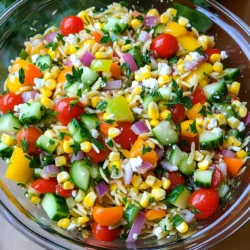 To make this colorful Rainbow Orzo Salad, you need: - 1 cup orzo pasta - 1 cup cherry tomatoes, halved - 1 cup cucumber, diced - 1 cup bell peppers (red, yellow, and green), diced - 1 cup corn kernels (fresh or frozen) - 1/2 cup red onion, finely chopped - 1/4 cup fresh parsley, chopped - 1/4 cup feta cheese, crumbled (optional) - 3 tablespoons olive oil - 2 tablespoons lemon juice - 1 teaspoon dried oregano - Salt and pepper to taste This Rainbow Orzo Salad is not only tasty but healthy too! Each serving provides: - Calories: Approximately 250 - Protein: 6g - Fat: 12g - Carbohydrates: 30g - Fiber: 3g - Sugars: 3g The salad is rich in vitamins A and C. The fresh veggies add to your daily nutrients. This salad is vegetarian and can be made gluten-free by using a gluten-free orzo. If you want it dairy-free, skip the feta cheese. It’s a great dish for picnics or gatherings. You can serve it as a side or main dish. The bright colors make it appealing for all ages. For the full recipe, check out the Rainbow Orzo Salad! To begin, boil water in a pot. Add a pinch of salt. Once the water is boiling, add 1 cup of orzo pasta. Cook the orzo for about 8-10 minutes. Stir it occasionally to prevent sticking. When it’s tender, drain the pasta. Rinse it under cold water to stop the cooking. Set the orzo aside in a bowl. While the pasta cooks, wash and chop your vegetables. Cut 1 cup of cherry tomatoes in half. Dice 1 cup of cucumber. Chop 1 cup of bell peppers into small pieces. Use red, yellow, and green for color. If using fresh corn, cut it off the cob. If using frozen corn, measure 1 cup and thaw it. Finely chop 1/2 cup of red onion. Lastly, chop 1/4 cup of fresh parsley. In a large mixing bowl, combine all the chopped veggies. Add the cooled orzo to this bowl. In a small bowl, whisk together 3 tablespoons of olive oil and 2 tablespoons of lemon juice. Add 1 teaspoon of dried oregano, salt, and pepper to taste. Pour the dressing over the orzo and vegetables. Toss everything well to mix. If you like, gently fold in 1/4 cup of crumbled feta cheese. Taste the salad and adjust the seasoning if needed. Chill in the fridge for at least 30 minutes. This helps the flavors blend. Enjoy your rainbow orzo salad! For the complete recipe, check the [Full Recipe]. The dressing makes or breaks this salad. Start with fresh olive oil and bright lemon juice. Use a whisk to blend them well. Add dried oregano, salt, and pepper for flavor. Taste the dressing before mixing it in. If it needs more zing, add a hint more lemon juice. Remember, you want a balance of tang and richness. This salad shines as a side dish. It pairs well with grilled chicken or fish. You can also serve it at picnics or cookouts. For a light lunch, add some protein like chickpeas or beans. This makes it hearty and filling. Serve it cold straight from the fridge for a refreshing bite. A beautiful presentation makes the meal special. Use a large, clear bowl to show off the salad's colors. Toss everything gently to keep vegetables whole. When ready to serve, top with extra parsley and feta. This adds a nice touch and color contrast. Consider using colorful serving utensils. It all adds to the fun of your Rainbow Orzo Salad. For the full recipe, check here: [Full Recipe]. {{image_2}} You can change up this salad in many ways. For more crunch, add nuts like almonds or walnuts. Want extra protein? Toss in chickpeas or grilled chicken. If you love spice, add diced jalapeños or a sprinkle of chili flakes. You can swap out the feta for goat cheese or leave it out for a vegan option. If you prefer whole grains, use whole wheat orzo. The key is to keep it colorful and fresh. This salad is great for many diets. You can make it gluten-free by using gluten-free orzo. For vegan needs, skip the feta and use a plant-based dressing. If you're watching carbs, try using cauliflower rice instead of orzo. You can also reduce the oil for a lighter version. Always check labels to ensure your ingredients meet your needs. You can adapt this salad to fit any season. In spring, add fresh peas or asparagus. In summer, throw in some diced zucchini or fresh basil for a burst of flavor. In fall, consider roasting butternut squash and adding it to the mix. In winter, you can use hearty greens like kale or spinach. Each season brings new flavors and textures to your Rainbow Orzo Salad. For the full recipe, check out the instructions above. To keep your Rainbow Orzo Salad fresh, store it in a tight container. Use a glass or plastic container with a lid. This helps keep the flavors intact and prevents spills. Make sure to chill it in the fridge. It will stay good for about 3 to 4 days. If you notice any change in smell or texture, toss it out. Freezing Rainbow Orzo Salad is not the best idea. The veggies can become mushy when thawed. If you want to freeze it, try to store only the pasta. You can freeze cooked orzo for up to 2 months. When you’re ready to eat, cook fresh veggies and mix them with thawed orzo. If you have leftovers, you can eat them cold or warm. To warm it up, place the salad in a microwave-safe dish. Heat it in short bursts, checking often to avoid overcooking. If the salad looks dry, add a splash of olive oil or lemon juice. This will help revive the flavors. Enjoy your Rainbow Orzo Salad just like the first day! Yes, you can make Rainbow Orzo Salad ahead of time. I often prepare it a day before. This allows the flavors to mix well. Just store it in a covered bowl in the fridge. The salad will taste even better after some time. You can add many vegetables to this salad. Here are some tasty options: - Zucchini - Carrots - Peas - Spinach - Broccoli - Radishes Feel free to mix and match to suit your taste. The more colors, the better! Rainbow Orzo Salad lasts about 3 to 5 days in the fridge. Make sure to keep it in a sealed container. If you notice any signs of spoilage, it’s best to toss it. Enjoy your salad at its freshest! For the full recipe, check the details above. In this blog post, I covered how to make a tasty Rainbow Orzo Salad. I shared the ingredients, cooking steps, and tips for a perfect dish. You learned about healthy options and how to store leftovers. Remember, you can change the recipe to suit your tastes. This salad is fun to make and great for meals or gatherings. Keep exploring new flavors to enjoy your cooking experience!