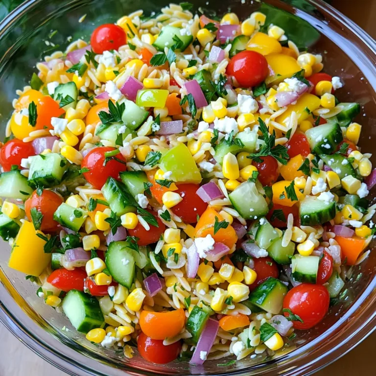 To make this colorful Rainbow Orzo Salad, you need: - 1 cup orzo pasta - 1 cup cherry tomatoes, halved - 1 cup cucumber, diced - 1 cup bell peppers (red, yellow, and green), diced - 1 cup corn kernels (fresh or frozen) - 1/2 cup red onion, finely chopped - 1/4 cup fresh parsley, chopped - 1/4 cup feta cheese, crumbled (optional) - 3 tablespoons olive oil - 2 tablespoons lemon juice - 1 teaspoon dried oregano - Salt and pepper to taste This Rainbow Orzo Salad is not only tasty but healthy too! Each serving provides: - Calories: Approximately 250 - Protein: 6g - Fat: 12g - Carbohydrates: 30g - Fiber: 3g - Sugars: 3g The salad is rich in vitamins A and C. The fresh veggies add to your daily nutrients. This salad is vegetarian and can be made gluten-free by using a gluten-free orzo. If you want it dairy-free, skip the feta cheese. It’s a great dish for picnics or gatherings. You can serve it as a side or main dish. The bright colors make it appealing for all ages. For the full recipe, check out the Rainbow Orzo Salad! To begin, boil water in a pot. Add a pinch of salt. Once the water is boiling, add 1 cup of orzo pasta. Cook the orzo for about 8-10 minutes. Stir it occasionally to prevent sticking. When it’s tender, drain the pasta. Rinse it under cold water to stop the cooking. Set the orzo aside in a bowl. While the pasta cooks, wash and chop your vegetables. Cut 1 cup of cherry tomatoes in half. Dice 1 cup of cucumber. Chop 1 cup of bell peppers into small pieces. Use red, yellow, and green for color. If using fresh corn, cut it off the cob. If using frozen corn, measure 1 cup and thaw it. Finely chop 1/2 cup of red onion. Lastly, chop 1/4 cup of fresh parsley. In a large mixing bowl, combine all the chopped veggies. Add the cooled orzo to this bowl. In a small bowl, whisk together 3 tablespoons of olive oil and 2 tablespoons of lemon juice. Add 1 teaspoon of dried oregano, salt, and pepper to taste. Pour the dressing over the orzo and vegetables. Toss everything well to mix. If you like, gently fold in 1/4 cup of crumbled feta cheese. Taste the salad and adjust the seasoning if needed. Chill in the fridge for at least 30 minutes. This helps the flavors blend. Enjoy your rainbow orzo salad! For the complete recipe, check the [Full Recipe]. The dressing makes or breaks this salad. Start with fresh olive oil and bright lemon juice. Use a whisk to blend them well. Add dried oregano, salt, and pepper for flavor. Taste the dressing before mixing it in. If it needs more zing, add a hint more lemon juice. Remember, you want a balance of tang and richness. This salad shines as a side dish. It pairs well with grilled chicken or fish. You can also serve it at picnics or cookouts. For a light lunch, add some protein like chickpeas or beans. This makes it hearty and filling. Serve it cold straight from the fridge for a refreshing bite. A beautiful presentation makes the meal special. Use a large, clear bowl to show off the salad's colors. Toss everything gently to keep vegetables whole. When ready to serve, top with extra parsley and feta. This adds a nice touch and color contrast. Consider using colorful serving utensils. It all adds to the fun of your Rainbow Orzo Salad. For the full recipe, check here: [Full Recipe]. {{image_2}} You can change up this salad in many ways. For more crunch, add nuts like almonds or walnuts. Want extra protein? Toss in chickpeas or grilled chicken. If you love spice, add diced jalapeños or a sprinkle of chili flakes. You can swap out the feta for goat cheese or leave it out for a vegan option. If you prefer whole grains, use whole wheat orzo. The key is to keep it colorful and fresh. This salad is great for many diets. You can make it gluten-free by using gluten-free orzo. For vegan needs, skip the feta and use a plant-based dressing. If you're watching carbs, try using cauliflower rice instead of orzo. You can also reduce the oil for a lighter version. Always check labels to ensure your ingredients meet your needs. You can adapt this salad to fit any season. In spring, add fresh peas or asparagus. In summer, throw in some diced zucchini or fresh basil for a burst of flavor. In fall, consider roasting butternut squash and adding it to the mix. In winter, you can use hearty greens like kale or spinach. Each season brings new flavors and textures to your Rainbow Orzo Salad. For the full recipe, check out the instructions above. To keep your Rainbow Orzo Salad fresh, store it in a tight container. Use a glass or plastic container with a lid. This helps keep the flavors intact and prevents spills. Make sure to chill it in the fridge. It will stay good for about 3 to 4 days. If you notice any change in smell or texture, toss it out. Freezing Rainbow Orzo Salad is not the best idea. The veggies can become mushy when thawed. If you want to freeze it, try to store only the pasta. You can freeze cooked orzo for up to 2 months. When you’re ready to eat, cook fresh veggies and mix them with thawed orzo. If you have leftovers, you can eat them cold or warm. To warm it up, place the salad in a microwave-safe dish. Heat it in short bursts, checking often to avoid overcooking. If the salad looks dry, add a splash of olive oil or lemon juice. This will help revive the flavors. Enjoy your Rainbow Orzo Salad just like the first day! Yes, you can make Rainbow Orzo Salad ahead of time. I often prepare it a day before. This allows the flavors to mix well. Just store it in a covered bowl in the fridge. The salad will taste even better after some time. You can add many vegetables to this salad. Here are some tasty options: - Zucchini - Carrots - Peas - Spinach - Broccoli - Radishes Feel free to mix and match to suit your taste. The more colors, the better! Rainbow Orzo Salad lasts about 3 to 5 days in the fridge. Make sure to keep it in a sealed container. If you notice any signs of spoilage, it’s best to toss it. Enjoy your salad at its freshest! For the full recipe, check the details above. In this blog post, I covered how to make a tasty Rainbow Orzo Salad. I shared the ingredients, cooking steps, and tips for a perfect dish. You learned about healthy options and how to store leftovers. Remember, you can change the recipe to suit your tastes. This salad is fun to make and great for meals or gatherings. Keep exploring new flavors to enjoy your cooking experience!