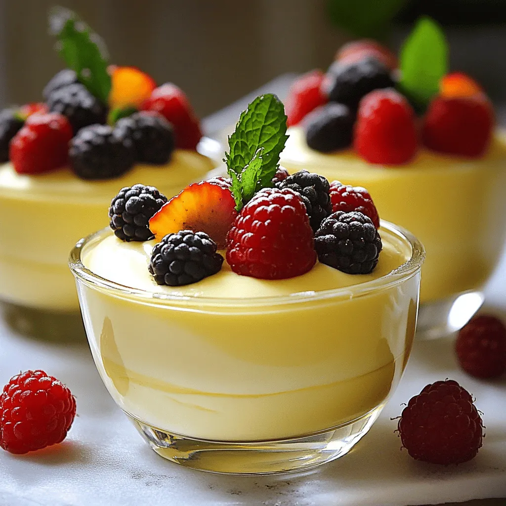 - 2 cups heavy whipping cream - 1 cup sweetened condensed milk - 2 teaspoons pure vanilla extract - 1 teaspoon unflavored gelatin powder - 3 tablespoons cold water - 1/4 cup powdered sugar - A pinch of salt - Fresh berries (for garnish) - Mint leaves (for garnish) Getting the right ingredients is key for making heavenly vanilla mousse. The main ingredients give it a creamy base. Heavy whipping cream adds richness. Sweetened condensed milk sweetens the mousse nicely. Pure vanilla extract brings a warm flavor that makes this dessert special. You also need a few other items. Unflavored gelatin powder helps the mousse hold its shape. Cold water helps bloom the gelatin. Powdered sugar gives extra sweetness. A pinch of salt balances all the flavors. Finally, fresh berries and mint leaves make great toppings for your mousse. For the full recipe and instructions, check out the detailed guide. Blooming the gelatin To start, you need to bloom the gelatin. In a small bowl, mix the unflavored gelatin powder with cold water. Let it sit for about 5 minutes. This step helps the gelatin absorb water and grow soft. You will notice it thickens and becomes jelly-like. Dissolving the gelatin Next, gently warm the bloomed gelatin. Place it in a saucepan over low heat. Stir until it dissolves completely. This step is key for smooth mousse. Once it’s clear, remove it from heat and set it aside to cool. Whipping the heavy cream In a large mixing bowl, whip the heavy whipping cream with powdered sugar. Use a hand mixer or whisk. Beat until soft peaks form. Be careful not to overbeat. You want it to be fluffy and light, not stiff. Folding in the sweetened condensed milk Now, add sweetened condensed milk and pure vanilla extract to the whipped cream. Gently fold the mixture together. Use a spatula to combine. Make sure everything is mixed well but keep that fluffy texture. Incorporating the gelatin Now it’s time to fold in the dissolved gelatin. Gently mix it into the cream mixture. This adds stability to the mousse. Make sure you blend it well without losing the airiness. Dividing the mousse into serving cups Finally, divide the mousse mixture into serving cups or bowls. Use a spoon or a scoop for even portions. Refrigerate these for at least 2 hours. This time helps the mousse set and become creamy. Enjoy your Heavenly Vanilla Mousse Dessert! For the Full Recipe, refer back to the ingredients section. To make a great vanilla mousse, texture is key. You must not overbeat the cream. Overbeating makes it heavy and grainy. Instead, stop when soft peaks form. This ensures your mousse stays light and airy. For fluffy consistency, whip the heavy cream slowly at first. Increase speed only when it starts to thicken. Gently fold in the sweetened condensed milk. Use a spatula and a gentle hand. This helps keep the air bubbles intact. When adding the gelatin, do it slowly and carefully. This keeps your mousse fluffy without losing volume. Presentation matters, and garnishing adds flair. Fresh berries on top look beautiful. They also add a burst of flavor. Mint leaves are another great choice. They bring a pop of color and freshness. Use elegant glassware to show off the mousse's creamy layers. Clear cups or small bowls work well. They let you see the lovely texture inside. You can even layer the mousse with berries for added color. Enjoy your lovely dessert! For the full recipe, check the above sections. {{image_2}} You can easily switch up the flavor of your vanilla mousse. Here are two fun ideas: - Chocolate vanilla mousse: Start by melting 4 ounces of dark chocolate. Mix this melted chocolate into the whipped cream after you fold in the sweetened condensed milk. This adds a rich chocolate layer to the mousse. It tastes amazing and looks beautiful! - Citrus-infused vanilla mousse: Add zest from one orange or lemon to the whipped cream. This gives the mousse a fresh, bright taste. You can also mix in a few drops of citrus juice if you want more flavor. You can customize this dessert to fit different diets. Here are some easy swaps: - Dairy-free version: Use coconut cream instead of heavy whipping cream. Make sure to chill the coconut cream overnight. You will get a rich, creamy mousse that’s dairy-free. - Low-sugar alternatives: Replace the sweetened condensed milk with a sugar-free version. You can also use a sugar substitute in place of powdered sugar. This keeps the sweetness without the extra calories. These variations and adaptations let you enjoy heavenly vanilla mousse in many ways! To keep your vanilla mousse fresh, always store it in the fridge. Use airtight containers to prevent any odors from mixing in. Place plastic wrap over the mousse if you don’t have a container. This will help keep it creamy and delicious. You can store the mousse for up to three days. After that, the texture might change. If it looks watery or separates, it is best to toss it out. You can freeze vanilla mousse, but it may change texture. The mousse could become grainy after freezing. If you want to freeze it, scoop the mousse into freezer-safe containers. Leave some space at the top since it will expand when frozen. For thawing, move the mousse to the fridge for several hours or overnight. This slow thaw helps keep the texture smoother. Before serving, stir gently to bring back some creaminess. Follow the Full Recipe for the best results! To make vanilla mousse from scratch, follow these basic steps: 1. First, bloom gelatin in cold water. Let it sit for 5 minutes. 2. Warm the bloomed gelatin in a pan until it dissolves. 3. In a large bowl, whip heavy cream with powdered sugar. 4. Add sweetened condensed milk and vanilla to the whipped cream. 5. Fold in the dissolved gelatin carefully to keep it fluffy. 6. Divide the mousse into cups and chill for at least 2 hours. This method gives you a light and creamy dessert. If you need alternatives to gelatin, consider these options: - Agar-agar: This plant-based option works well for vegan recipes. - Carrageenan: Another seaweed-based thickener that can be used. - Pudding mix: Instant pudding can add creaminess without gelatin. These substitutes can help you maintain a similar texture. Yes, you can make vanilla mousse ahead of time. It stores well in the fridge. - Keep it in an airtight container. - It lasts for about 2 to 3 days. Make sure to garnish right before serving for the best look. To enhance your vanilla mousse, try these accompaniments: - Fresh berries like strawberries or blueberries add a nice contrast. - Mint leaves give a fresh touch and look lovely. - A drizzle of chocolate sauce can add richness. These pairings elevate the dessert and make it extra special. We covered how to make delicious vanilla mousse from scratch. You learned about the key ingredients, like heavy whipping cream and sweetened condensed milk. I shared step-by-step instructions so you can create the perfect texture. Remember the tips for garnishing and serving for a beautiful presentation. Explore variations to suit your taste, and follow storage tips for best results. Making this mousse is fun and rewarding! Enjoy your treat, and don't forget to share it with friends.