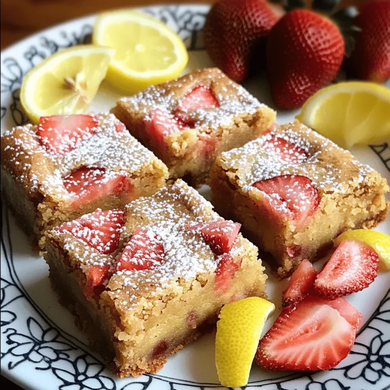 To make these tasty strawberry lemon blondies, gather the following: - 1 cup unsalted butter, melted - 1 ½ cups brown sugar - 2 large eggs - 1 teaspoon vanilla extract - Zest of 1 lemon - 1 tablespoon lemon juice - 2 cups all-purpose flour - 1 teaspoon baking powder - ½ teaspoon salt - 1 cup fresh strawberries, diced - Powdered sugar for dusting (optional) You can easily swap some ingredients if needed. Here are some ideas: - Unsalted butter: Use coconut oil or vegetable oil for a dairy-free option. - Brown sugar: White sugar works, but it may change the flavor slightly. - Eggs: Use flaxseed meal mixed with water (1 tablespoon flaxseed meal + 2.5 tablespoons water) to replace each egg. - Fresh strawberries: Other berries like blueberries or raspberries can be used instead. Having the right tools makes baking easier. Here are some must-haves: - Mixing bowls: Use at least two for wet and dry ingredients. - Whisk: A sturdy whisk helps mix ingredients well. - Baking pan: A 9x9 inch pan is perfect for these blondies. - Parchment paper: This helps with easy removal from the pan. - Toothpick: Use this to check if the blondies are done baking. These ingredients and tools set you up for success as you bake these delicious strawberry lemon blondies. Check out the Full Recipe for more details! Baking these strawberry lemon blondies is simple and fun. First, preheat your oven to 350°F (175°C). Greasing and lining a 9x9 inch pan with parchment paper makes it easy to lift the blondies out later. In a large bowl, mix the melted butter and brown sugar until smooth. Then, add the eggs, vanilla, lemon zest, and lemon juice. Whisk until everything blends well. In another bowl, mix the flour, baking powder, and salt. Gradually fold this dry mix into the wet ingredients. Now it's time for the strawberries! Gently fold in the diced strawberries. Be careful not to crush them. You want to keep those lovely pieces intact. Spread the batter evenly in the pan and bake for 25-30 minutes. The edges should turn golden brown. A toothpick inserted in the center should come out with a few moist crumbs. Let the blondies cool completely before cutting them into squares. Mixing and folding dough well is key for good blondies. When you add dry ingredients to wet ones, do it slowly. This helps keep the texture light. Use a rubber spatula for folding in the strawberries. Gentle movements will keep the berries whole. If you mix too hard, the blondies may turn out dense and tough. Aim for just combined when you mix. A few lumps are okay. Baking time and temperature are crucial for perfect blondies. Set your oven to 350°F (175°C) for even baking. Keep an eye on the time. The blondies should bake for 25-30 minutes. Use a toothpick to test for doneness. If it comes out with moist crumbs, they are ready. If you wait too long, the edges can get too brown. Enjoy your baking journey with this full recipe! To get a great blondie, mix the butter and sugar well. This step adds moisture and richness. Use room temperature eggs; they blend in smoother. Don't overmix when adding flour. Stir just enough to combine; this keeps your blondies soft and chewy. One common mistake is using cold ingredients. Cold butter and eggs can lead to a lumpy batter. Another issue is baking too long. Keep an eye on the time; check with a toothpick. It should come out with some crumbs, not clean. Lastly, avoid overfolding the strawberries. You want them chunky, not mushy. Serve your blondies warm or at room temperature. They taste great plain or with a dusting of powdered sugar. You can also add whipped cream for extra creaminess. Pair them with fresh fruit to enhance their flavor. For a fun twist, serve with a scoop of vanilla ice cream. Enjoy these strawberry lemon blondies as a sweet treat any time! For the full recipe, check out the complete guide. {{image_2}} You can switch things up with different berries. Raspberries or blueberries work well. Each berry adds its own flavor and color. You can even mix berries for a fun twist. Just remember to keep the same amount of fruit. This will help keep the texture right. For a gluten-free version, use almond flour or a gluten-free mix. This will give you soft blondies without the gluten. If you want a vegan option, replace the eggs. You can use flaxseed meal mixed with water. One tablespoon of flaxseed mixed with three tablespoons of water works well. Let it sit for a few minutes to thicken. Also, use a dairy-free butter for a tasty vegan treat. Change the recipe with the seasons! In fall, add pumpkin spice for a cozy flavor. For winter, try peppermint extract to bring in the holiday spirit. In spring and summer, keep it fresh with citrus zest or other fruits. Each season brings its own flavor, making these blondies fun all year round. Explore the full recipe for more ideas! To keep your blondies fresh, store them in an airtight container. Make sure the blondies are completely cool before you store them. Place a piece of parchment paper between layers. This prevents sticking and keeps them soft. If you follow this, the blondies last about a week at room temperature. If you want to save some for later, freezing works well. Cut the blondies into squares first. Wrap each square tightly in plastic wrap. Then, put them in a freezer-safe bag. This way, they can last up to three months. When you want to enjoy them, let them thaw in the fridge overnight. To bring back the soft texture, reheat the blondies in the oven. Preheat your oven to 300°F (150°C). Place the blondies on a baking sheet and cover them with foil. Heat for about 10 minutes. This warms them without drying them out. You can also pop them in the microwave for about 15 seconds, but watch carefully to avoid overheating. Enjoy your Strawberry Lemon Blondies fresh! If you want to replace eggs, you have options. You can use a flaxseed meal or chia seeds. Mix 1 tablespoon of flaxseed meal or chia seeds with 2.5 tablespoons of water. Let it sit for five minutes. This mix works well as a binder. You can also use applesauce. Use 1/4 cup of applesauce for each egg. It adds moisture and a hint of sweetness. Yes, you can use frozen strawberries. Just make sure to thaw and drain them first. This step helps prevent extra moisture in your blondies. Chopped frozen strawberries will work well. They may not hold their shape like fresh ones, but the flavor will be great. Serving Strawberry Lemon Blondies is easy and fun. Cut them into small squares for easy sharing. You can dust them with powdered sugar for a nice touch. Place them on a colorful platter. Add fresh strawberry slices and lemon wedges for decoration. This makes a beautiful display that will impress your guests. This blog post covered all you need for making Strawberry Lemon Blondies. You learned about key ingredients and substitutions, the baking process, and tips for the best results. You discovered tasty variations and storage tips to keep them fresh. Enjoying these blondies is easy, whether it’s a snack or a party treat. With this guide, you can bake with confidence and creativity. Now, go ahead and make these delicious blondies for yourself or your loved ones. Happy baking!