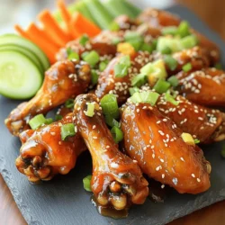 For this sweet and savory honey garlic wings recipe, you will need: - 2 pounds chicken wings, (drumettes and flats) - 1/2 cup honey - 1/4 cup soy sauce - 4 cloves garlic, minced - 1 tablespoon fresh ginger, grated - 1 tablespoon sesame oil - 1 teaspoon red pepper flakes (adjust for heat preference) These main ingredients create a rich flavor. The honey adds sweetness, while the soy sauce gives a salty depth. Garlic and ginger bring warmth and zest, making each bite a delight. To add a fresh touch, consider these garnishes: - 2 tablespoons green onions, chopped (for garnish) - Sesame seeds (for garnish) These optional garnishes brighten the wings. The green onions offer a slight crunch. Sesame seeds add a nutty flavor and a nice texture. For the full recipe, you can refer to the recipe section above. Enjoy cooking your wings! First, preheat your oven to 400°F (200°C). This step is key for crispy wings. Next, line a baking sheet with aluminum foil. Place a wire rack on top of the baking sheet. This helps hot air to flow around the wings, making them crisp. Now, let's make the marinade. In a mixing bowl, whisk together these ingredients: - 1/2 cup honey - 1/4 cup soy sauce - 4 cloves garlic, minced - 1 tablespoon fresh ginger, grated - 1 tablespoon sesame oil - 1 teaspoon red pepper flakes Mix until well blended. Add the chicken wings to the bowl with the marinade. Toss the wings well to coat them evenly. This step is crucial for flavor. For the best taste, let the wings marinate. Aim for at least 30 minutes. If time allows, marinate in the fridge for 2 hours or even overnight. Once the wings are marinated, arrange them in a single layer on the wire rack. Remember to reserve some marinade for later. Bake the wings in the hot oven for 40-45 minutes. Halfway through, turn the wings over. This helps them cook evenly. They should look golden-brown and crispy when done. While the wings bake, pour the reserved marinade into a small saucepan. Heat it over medium heat until it simmers. Cook for 5-7 minutes until it thickens and becomes syrupy. After baking, take the wings out and brush them with the thickened glaze. Return them to the oven for an extra 5 minutes. This step caramelizes the glaze, giving your wings a nice finish. Let the wings cool a bit before serving. Garnish with chopped green onions and sesame seeds. Enjoy these sweet and savory honey garlic wings! For the full details, check the Full Recipe. To make sure your wings cook evenly, use a wire rack. Place it on a baking sheet. This allows hot air to flow around the wings. It helps them cook from all sides. Turning the wings halfway through baking also helps. This way, they brown well and get crispy. For crispy wings, pat the chicken dry before marinating. This removes extra moisture. When baking, keep the wings in a single layer. This keeps them from steaming. If you want extra crunch, bake them longer. Just watch them closely to avoid burning. For the best flavor, marinate your wings for at least 30 minutes. If you have time, try marinating them for 2 hours or overnight. This lets the flavors soak in deeply. To enhance the flavor, add a splash of lime juice or a touch of sriracha. This can balance the sweetness of the honey. You can also try using fresh herbs like cilantro or basil. They add a fresh twist to your honey garlic wings. Check the Full Recipe for detailed steps! {{image_2}} You can easily change the flavor of your honey garlic wings. To adjust sweetness, add more or less honey. If you want a spicy kick, increase the red pepper flakes. You can also mix in different sauces or spices. Try adding lime juice for a tangy twist. For a smoky flavor, a bit of smoked paprika works well. Other ingredients can enhance your wings too. Consider mixing in some soy sauce for a deeper taste. You can also add a touch of brown sugar for richer sweetness. Want a fruity note? Toss in some orange zest. These small changes keep the dish exciting and new. You have options when cooking these wings. The air fryer is a great choice for crispy results. It cooks faster and uses less oil. Set it to 380°F (193°C) and cook for about 25 minutes. Shake the basket halfway for even cooking. Oven baking is also effective. It lets you cook more wings at once. Preheat your oven to 400°F (200°C) and bake as directed in the Full Recipe. The wings will become crispy and golden. Grilling is another fun method. It adds a nice char and smoky flavor. Preheat your grill to medium heat. Grill the wings for about 20 minutes, flipping often. Brush them with the glaze during the last few minutes for that sweet finish. Enjoy exploring these variations! To keep your honey garlic wings fresh, store them in an airtight container. Make sure they cool down before placing them in the fridge. This keeps moisture out and helps maintain their taste. You can keep cooked wings in the fridge for up to three days. If you want to save them for longer, consider freezing them. Just make sure to wrap them tightly in freezer-safe bags. They can last up to three months in the freezer. When you're ready to eat the leftover wings, reheating them is easy. Preheat your oven to 350°F (175°C). Spread the wings on a baking sheet in a single layer. Reheat them for about 15 to 20 minutes. This method helps keep them crispy. If you want extra flavor, brush some glaze on them before reheating. You can also use an air fryer for a quick option. Just heat for about 5 to 8 minutes at 375°F (190°C) for a crispy finish. Enjoy your tasty wings! To balance the sweetness, you can add more soy sauce. Soy sauce adds saltiness, which offsets the honey's sweetness. You might also try adding fresh lime juice or vinegar for acidity. This will create a nice contrast. Here are some tips for balancing flavors: - Use less honey in the marinade. - Increase the amount of garlic or ginger for a stronger flavor. - Add red pepper flakes for heat, which can cut sweetness. - Experiment with mustard or hot sauce for a different tang. Yes, you can use frozen chicken wings. However, you need to thaw them first. Thawing ensures even cooking and helps the wings absorb the marinade better. To thaw, place them in the fridge overnight or use cold water. If you are short on time, you can use the microwave's defrost setting. Cooking frozen wings may take longer, so adjust your baking time. Ensure they reach an internal temperature of 165°F (74°C) for safety. Honey garlic wings pair well with many side dishes. Here are some tasty options: - Fresh cucumber sticks - Crunchy carrot sticks - Crispy fries or sweet potato fries - A light salad with vinaigrette dressing - Coleslaw for a creamy contrast Consider serving extra honey garlic glaze on the side for dipping. This adds flavor and makes the meal more fun. For the full recipe, check the section above. Making honey garlic wings is fun and easy. We covered the key ingredients: chicken wings, honey, soy sauce, garlic, and ginger. You learned how to marinate and bake them for a tasty result. I shared tips for crispy wings and fun variations to try. Don't forget how to store and reheat leftovers! Enjoy your cooking adventure. Experiment with flavors and share the joy of good food!