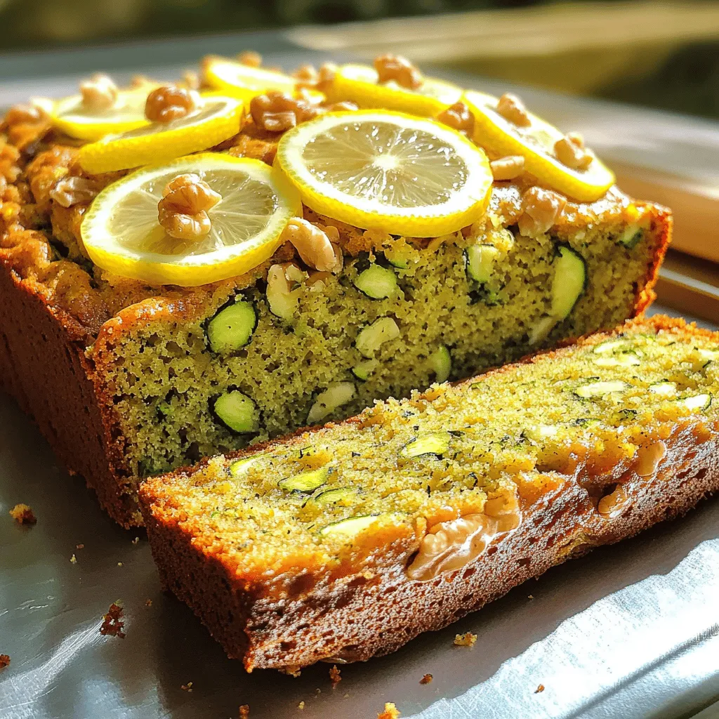 - 2 cups grated zucchini (about 2 small zucchinis) - 1 cup all-purpose flour - 1 cup whole wheat flour - 1 teaspoon baking soda - 1 teaspoon baking powder - 1/2 teaspoon salt - 1 teaspoon ground cinnamon - 1/2 teaspoon grated nutmeg - 1/2 cup granulated sugar - 1/2 cup packed brown sugar - 3 large eggs - 1/2 cup vegetable oil - 1 teaspoon vanilla extract - Zest of 1 lemon - 1/4 cup fresh lemon juice - 1/2 cup chopped walnuts (optional) Zucchini adds moisture and keeps the bread soft. It has vitamins A and C, plus fiber. Whole wheat flour gives extra nutrients and a nutty taste. The spices, like cinnamon and nutmeg, add warmth and flavor. Lemon zest and juice bring a bright, fresh taste. Eggs help bind the mix and add richness. Walnuts add crunch and healthy fats, but they are optional. If you don’t have all-purpose flour, you can use just whole wheat flour. For a dairy-free option, replace eggs with flax eggs. Use coconut oil instead of vegetable oil for a different flavor. If you want it sweeter, add more sugar or use honey. You can swap walnuts for pecans or skip nuts entirely if you prefer a nut-free bread. 1. Preheat the Oven: Begin by heating your oven to 350°F (175°C). Grease a 9x5-inch loaf pan or use parchment paper to make it easy to remove the bread later. 2. Prep the Zucchini: Grate two small zucchinis. Use a box grater or a food processor for this. Place the grated zucchini in a clean kitchen towel and twist to squeeze out excess moisture. It helps the bread stay fluffy. 3. Mix Dry Ingredients: In a large bowl, whisk together the all-purpose flour, whole wheat flour, baking soda, baking powder, salt, cinnamon, and nutmeg. This mix gives your bread a lovely flavor. 4. Mix Sugars: In another bowl, mix granulated sugar, brown sugar, and eggs. Whisk until smooth. This step is key for a sweet and moist bread. 5. Combine Ingredients: Add the vegetable oil, vanilla extract, lemon zest, and lemon juice to the sugar mixture. Whisk until everything is fully blended. 6. Fold in Dry Ingredients: Gradually add the dry mix to the wet mix. Stir gently until just combined. Overmixing can make the bread tough, so be gentle! 7. Add Zucchini and Nuts: Fold in the grated zucchini and walnuts (if you choose to use them). Make sure they're evenly mixed into the batter. 8. Bake: Pour the batter into the prepared loaf pan. Smooth the top with a spatula. Bake for 50-60 minutes. Check with a toothpick; it should come out clean when done. 9. Cool: Once baked, remove the zucchini bread from the oven. Let it cool in the pan for 10 minutes. Then, transfer it to a wire rack to cool completely. - Presentation Tips: Slice the bread and serve it warm. Add a dollop of lemon cream cheese spread or butter for extra flavor. Garnish with thin lemon slices and chopped walnuts to make it look great! For a full recipe that includes all ingredients and steps, check out the Full Recipe link. To get the best texture in your zucchini bread, you need to remove excess moisture from the zucchini. First, grate the zucchini and then place it in a clean kitchen towel. Squeeze out the water well. This keeps your bread from being soggy. Next, mix your dry and wet ingredients carefully. Stir gently until just combined. Overmixing can make your bread dense, which isn’t what you want. To keep your zucchini bread fresh, wrap it in plastic wrap or foil. Store it at room temperature for up to three days. If you want it to last longer, place it in the fridge. For even longer storage, freeze it. Slice it first for easy thawing. Just wrap each slice in plastic wrap and then place them in a freezer bag. This way, you can enjoy a slice whenever you want. One common mistake is not squeezing enough moisture from the zucchini. This can lead to a wet and dense loaf. Another mistake is not measuring your ingredients properly. Use a kitchen scale if you have one for accuracy. Lastly, don’t skip the lemon zest. It adds a bright flavor that makes your zucchini bread stand out. Follow these tips, and you'll have a delicious loaf every time. {{image_2}} You can easily change the taste of zucchini bread. For a sweet twist, add chocolate chips. They melt and blend well with the bread. You can also try adding nuts, like pecans or hazelnuts, for a nice crunch. If you prefer a savory bread, mix in herbs like rosemary or thyme. These herbs bring a fresh flavor that pairs well with the zucchini. For a gluten-free version, swap all-purpose flour for almond flour or a gluten-free blend. Make sure the blend has xanthan gum for the right texture. You can also use coconut flour, but use less since it absorbs more moisture. Adjust the liquid in your recipe to keep the bread moist and fluffy. Zucchini bread is a great base for other flavors. You can add fruits like blueberries or cranberries for a fruity touch. Seeds like sunflower or pumpkin seeds give a nice crunch too. Another fun option is to mix in spices like ginger or cardamom for extra warmth. Each add-in creates a unique twist on this classic treat. For the full recipe, check the recipe section above. To keep your leftover zucchini bread fresh, wrap it tightly in plastic wrap. You can also put it in an airtight container. Store it at room temperature for up to three days. If you want it to last longer, consider freezing it. Freezing zucchini bread is easy. First, let the bread cool completely. Then, slice it into pieces. Wrap each slice in plastic wrap. Place the wrapped slices in a freezer bag. This way, you can take out one slice at a time. Zucchini bread can stay fresh in the freezer for up to three months. To reheat your zucchini bread, you have a few options. You can use the microwave for quick heating. Place a slice on a plate and warm it for about 15-20 seconds. For a crispy crust, use the oven. Preheat it to 350°F (175°C). Place the bread on a baking sheet and heat for about 10 minutes. Enjoy your warm, delicious treat! This recipe stands out for its zesty lemon flavor. The lemon adds a bright twist to the rich, moist bread. Using both all-purpose and whole wheat flour gives it a great texture. The blend of spices, like cinnamon and nutmeg, brings warmth to every bite. With the addition of walnuts, you get a nice crunch. This balance of flavors makes it irresistible. You will enjoy how simple it is to prepare too. Yes, you can use yellow squash in this recipe. Both zucchini and yellow squash have similar textures and moisture levels. The taste will be slightly different, but it will still be delicious. Just make sure to grate the squash and remove any excess moisture, just like with zucchini. This keeps your bread from getting too soggy. To check if your zucchini bread is done, insert a toothpick into the center. If it comes out clean or with a few crumbs, it’s ready. If you see wet batter on the toothpick, bake it a bit longer. The top should be golden brown and spring back when you gently press it. Following these steps ensures you enjoy a perfectly baked loaf. This post shared key ingredients for perfect zucchini bread. We discussed their benefits and easy swaps. You gained step-by-step instructions for both baking and serving. I offered tips for the best texture and common mistakes to dodge. We explored fun variations and options for gluten-free needs. Finally, we covered storage and reheating methods to keep it fresh. Remember, great zucchini bread is within your reach. Enjoy baking and get creative!