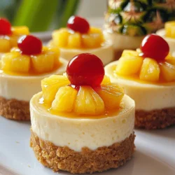 - 1 cup graham cracker crumbs - ¼ cup unsalted butter, melted - 2 tablespoons sugar - 1 cup cream cheese, softened - ½ cup sugar - 1 teaspoon vanilla extract - 2 large eggs - ½ cup crushed pineapple, drained - ¼ cup pineapple chunks, for topping - Maraschino cherries, for garnish Each ingredient plays a key role in making these mini cheesecakes taste great. The graham cracker crumbs give a nice sweet and crunchy crust. The butter helps bind the crumbs together. Sugar is important for sweetness, while cream cheese gives that creamy texture. Eggs help the filling set, and crushed pineapple adds a fruity zing. Feel free to get creative! You can add: - Toasted coconut for a tropical twist - A sprinkle of cinnamon for warmth - Whipped cream for extra fluffiness These optional toppings can enhance the flavor and make your mini cheesecakes even more special. To make these mini cheesecakes, you will need: - Muffin tin or mini cheesecake pan - Mixing bowls - Electric mixer - Spatula - Measuring cups and spoons Having the right tools makes the process smooth and fun. Each tool helps you create the perfect mini cheesecakes. For the full recipe, check the details above. Enjoy making your delightful mini pineapple upside-down cheesecakes! First, you need to preheat your oven to 325°F (160°C). This step warms the oven for even baking. While the oven heats up, grab a medium bowl. In it, mix together one cup of graham cracker crumbs, ¼ cup of melted unsalted butter, and 2 tablespoons of sugar. Stir well until the mix looks like wet sand. This will be the crust. Next, take a muffin tin or mini cheesecake pan. Press about one tablespoon of the crumb mix into the bottom of each cup. Make sure to pack it tightly. This crust gives your cheesecakes a nice base. Now, let’s make the filling! In a large bowl, add one cup of softened cream cheese. Use an electric mixer to beat it until smooth. Slowly add in ½ cup of sugar and one teaspoon of vanilla extract. Keep mixing until it is creamy and fluffy. Next, you’ll add two large eggs. Add them one at a time. Mix on low speed, just until blended. Be careful not to overmix; we want a smooth texture. Finally, gently fold in ½ cup of drained crushed pineapple. Use a spatula to make sure it is well combined. It’s time to fill the cups! Spoon the cheesecake batter over the crusts, filling each cup about ¾ full. Next, take a few chunks of pineapple and place them on top of each cheesecake. Now, it’s time to bake. Put the muffin tin in the oven and bake for 18-20 minutes. The edges should be set, but the centers can still be a bit jiggly. Once baked, take them out and let them cool at room temperature for about 30 minutes. After that, refrigerate them for at least 2 hours until they are fully chilled. Now your mini pineapple upside-down cheesecakes are ready to enjoy! For the full recipe, check out the details provided. One common mistake is overmixing the cheesecake batter. Overmixing can cause your cheesecakes to crack. Mix just until smooth and combined. Another issue is filling the cups too full. Leave some space for the cheesecakes to rise. If you underbake them, the centers may be too jiggly. Bake until the edges are set, but the middle can still wiggle slightly. For a fun presentation, serve each mini cheesecake on a colorful plate. Add a sprig of mint on top for a fresh look. You can also drizzle some caramel sauce over them for extra sweetness. Arrange the cheesecakes on a tiered stand for a beautiful display. These make great party treats or a sweet end to a meal. To customize flavors, try adding a bit of coconut extract for a tropical twist. Mixing in some chopped nuts can give a crunchy texture. You can also experiment with different fruits. Instead of pineapple, use mango or strawberries for a new taste. Adding spices like cinnamon or nutmeg can also enhance the flavor profile. {{image_2}} You can mix it up with different fruits. Try using strawberries, blueberries, or peaches. You can even do a mix of fruits for a colorful treat. Each fruit brings its own taste. This makes the mini cheesecakes fun and fresh. Want to change the flavor? You can use different extracts, like almond or coconut. Each extract adds a new twist. You can also swap out the cream cheese. Use ricotta for a lighter version or mascarpone for richness. These changes will keep things exciting. Need to make it gluten-free? Just use gluten-free graham crackers for the crust. For a dairy-free option, use a dairy-free cream cheese alternative. You can also try coconut cream for a unique flavor. These swaps let everyone enjoy this dessert. To keep your mini pineapple upside-down cheesecakes fresh, store them in the fridge. Place them in an airtight container. This method helps prevent them from drying out. If you use a muffin tin, cover it tightly with plastic wrap or foil. These treats stay tasty when kept cool. You can freeze these mini cheesecakes for later. First, let them cool completely. Then, wrap each cheesecake in plastic wrap. Place them in a freezer-safe bag or container. They can stay frozen for up to three months. When you want to enjoy them, thaw them in the fridge overnight. These mini cheesecakes last about five days in the fridge. After five days, they may start to lose flavor and texture. If you notice any changes, it's best to toss them. Always trust your taste buds! For the freshest taste, eat them within a few days. For full details, you can check the Full Recipe. Yes, you can make mini pineapple upside-down cheesecakes ahead of time. This is one of the best parts of this recipe! You can bake them a day or two before your event. After baking, let them cool at room temperature. Once cool, place them in the fridge. Chilling helps the flavors mix and adds a nice texture. Just remember to top them with cherries right before serving for that fresh look! If you want to swap out cream cheese, there are a few options. You can use mascarpone cheese for a rich taste. Greek yogurt is another great choice for a lighter feel. Silken tofu is perfect for a dairy-free option. Each substitute will change the flavor slightly, but they will still be good! To check if your cheesecakes are done, look for a slight jiggle in the center. The edges should feel set, but the middle should move a bit when you gently shake the pan. If they are too jiggly, give them a few more minutes. Keep an eye on them, as overbaking can lead to cracks. Trust your eyes and your instincts! In this blog post, I covered how to make delicious mini cheesecakes. We explored each ingredient, from the crust to the creamy filling. I shared step-by-step instructions for preparation and baking. You learned tips to avoid common mistakes and enhance flavor. Variations for toppings and dietary needs were also discussed. Lastly, I provided storage tips to keep your treats fresh. With these tools and knowledge, you can create mini cheesecakes that impress everyone. Enjoy experimenting with flavors and sharing your tasty results!
