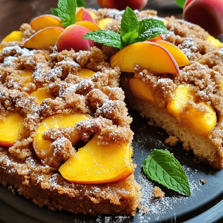 Here is what you need for the Southern Peach Crumb Cake: - 2 cups fresh peaches, peeled and diced - 1/2 cup granulated sugar - 1/2 teaspoon cinnamon - 1/4 teaspoon nutmeg - 1/4 teaspoon salt - 1 1/2 cups all-purpose flour - 1 teaspoon baking powder - 1/2 teaspoon baking soda - 1/2 cup unsalted butter, softened - 2 large eggs - 1 teaspoon vanilla extract - 1/2 cup buttermilk - 1 cup brown sugar (for crumb topping) - 1/2 cup all-purpose flour (for crumb topping) - 1/3 cup melted butter (for crumb topping) - 1 teaspoon cinnamon (for crumb topping) - 1/2 cup chopped pecans (optional, for topping) These ingredients create a soft cake filled with fresh peaches and a sweet crumb topping. Each bite is a burst of flavor. The peaches add moisture and sweetness, while the crumb topping gives a satisfying crunch. Make sure you have fresh peaches—they make all the difference. You can even mix in some nuts for added texture. You can find the full recipe in the article. First, you need to dice the fresh peaches. Make sure they are peeled and cut into small pieces. This will help them mix well into the cake. Next, place the diced peaches in a bowl. Add 1/2 cup of granulated sugar, 1/2 teaspoon of cinnamon, a pinch of nutmeg, and a sprinkle of salt. Mix well. Let this sit for a few minutes. This allows the peaches to release their sweet juices. In a large bowl, combine 1 1/2 cups of flour, 1 teaspoon of baking powder, and 1/2 teaspoon of baking soda. Whisk these dry ingredients together. In another bowl, cream together 1/2 cup of softened butter and 1 cup of brown sugar. Mix until the texture is light and fluffy. Add 2 large eggs, one at a time, mixing well after each addition. Stir in 1 teaspoon of vanilla extract. Gradually add the flour mixture to the butter mixture. Alternate this with 1/2 cup of buttermilk. Start and end with the flour mixture. Mix just until combined. Now, gently fold in the peach mixture into the batter. Be careful not to overmix. Pour the batter into your prepared cake pan. Smooth the top with a spatula. For the crumb topping, in a small bowl, mix 1 cup of brown sugar, 1/2 cup of flour, 1/3 cup of melted butter, and 1 teaspoon of cinnamon. You can add 1/2 cup of chopped pecans if you like. Mix until it looks crumbly. Sprinkle this topping evenly over the batter. Bake in a preheated oven at 350°F for 40-45 minutes. A toothpick should come out clean when inserted in the center. Enjoy the delightful aroma filling your kitchen! For the complete recipe, you can refer to the [Full Recipe]. To get the best texture in your Southern Peach Crumb Cake, remember these points: - Use ripe peaches: They bring out the best flavor. - Don’t overmix: Gently fold in the peaches to keep the cake light. - Check for doneness: Insert a toothpick into the center. If it comes out clean, your cake is ready. A beautiful cake makes eating more fun! Here are ways to serve it: - Slice the cake into wedges: Arrange them on a pretty plate. - Dust with powdered sugar: This adds a nice touch. - Drizzle with glaze: Mix powdered sugar and milk for a simple glaze. - Garnish with fresh peach slices or mint: This gives color and freshness. You might need to adjust some ingredients. Here are tips for common needs: - For gluten-free: Swap all-purpose flour with a gluten-free blend. - For nut allergies: Leave out the pecans in the crumb topping. - For a sweeter cake: Add more sugar or try honey. - For flavor changes: Try using different spices like cardamom or cloves. For the full recipe, refer to the [Full Recipe]. {{image_2}} For a gluten-free peach crumb cake, you can use a blend of gluten-free flours. Look for a mix that includes brown rice flour, potato starch, and tapioca flour. This blend will mimic the texture of regular flour. You may need to add a bit more liquid to the batter. Start by adding an extra tablespoon of buttermilk to keep the cake moist. If you want to make this cake vegan, you can replace the eggs with flaxseed meal or applesauce. Use 1 tablespoon of ground flaxseed mixed with 2.5 tablespoons of water for each egg. For dairy, use almond milk or coconut milk instead of buttermilk. You can add a splash of vinegar to mimic the acidity of buttermilk. Follow the same baking instructions while ensuring all your ingredients are plant-based. You can switch up the fruit based on what is in season. In spring, try strawberries or blueberries. In fall, use apples and add a pinch of allspice for a cozy twist. Adjust spices to enhance the flavor. For example, use ginger with pears or lemon zest with raspberries. This way, you can enjoy a different cake each season while keeping it fresh and exciting. To keep your Southern Peach Crumb Cake fresh, store it in an airtight container. This method helps lock in moisture and flavor. Place the cake at room temperature for up to three days. If you want to keep it longer, refrigerate it. In the fridge, the cake stays fresh for about a week. Freezing the cake is a great option for later enjoyment. First, let the cake cool completely. Wrap it tightly in plastic wrap. Then, place it in a freezer-safe bag or container. This helps prevent freezer burn. The cake can stay frozen for up to three months. To enjoy it again, simply thaw the cake in the fridge overnight. For a warm slice, pop it in the microwave for a few seconds. This method revives the cake's soft texture. Enjoy your Southern Peach Crumb Cake anytime! Southern Peach Crumb Cake stays fresh for about three to four days in the fridge. Keep it in an airtight container to lock in moisture. You can also freeze it for up to three months. When you want to enjoy it, just thaw it overnight in the fridge. Yes, you can prepare this cake a day in advance. Just bake it, cool it, and store it in the fridge. This cake tastes even better the next day as the flavors meld. If you want, you can also prepare the batter ahead of time. Just cover it well and store it in the fridge for up to 24 hours. Bake it fresh when you need it! This cake pairs well with a scoop of vanilla ice cream or a dollop of whipped cream. You can also serve it with fresh peach slices for extra flavor. For drinks, sweet tea or coffee makes a great match. If you want something special, try a peach-infused cocktail. Yes, you can substitute buttermilk with plain yogurt or sour cream. Mix one cup of yogurt with a tablespoon of lemon juice to mimic buttermilk. You can also use milk with a splash of vinegar. Let it sit for a few minutes before using. Just remember, these swaps may change the cake’s final taste and texture slightly. You learned about making a delicious Southern Peach Crumb Cake. We covered fresh ingredients, step-by-step baking, and helpful tips. I shared variations for gluten-free and vegan needs. Plus, we discussed storage methods for your leftovers. Enjoy this cake with friends or family. You can feel proud serving it at any gathering. Follow these steps, and you'll have a treat that's sure to impress. Happy baking!