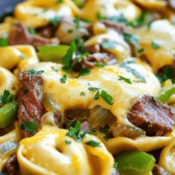- 12 oz cheese tortellini - 1 lb flank steak, thinly sliced - 1 green bell pepper, sliced - 1 medium onion, sliced - 3 cloves garlic, minced Cheese tortellini serves as the base. It brings a rich, cheesy flavor. The flank steak adds protein and depth. When sliced thin, it cooks fast. The vegetables, green bell pepper, and onion, add sweetness. Garlic gives it a punch. - 1 tablespoon olive oil - 1/2 cup beef broth - 1 tablespoon Worcestershire sauce - Salt and pepper to taste Olive oil helps cook the meat and veggies. Beef broth adds moisture and flavor. Worcestershire sauce brings a savory note. Salt and pepper enhance all the tastes. - 1 cup provolone cheese, shredded - Fresh parsley for garnish Provolone cheese melts beautifully on top. It adds creaminess and richness. Fresh parsley brightens the dish and adds color. You can use it for a touch of freshness. For the full recipe, check out the details above. Start by boiling a large pot of salted water. Use about one tablespoon of salt for flavor. Once the water is bubbling, add 12 ounces of cheese tortellini. Cook it according to the package instructions, usually about 3 to 5 minutes, until it is al dente. Drain the tortellini and set it aside for later. Next, heat a large skillet over medium-high heat. Add one tablespoon of olive oil to the skillet. While it heats, season one pound of thinly sliced flank steak with salt and pepper. Once the oil is hot, add the steak to the skillet. Sear it for about 3 to 4 minutes. You want it browned but not overcooked. Remove the steak and set it aside. In the same skillet, add the sliced green bell pepper and medium onion. Sauté for about 5 minutes until they soften. Next, add 3 cloves of minced garlic and cook for another minute. The garlic will enhance the flavor and make your kitchen smell amazing. Return the seared steak to the skillet with the sautéed vegetables. Pour in 1/2 cup of beef broth and 1 tablespoon of Worcestershire sauce. Stir everything together, cooking for another 3 to 4 minutes. You want the mixture to be heated through and slightly thickened. Now, gently fold the cooked tortellini into the skillet. Sprinkle 1 cup of shredded provolone cheese on top. Cover the skillet for a few minutes. This allows the cheese to melt and create a creamy texture that ties everything together. Remove the skillet from heat and garnish with freshly chopped parsley. This adds a pop of color. When plating, scoop out generous portions to show off the creamy, cheesy goodness. Serve it hot for a satisfying and comforting meal. For the full recipe, check out the provided instructions. Timing is key for cheesesteak tortellini bliss. Cook the tortellini in boiling salted water for about 3-5 minutes, or until al dente. Drain it well to prevent sogginess. For the steak, searing it for 3-4 minutes gives the best flavor and texture. Remove it from the heat before it overcooks. The vegetables should be bright and crisp. Sauté the bell peppers and onions for around 5 minutes. Add garlic last to keep its strong flavor. To boost the taste, consider adding spices like paprika or Italian seasoning. Fresh herbs like basil or thyme also add depth. If you're not a fan of provolone, use mozzarella or gouda for a different twist. Each cheese melts nicely and offers a unique taste. Preparing ahead saves time. Chop the vegetables and slice the steak a day before. Store them in the fridge for quick cooking. For reheating, use a skillet over low heat. This keeps the dish creamy and avoids burning. Add a splash of beef broth if it seems dry. {{image_2}} You can switch the flank steak for chicken or shrimp. This change keeps the dish fresh and tasty. Chicken adds a light flavor, while shrimp brings a nice seafood twist. For a vegetarian option, consider using plant-based protein. Products like tempeh or tofu work well. They absorb flavors and make the meal filling. You can sauté them the same way as steak. While cheese tortellini shines in this dish, you can explore other flavors or shapes. Spinach or mushroom tortellini adds color and extra taste. You can even use regular pasta like penne or fusilli. Just cook them according to package instructions. Toppings can elevate your cheesesteak tortellini. Try adding a splash of hot sauce for some heat. Crushed red pepper flakes also bring a kick. Experiment with different cheese varieties, too. Cheddar or gouda can replace provolone. Each cheese adds a unique twist to the dish. Don't be afraid to mix and match! For the full recipe, check the earlier section. To keep your Cheesesteak Tortellini Bliss fresh, place it in the fridge. Use an airtight container. This will stop air from getting in. It helps keep the flavors strong and the dish safe to eat. Make sure to cool it before sealing. This will also help avoid sogginess. You can freeze this dish if you want to enjoy it later. First, let it cool completely. Then, scoop the tortellini and steak mix into a freezer-safe bag. Remove as much air as you can before sealing. You can freeze it for up to three months. Label the bag with the date. This way, you will know how long it has been in the freezer. When ready to eat, there are a few ways to reheat. The microwave is quick and easy. Just use a microwave-safe dish and cover it. Heat for 1-2 minutes, stirring halfway. For a crispier texture, use the oven. Preheat the oven to 350°F. Place the dish in an oven-safe pan, cover it, and heat for about 15-20 minutes. To keep it creamy, add a splash of beef broth or water before reheating. Enjoy your delicious meal! You can use several meats in place of flank steak. Good options include: - Sirloin steak - Chicken breast - Thinly sliced pork - Tofu for a vegetarian choice Each option brings a unique flavor. Just season and cook as you would with flank steak. Yes, frozen tortellini works great! Here are some tips: - Cook it directly from the freezer. - Increase cooking time by a few minutes. - Stir gently to avoid breaking the tortellini. This way, you keep the dish quick and easy. Cheesesteak Tortellini Bliss stays fresh for about 3 to 4 days in the fridge. Look for these signs of spoilage: - Off smell - Discoloration - Slimy texture If you see any of these, it’s best to toss it out. Absolutely! To make it vegetarian, try these swaps: - Use seitan or tempeh instead of steak. - Add more veggies like mushrooms or zucchini. - Replace beef broth with vegetable broth. These changes keep the dish tasty and satisfying. The recipe is not spicy on its own. To adjust the heat, try these tips: - Add crushed red pepper flakes. - Use spicy cheese, like pepper jack. - Include diced jalapeños. These options let you control the heat level to fit your taste. Cheesesteak Tortellini Bliss combines flavors and textures for a delightful dish. You learned about key ingredients like cheese tortellini, flank steak, and seasoning. We covered step-by-step instructions from boiling to plating. Don't forget the tips for perfecting your dish and making exciting variations. Now you can enjoy this meal and share it with friends. Get creative with your ingredients and don’t hesitate to experiment. Your cooking journey has just begun!