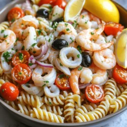 To make a great seafood pasta salad, you need fresh and tasty items. Here is what I use: - 8 ounces rotini pasta - 1 cup cooked shrimp, peeled and deveined - 1 cup cooked calamari, sliced - 1 cup cherry tomatoes, halved - 1/2 cup black olives, sliced - 1/4 cup red onion, finely chopped - 1/4 cup fresh parsley, chopped - 1/2 cup mayonnaise - 2 tablespoons lemon juice - 1 teaspoon garlic powder - 1 teaspoon dried oregano - Salt and pepper to taste Each ingredient adds color and flavor. The rotini pasta holds the dressing well. Shrimp and calamari bring the ocean's taste to the dish. Cherry tomatoes add a burst of sweetness, while olives and onions give it a nice bite. You can mix in more items for extra flavor. Here are some ideas: - Diced bell peppers for crunch - Capers for a briny taste - Avocado for creaminess - Fresh basil for a hint of sweetness - Feta cheese for a salty kick These add-ins can change the taste and texture. Try different combinations to find your favorite mix. When picking seafood, freshness is key. Here are some great options: - Scallops for a sweet and tender bite - Crab meat for a rich flavor - Lobster for a touch of luxury - Smoked salmon for a unique twist Use any seafood you love. Just make sure it is fresh. This will help you create a delightful seafood pasta salad. For the full recipe, check out the Ocean Breeze Seafood Pasta Salad. To start, bring a large pot of salted water to a boil. Add 8 ounces of rotini pasta. Cook it according to the package instructions until it is al dente. This usually takes about 7 to 10 minutes. Once done, drain the pasta and rinse it under cold water. This helps cool it down and stops the cooking process. Set it aside in a large bowl. Next, let’s get our seafood and veggies ready. You need 1 cup of cooked shrimp and 1 cup of cooked calamari. Make sure the shrimp is peeled and deveined, and slice the calamari into rings. Chop 1 cup of cherry tomatoes in half. Slice 1/2 cup of black olives and finely chop 1/4 cup of red onion. Finally, chop 1/4 cup of fresh parsley. In your large bowl, combine the pasta, shrimp, calamari, tomatoes, olives, onion, and parsley. Mix them gently to combine. Now, we’ll make the dressing. In a separate bowl, add 1/2 cup of mayonnaise. Squeeze in 2 tablespoons of lemon juice. Then, add 1 teaspoon of garlic powder and 1 teaspoon of dried oregano. Season with salt and pepper to taste. Whisk these ingredients together until they are well combined. Pour the dressing over your pasta and seafood mixture. Gently toss everything until it is nicely coated with the dressing. Cover the bowl and refrigerate the salad for at least 30 minutes. This waiting time helps the flavors blend together. Before serving, give it a gentle toss again and check the seasoning. For the full recipe, check out the Ocean Breeze Seafood Pasta Salad. When choosing seafood, look for bright colors and a clean smell. Fresh shrimp should have a firm texture. The shells should be shiny and not sticky. For calamari, choose pieces that are white and not slimy. Avoid seafood with a strong fishy odor. Always buy from a trusted source. This ensures you get the best quality for your salad. To cook pasta well, use plenty of water and add salt. Bring the water to a rolling boil before adding the rotini. Stir the pasta to prevent sticking. Cook it until al dente, so it has a slight bite. Drain the pasta, then rinse it under cold water. This stops the cooking and cools it down quickly. When serving your seafood pasta salad, use a large, shallow bowl. This allows everyone to see the colorful ingredients. Garnish with chopped parsley and lemon wedges for a fresh look. You can also serve it with crusty bread on the side. For a fun twist, pair it with a light white wine. This will enhance the flavors of the seafood. Check out the full recipe to create your perfect dish. {{image_2}} You can use different pasta shapes for your seafood pasta salad. Rotini works well, but you can try shells or farfalle. These shapes hold the dressing nicely. You can also use gluten-free pasta if needed. Just follow the package instructions for cooking times. This way, the pasta will be perfect for your salad. Feel free to mix up the seafood in your salad. If you like crab, add some lump crab meat. Scallops also taste great in this dish. You can even use canned tuna for a budget-friendly option. Just make sure to drain it well. For a fun twist, consider smoked salmon for a unique flavor. The dressing is key to a great salad. While mayonnaise is classic, you can swap it for Greek yogurt for a lighter taste. For a zing, add some Dijon mustard or a splash of hot sauce. You can also use olive oil and vinegar for a fresh, tangy option. Experiment with spices like dill or parsley to make it your own. Check out the Full Recipe for a base dressing you can modify! To keep your seafood pasta salad fresh, place it in an airtight container. Make sure the lid seals tight. If you have a lot of salad, divide it into smaller portions. This way, you can enjoy it later without losing flavor. When stored correctly, seafood pasta salad lasts about three days in the fridge. Check for any signs of spoilage before eating. If it smells off or looks strange, it’s best to throw it away. Always trust your senses! I don’t recommend freezing seafood pasta salad. The texture of the seafood and pasta will change. Instead, refrigerate it for short-term storage. If you plan to enjoy it later in the week, refrigerating is the best choice. For the full recipe, check the details provided earlier! Yes, you can use canned seafood. Canned shrimp or crab works well. Rinse the seafood to remove excess salt. This option saves time and still adds great flavor. Just be sure to choose good quality canned seafood for the best taste. Rotini is my favorite for seafood pasta salad. Its spiral shape holds the dressing and seafood well. Other good choices are fusilli or penne. These shapes add fun texture and keep everything together in each bite. To create a lighter dressing, mix Greek yogurt with lemon juice. This gives you creaminess without heavy mayo. Add a touch of garlic powder and herbs for flavor. You can also use olive oil and vinegar for a fresh twist. You now know how to make a great seafood pasta salad. We covered key ingredients and how to cook pasta perfectly. I shared tips for choosing fresh seafood and discussed storage options. You can vary the recipe to fit your taste. Whether you use canned seafood or a lighter dressing, there are many ways to enjoy this dish. Dive into making your salad today! Enjoy the robust flavors and fresh seafood.