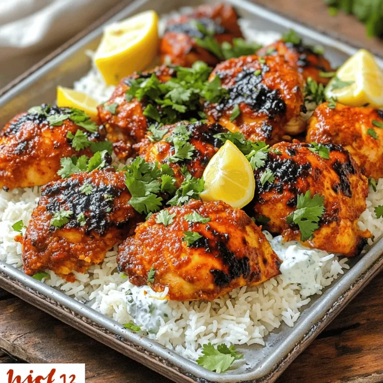 To make Tandoori Chicken Over Rice, gather these fresh ingredients. Each one adds its own special touch. - Chicken thighs - Marinade components: - 1 cup plain yogurt - 2 tablespoons tandoori masala - 1 tablespoon lemon juice - 1 tablespoon ginger-garlic paste - 1 teaspoon turmeric powder - 1 teaspoon cumin powder - Salt to taste - 2 cups basmati rice - Additional items: - 1 tablespoon vegetable oil - Fresh cilantro, chopped (for garnish) - Lemon wedges (for serving) With these ingredients, you can create a flavorful and colorful dish. The chicken thighs work best because they stay juicy. The marinade is rich and creamy from the yogurt. Each spice adds depth and warmth to the chicken. The basmati rice serves as a perfect base. It absorbs the flavors beautifully, making every bite satisfying. If you want to get creative, add more spices or fresh herbs. The freshness of cilantro and the zing of lemon will brighten your meal. Just remember, this recipe is all about balance and taste. Enjoy crafting your dish with love! To make the chicken full of flavor, start by preparing the marinade. In a large bowl, mix together: - 1 cup plain yogurt - 2 tablespoons tandoori masala - 1 tablespoon lemon juice - 1 tablespoon ginger-garlic paste - 1 teaspoon turmeric powder - 1 teaspoon cumin powder - Salt to taste Blend these ingredients well. Next, add the chicken thighs to the bowl. Make sure each piece is coated with the marinade. Cover the bowl and put it in the fridge. For the best taste, let it marinate for at least 1 hour, but overnight is even better. Once your chicken is marinated, it’s time to bake it. Preheat your oven to 220°C (428°F). While the oven heats, arrange the marinated chicken on a baking sheet lined with parchment paper. Make sure to space the pieces apart for even cooking. Bake for 25-30 minutes. Halfway through, flip the chicken to ensure it cooks evenly and gets that nice char. While the chicken bakes, let’s cook the rice. First, rinse the basmati rice under cold water until the water runs clear. This step removes excess starch and helps the rice stay fluffy. In a medium saucepan, heat 1 tablespoon of vegetable oil over medium heat. Add the rinsed rice and sauté for 2-3 minutes until it is slightly toasted. Next, pour in 4 cups of water. Bring it to a boil, then reduce the heat to low. Cover and let it simmer for 15 minutes. The rice should be fluffy and all the water should be absorbed. After the chicken is done baking, let it rest for a few minutes. Slice it into strips, and you are ready to serve it over the rice. For a full experience, check the Full Recipe for serving ideas. For the best flavor, marinate the chicken for at least one hour. If you can, let it sit overnight. This longer time allows the spices to seep into the meat. To enhance the flavor profiles, add fresh herbs like mint or a pinch of cayenne for heat. These small tweaks can make a big difference! Rinsing the rice is very important. It helps remove extra starch, which can make your rice sticky. Rinse it until the water runs clear. For fluffy rice, sauté it for a few minutes before boiling. This adds a nice nutty flavor. When you cook, use the right water-to-rice ratio. For basmati, two cups of water for every cup of rice usually works well. For a great presentation, serve the dish on a large platter. Put a mound of rice in the center and arrange the chicken on top. A drizzle of yogurt can add creaminess. Fresh cilantro and lemon wedges on the side brighten the dish and add flavor. You can also pair it with naan or a simple salad for a complete meal. {{image_2}} You can easily swap chicken for other meats in this dish. Try using lamb or turkey for a new twist. Both meats pair well with the bold tandoori flavors. If you want a vegetarian option, consider using paneer or tofu. Both options soak up the marinade well, giving you a tasty meal. Adjusting spice levels can change the dish's taste. If you like it spicy, add more tandoori masala or chili powder. For a milder flavor, reduce the spices. You can also get creative with the marinade. Add ingredients like honey for sweetness or garlic for extra depth. Experimenting can lead to fun new flavors. You can serve this meal in different ways. Transform it into a wrap by placing the chicken and rice in a tortilla. Add some fresh veggies and sauce for crunch. Another option is to serve it over a salad instead of rice. Use greens like spinach or mixed lettuce for a light touch. These alternatives keep the meal fresh and exciting. For the full recipe, check out the main section. After enjoying your tandoori chicken over rice, storing leftovers properly helps keep them fresh. First, let the dish cool down to room temperature. Next, place the chicken and rice in separate containers. This way, the rice stays fluffy and the chicken juicy. Use airtight containers to limit moisture loss. Label each container with the date to track freshness. To reheat the chicken and rice, avoid drying them out. Use the microwave for quick warming. Place a damp paper towel over the rice to keep it moist. Heat in short bursts, checking often. For the chicken, heat in a skillet over low heat. Add a splash of water or broth to keep it juicy. Stir occasionally until warmed through. If you want to save portions for later, freezing works well. Ensure the chicken and rice are completely cooled before packaging. Use freezer-safe bags or containers. Remove as much air as possible to prevent freezer burn. For best quality, use within three months. When ready to enjoy your frozen meal, thaw it in the fridge overnight. Reheat as mentioned earlier to bring back the flavors. Enjoy your tandoori chicken over rice anytime! For the full recipe, check out the detailed instructions. Tandoori chicken is a popular dish from India. It uses marinated chicken cooked in a tandoor, which is a clay oven. The marinade often includes yogurt and spices, giving it a rich flavor. This dish became famous in the 20th century, but its roots go back much further. The tandoor method keeps the chicken juicy and adds a smoky taste. Many people enjoy it with rice or naan bread. Yes, you can make tandoori chicken in an air fryer! First, marinate your chicken as per the full recipe. Preheat your air fryer to 200°C (400°F). Place the marinated chicken in a single layer in the basket. Cook for about 15-20 minutes, flipping halfway through. Check that the chicken reaches an internal temperature of 75°C (165°F). The air fryer gives you a crispy exterior and juicy inside. To serve more people, simply double or triple the ingredients. For example, use 1 kg of chicken and 2 cups of yogurt. Cooking times may stay the same, but always check for doneness. If you have a lot of chicken, consider cooking it in batches. This way, you ensure even cooking and flavor. If you don't have tandoori masala, you can use garam masala or curry powder. Mixing paprika, cumin, and coriander can also work well. For a homemade blend, combine equal parts of these spices. This gives you a flavorful seasoning to use in your marinade. This blog post covered how to make Tandoori Chicken with rice. We discussed the ingredients and key steps, from marinating to baking. I offered tips for perfecting your dish and suggested variations for proteins and flavors. Remember, cooking should be fun. Experiment with new ideas and enjoy your meals. Keeping leftovers handy allows you to savor this dish later. I hope you find joy in creating your own Tandoori Chicken masterpiece!
