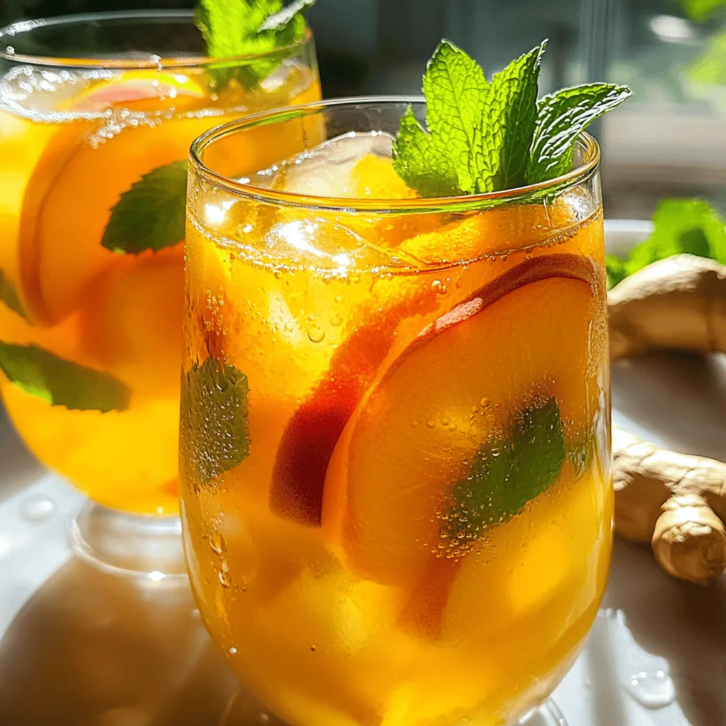 - Fresh peaches - Ginger - Honey - Black tea leaves or tea bags - Lemon juice - Mint leaves - Other fruits (like strawberries or raspberries) - Ice cubes for serving - Sweeteners (like agave syrup or maple syrup) Peach Ginger Sunrise Tea needs fresh peaches for a sweet flavor. Choose ripe ones for the best taste. Ginger adds a warm spice. Use a fresh piece for a stronger kick. Honey gives the tea a nice touch of sweetness. You can adjust the amount based on your taste. Black tea leaves or bags provide a rich base. I prefer using loose tea for a more robust flavor. Lemon juice brings a tart note that balances the sweetness. Mint leaves are great for garnish and add a fresh aroma. For optional additions, you might try other fruits. Strawberries or raspberries can add fun flavors. Ice cubes make this tea nice and cool, especially on hot days. If you want more sweetness, try agave syrup or maple syrup. You can find the full recipe above to make this refreshing drink. - Bring 4 cups of water to a boil in a medium saucepan. - Add 2 sliced peaches and 1-inch of sliced ginger. - Let this mixture simmer for about 10 minutes. Simmering helps the flavors mix well. The sweet peaches and spicy ginger blend beautifully. You will smell the lovely aroma as it cooks. This step sets the base for your tea. - After simmering, remove the saucepan from heat. - Add 2 teaspoons of black tea leaves or 2 tea bags to the mix. - Let it steep for 5 minutes. Steeping allows the tea leaves to release their flavor. Be careful not to steep too long. This can make the tea bitter. Timing is key for a perfect brew. - Strain the tea into a large pitcher, discarding the solids. - Stir in 2 tablespoons of honey and the juice of 1 lemon. - Chill the tea in the refrigerator for at least 1 hour. Chilling the tea makes it refreshing. You can serve it over ice for a cool treat. Garnish with fresh mint leaves for a nice touch. Enjoy this Peach Ginger Sunrise Tea as a simple and refreshing drink. For the complete recipe, check the Full Recipe section. - Choosing ripe peaches: Look for peaches that are soft to the touch and smell sweet. Ripe peaches give the best flavor. If they are hard, let them sit at room temperature for a few days. This ripening will make your Peach Ginger Sunrise Tea taste amazing. - Adjusting sweetness to taste: Start with the honey in the recipe. After mixing it in, taste the tea. If you want it sweeter, add more honey. You can also try maple syrup or agave for a different flavor. - Over-steeping tea: Steeping the tea too long can make it bitter. Follow the recipe and steep for just 5 minutes. This keeps the tea smooth and pleasant. - Not chilling adequately: Chilling the tea is key for a refreshing drink. Let it cool in the fridge for at least one hour. This step makes a big difference in taste. Enjoy your Peach Ginger Sunrise Tea cold for the best experience. {{image_2}} You can change up your Peach Ginger Sunrise Tea to keep it fun. Try adding citrus slices like oranges or limes for a zesty twist. The bright flavors of citrus blend nicely with the sweetness of peaches. You can also switch to herbal tea instead of black tea. Herbal tea gives a lighter taste and is perfect for a caffeine-free option. This tea is great warm in the winter. It warms you up and feels cozy. You can also serve it cold in the summer. Pair your tea with light snacks, like cookies or scones. The sweet and fruity flavors of the tea match well with these treats. For the full recipe, check out the complete steps in the earlier section. Once you make your Peach Ginger Sunrise Tea, store it in the fridge. Use a clean pitcher with a lid. This helps keep the tea fresh and tasty. If you store it right, it lasts about 3 to 5 days. The flavors will stay bright and bold during this time. You can freeze this tea for later. Pour it into ice cube trays or freezer-safe containers. Leave some space at the top for expansion. When you're ready to drink it, take it out and thaw it in the fridge overnight. To serve, you can mix the thawed tea with fresh peach slices or mint. This adds a nice touch and makes it feel fresh again. Use the Full Recipe to guide you through making this delightful drink! Peach Ginger Sunrise Tea offers great health perks. Ginger helps with digestion. It can ease stomach issues and boost your gut health. Peaches are full of vitamins A and C. These vitamins support your immune system and skin health. This tea is not just tasty; it’s good for you too! Yes, you can! To make a caffeine-free version, swap black tea for herbal tea. Good choices include chamomile or rooibos. These options keep the taste light and fresh, just like the original. The tea stays fresh in the fridge for about three days. Store it in a tight container. This keeps the flavors bright and delicious. After three days, the taste may fade. Enjoy your Peach Ginger Sunrise Tea while it’s still fresh! This article covered how to make delicious Peach Ginger Sunrise Tea. You learned the key ingredients, like fresh peaches and ginger, and the steps to prepare it. I shared tips for flavor and how to avoid common mistakes. You can try different variations and serving options to suit your taste. Remember, proper storage keeps it fresh. Enjoy making this tea for yourself or to share with others. You’ll love the unique flavors and health benefits it provides. Embrace this drink as a refreshing addition to your routine!