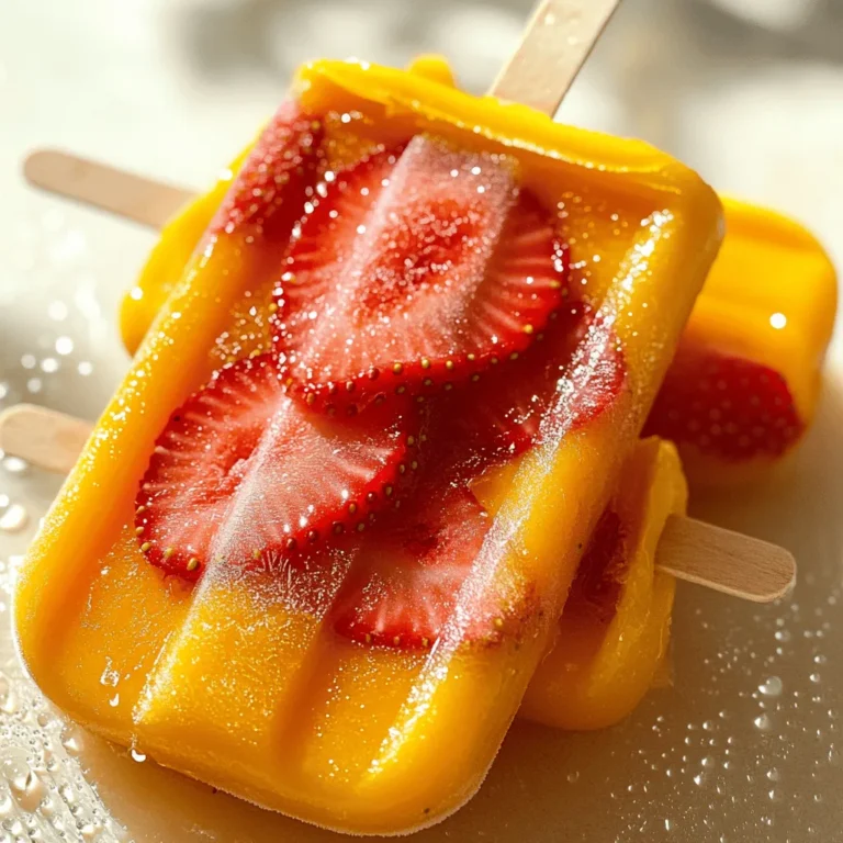 - Ripe mangoes - Fresh strawberries - Sweetener options The main stars of this recipe are ripe mangoes and fresh strawberries. Use two ripe mangoes. Peel and dice them into small pieces. Next, grab one cup of fresh strawberries. Hull and slice them. These fruits give our popsicles their bright colors and sweet taste. For sweetness, you can choose honey or maple syrup. Use about 1/4 cup, but feel free to adjust it based on your taste. - Coconut water or regular water - Lime juice - Salt Now, let’s add a few more ingredients. You need one cup of coconut water or regular water. Coconut water adds a nice tropical flavor. Next, add one tablespoon of fresh lime juice. This brings out the fruit's natural sweetness. Lastly, a pinch of salt helps enhance all these flavors. You can find the full recipe for these tasty popsicles [here](#). First, we blend the mangoes until smooth. Take two ripe mangoes, peel them, and dice them. In a blender, add the diced mango, your choice of sweetener, and one cup of coconut water. Blend for about 30 seconds. This gives you a nice, smooth mango base. Next, we add lime juice and a pinch of salt. The lime juice brightens the flavor. The salt enhances the sweetness. Just a tiny pinch will do. Blend again until everything mixes well. Now it’s time to pour the mango mixture into molds. Fill each mold halfway with the blended mango. This creates the first layer. Next, let’s add the strawberries. Slice one cup of fresh strawberries and mix them with a bit of honey if you like. Spoon the strawberries into the molds on top of the first mango layer. Press them down gently. This ensures they sink into the mango. Finally, pour the remaining mango mixture on top of the strawberries. Fill each mold to the top. This seals in the strawberries and makes a colorful treat. It’s time to freeze the popsicles. Place the molds in the freezer for at least 4 to 6 hours. They need to freeze until solid. When you’re ready to serve, take the molds out of the freezer. To release the popsicles, run warm water over the outside of the molds for a few seconds. Then, gently pull out the popsicles. They should slide right out! For the full recipe, see below. Enjoy your delicious strawberry mango popsicles! To get the best texture in your popsicles, blending is key. Blend the mangoes until smooth. This helps mix all the flavors and creates a creamy base. If it’s too thick, add a little more coconut water. Taste the mixture to find the right sweetness. You can adjust it by adding more honey or maple syrup. Remember, the sweetness can change when frozen. Freezing time matters. Aim for at least 4-6 hours for the popsicles to set fully. For best results, leave them overnight. To avoid ice crystals, make sure the popsicle molds are airtight. If you see ice crystals, it means they froze too slowly. You can also put a piece of plastic wrap over the top of the molds before freezing. When serving, think about fun garnishes. Fresh mint leaves or a sprinkle of lime zest can add a nice touch. You can also pair these popsicles with yogurt or a scoop of sorbet. They make a great treat for a hot day. Enjoy your popsicles with friends and family for a refreshing summer treat. For the full recipe, refer to the Tropical Strawberry Mango Bliss Popsicles section. {{image_2}} You can make your strawberry mango popsicles even more fun by mixing in other fruits. Try adding kiwi for a tart twist or pineapple for extra sweetness. These fruits blend well with mango and strawberries. You can also experiment with sweeteners. Instead of honey, use agave or stevia. This lets you control the flavors and sweetness. If you want a dairy-free popsicle, use coconut milk instead of water. It adds a creamy texture and a rich coconut flavor. For a different take, mix in yogurt. This adds creaminess and boosts the protein. You can use any plant-based yogurt you like. Want a grown-up treat? Add a splash of rum or vodka to your popsicle mix. This makes a refreshing adult beverage for hot days. For a spicy kick, consider adding jalapeños. Just a small amount will give your popsicles a fun twist. You can play with the heat level to match your taste. To keep your strawberry mango popsicles fresh, store them in the freezer. Make sure to use freezer-safe containers or molds. This helps prevent ice crystals from forming. If you have space, wrap the popsicles in plastic wrap for extra protection. This ensures they stay tasty and smooth. You can store these popsicles for about two months in the freezer. After this time, they may lose flavor and texture. Look for signs of freezer burn, like white or gray spots on the surface. If you see these, it's best to throw them away to avoid a bad taste. When you're ready to enjoy a popsicle, thaw it properly. Run warm water over the outside of the mold for a few seconds. This helps release the popsicle without making it mushy. Avoid leaving it out at room temperature too long, as this can lead to a soggy treat. Enjoy your popsicle while it’s still firm! You can use several sugar alternatives. Great options include agave syrup, stevia, or coconut sugar. Each will change the taste a bit. Start with the same amount as honey or maple syrup. Taste as you mix, and adjust for sweetness. Yes, you can. I suggest making them at least one day in advance. This way, they freeze well and taste fresh. You can keep them in the freezer for up to two months. Just make sure they are sealed tight. You can find pre-made popsicles at most grocery stores. Look in the frozen section. Brands like Outshine and Whole Foods often carry them. Check for natural ingredients if you want a healthier choice. Homemade strawberry mango popsicles are low in calories. Each popsicle has about 70-100 calories. This can change based on your sweetener choice. They provide vitamins from fruits and hydration from coconut water. One serving usually includes around 15 grams of sugar. You learned how to make delicious strawberry mango popsicles easily. We covered the key ingredients, including ripe mangoes and sweeteners. I shared step-by-step instructions for blending, layering, and freezing your treats. You got tips for perfect texture and the best freezing practices. For variations, try new fruits, dairy-free options, or even adult versions. Proper storage keeps them fresh longer. Now you can enjoy these popsicles anytime! Experiment and find your favorite blend. Have fun creating your cool snacks!