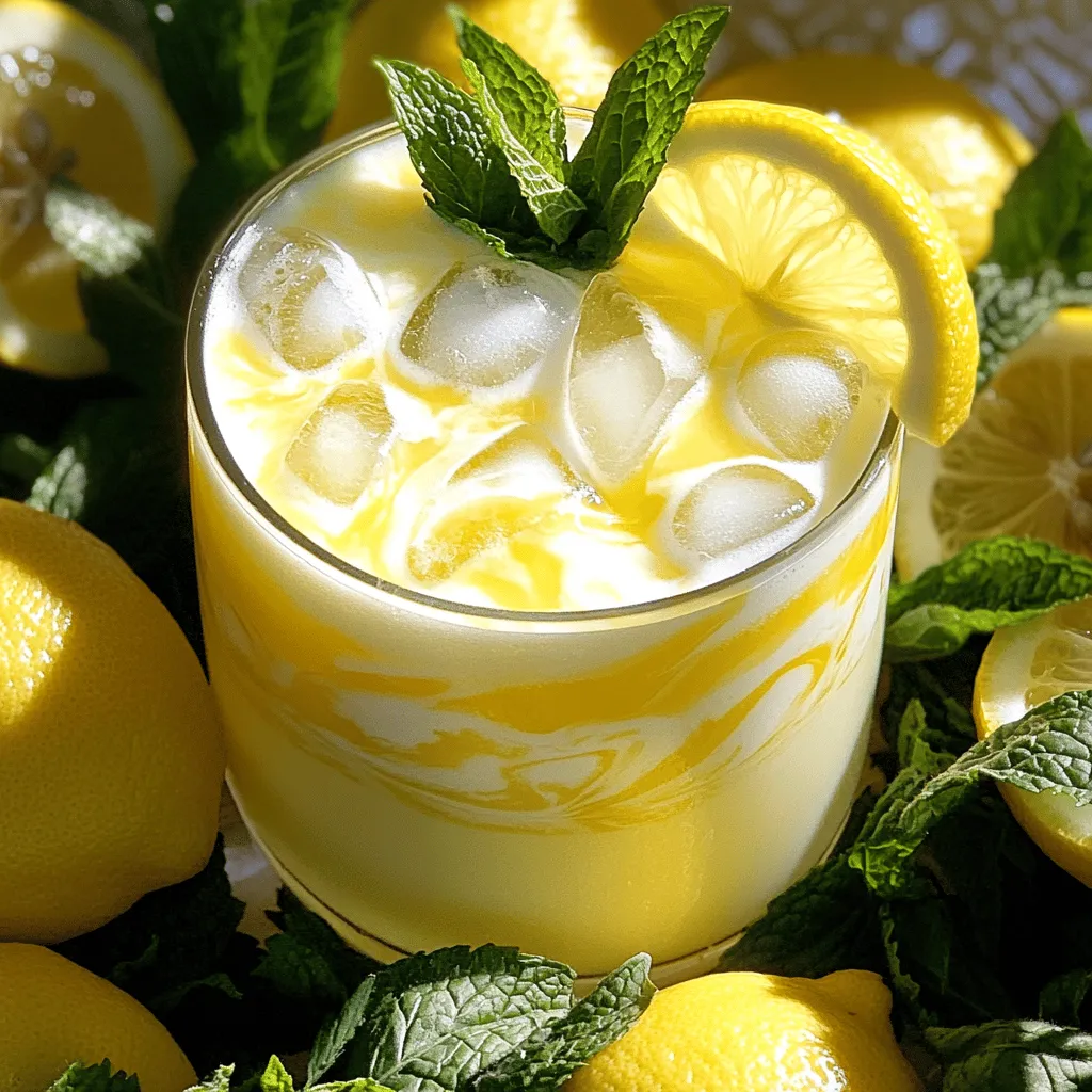 To make a great Creamy Lemonade Mocktail, you will need: - 1 cup freshly squeezed lemon juice (about 4-6 lemons) - 2 cups coconut milk (canned or carton) - 1/2 cup honey or agave syrup (adjust to taste) - 1/4 cup fresh mint leaves, chopped - 2 cups sparkling water or club soda - Ice cubes - Lemon slices and mint sprigs for garnish These ingredients give the drink a bright and creamy flavor. Fresh lemon juice adds a tart kick. Coconut milk makes it rich and smooth. Honey or agave syrup sweetens the drink perfectly. You can jazz up your mocktail with a few extras: - Fresh berries like strawberries or raspberries - A splash of vanilla extract for warmth - A sprinkle of sea salt to balance the sweetness Adding these ingredients can make your drink even more special. The berries add a pop of color and flavor. Vanilla brings a nice depth, while salt enhances the taste. If you need to swap things out, here are some ideas: - Use almond milk or oat milk instead of coconut milk for a different taste. - Maple syrup can replace honey for a vegan option. - Use lime juice instead of lemon juice for a twist. These substitutions keep the drink fun and flexible. You can create your own version based on what you have at home. For the full recipe, check out the detailed instructions above. First, grab a pitcher. You will need 1 cup of freshly squeezed lemon juice. This comes from about 4 to 6 lemons. Next, add 2 cups of coconut milk. Make sure to mix these two well. The goal is to create a smooth base. This creamy mix brings the mocktail to life. Now, it's time to sweeten things up! Add 1/2 cup of honey or agave syrup to the pitcher. You can adjust this based on how sweet you want it. Stir until the sweetener fully dissolves. This step is key for a balanced flavor. Next, toss in 1/4 cup of chopped fresh mint leaves. This adds a fresh taste. Stir again to blend the mint into the mixture. Just before you serve, pour in 2 cups of sparkling water or club soda. Do this slowly to keep the bubbles. Gently stir to mix everything together. Fill your glasses with ice cubes. Then, pour the creamy lemonade mixture over the ice. For extra flair, garnish with lemon slices and mint sprigs. Your refreshing drink is ready to enjoy! For the full recipe, check out the earlier section. To get that creamy texture, use canned coconut milk. It has a thicker consistency. If you use carton coconut milk, choose the unsweetened type. For a richer flavor, mix in some full-fat yogurt. Blend the liquids well to ensure they combine smoothly. Avoid stirring too vigorously after adding the sparkling water. This helps keep your drink light and bubbly. Make your mocktail stand out with fun garnishes. Use lemon slices and fresh mint sprigs. Add a colorful straw for a playful touch. You can also rim the glass with sugar for a sweet twist. Serve it in a tall glass for a refreshing look. A splash of color adds to the fun, so think about using edible flowers too! For this drink, tall glasses or mason jars work best. They show off the layers and colors. If you want a more elegant look, use stemmed glasses. These can make your mocktail feel more special. Choose glassware that holds ice well. This keeps your drink cold and refreshing longer. {{image_2}} You can add fruit to your creamy lemonade mocktail. Think about berries, peaches, or even mango. Just slice them up and toss them in. They will add color and taste. For a berry twist, use fresh strawberries or blueberries. You can also make a tropical version using pineapple. The fruit gives you new flavors and makes the drink pretty. While coconut milk is delicious, you can try other milks too. Almond milk or oat milk works great. Both give a creamy feel without the coconut taste. If you want a richer drink, use whole milk. Each milk type changes the flavor just a bit. Experiment to find your favorite! For a vegan creamy lemonade mocktail, stick with non-dairy options. Use almond milk or soy milk as a base. You can also try cashew milk for a creamier texture. They all mix well with lemon juice and sweeteners. This way, you enjoy a creamy drink that fits your diet. Check the Full Recipe for ideas on how to blend flavors! To store your creamy lemonade mocktail, pour the leftovers into a clean glass jar. Seal the jar tightly with a lid. Keep it in the fridge to stay fresh. Avoid storing in metal containers, as they can change the taste. Always use clean utensils when serving to prevent contamination. When stored properly, the creamy lemonade mocktail lasts about 2 to 3 days in the fridge. After that, it may lose its freshness and flavor. If you notice any change in smell or taste, it's best to toss it out. Enjoy it within the first couple of days for the best experience. You do not need to heat the creamy lemonade mocktail. Instead, give it a good shake or stir before serving. If it seems flat, add a splash of sparkling water to bring back the bubbles. For a refreshing twist, add fresh mint leaves or a slice of lemon. This keeps your mocktail lively and delicious. Yes, you can make this mocktail ahead! Just prepare the base mixture without the sparkling water. Store it in the fridge. When you are ready to serve, add the sparkling water to keep it bubbly. To adjust sweetness, you can change the amount of honey or agave syrup. Start with less and taste it. If you want it sweeter, add more. You can also use sugar or a sugar substitute to change the flavor. If you do not have coconut milk, use almond milk, oat milk, or regular milk. These options will change the flavor a bit but will still taste great. Just remember to pick a milk you like! In this post, we explored how to make a creamy lemonade mocktail. We covered essential and optional ingredients, along with substitutions. Then, I shared step-by-step instructions for mixing, serving, and tips for a perfect texture. We also looked at fun variations and storage tips for leftovers. To wrap up, making this mocktail is fun and easy. Try different flavors to find your favorite! Enjoy your refreshing drink.
