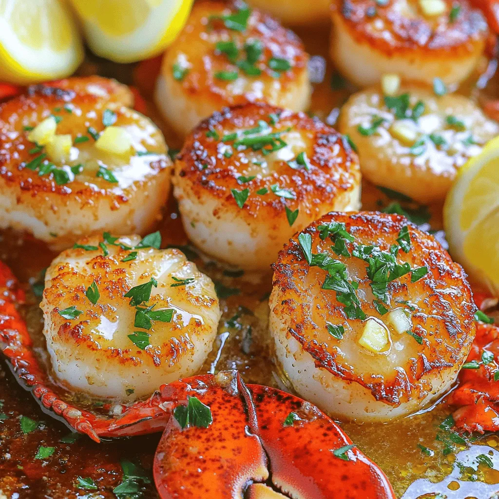 - 1 lb lobster tails, cut in half - 1 lb sea scallops - 4 tablespoons unsalted butter - 4 cloves garlic, minced - Salt and pepper to taste - 1 lemon, juiced - 2 tablespoons fresh parsley, chopped - Lemon wedges for serving When you want to impress, use these simple yet fresh ingredients. Start with the lobster tails and scallops. These seafood gems bring rich flavor. The unsalted butter adds depth and creaminess. Garlic infuses your dish with a warm aroma. A squeeze of lemon brightens the flavors and adds zest. Chop fresh parsley for a pop of color. It also gives a nice herbal note. Lemon wedges will add a fresh squeeze when serving. The key is to use high-quality seafood. Look for bright colors and firm textures. This ensures the best flavor and freshness. You can find this full recipe online for easy reference. - Pat lobster tails and scallops dry. - Season with salt and pepper. Start by drying the seafood well. This step helps them brown nicely in the pan. Sprinkle a little salt and pepper on both the lobster tails and scallops. This simple seasoning brings out their natural flavors. - Heat butter in a skillet. - Sauté minced garlic. Next, take a large skillet and melt the butter over medium heat. Once the butter is fully melted, add minced garlic. Stir the garlic for about a minute. You want it to smell great but not burn. - Sear lobster tails cut-side down. - Flip and cook until opaque. Now, place the lobster tails in the skillet, cut-side down. Sear them for about 3-4 minutes. When they turn opaque, flip them over. Cook for another 2-3 minutes. They should be fully cooked and tender. - Add scallops to the skillet. - Cook until golden brown. After the lobster, it’s time for the scallops. Gently add them to the skillet, making sure not to overcrowd. Cook each scallop for about 2-3 minutes on each side. They should turn a beautiful golden brown. - Return lobster to the skillet. - Add lemon juice and parsley. Once the scallops are done, return the lobster to the skillet. Squeeze in fresh lemon juice. Add chopped parsley for a pop of color and flavor. Gently toss everything in the sauce to coat. - Plate the seafood. - Drizzle remaining sauce on top. Finally, it’s time to serve. Carefully plate the lobster tails and scallops. Drizzle any leftover garlic butter sauce over the top. Garnish with extra parsley and lemon wedges for a nice touch. For the full recipe, click here. When you want to make Easy Garlic Butter Lobster Scallops, start with fresh seafood. Look for lobster tails with bright color. They should feel firm in your hand. Scallops should also be plump and slightly shiny. Fresh seafood smells like the ocean, not fishy. Cooking seafood can be tricky, but I have a tip. Avoid overcrowding the pan. When you add too much at once, the heat drops. This keeps your seafood from searing properly. Cook in batches if needed. Give each piece space to cook evenly. You can add extra flavors to your dish. Consider using a pinch of red pepper flakes for heat. Fresh herbs like thyme or dill also work well. A splash of white wine can add depth. Try these options to elevate your Easy Garlic Butter Lobster Scallops. {{image_2}} You can switch things up by using shrimp instead of scallops. Shrimp adds a sweet flavor and cooks quickly. If you want to include more veggies, try adding asparagus or bell peppers. Both options bring color and crunch to the dish. These substitutions keep the meal fresh and fun. For a twist, try adding white wine to your sauce. It gives a nice depth to the flavor. If you want something richer, incorporate cream. This change makes the sauce smooth and luscious, enhancing the overall taste. Each variation lets you create a new experience with this dish. You can grill the lobster and scallops for a smoky flavor. Grilling adds a nice char and is fun for summer meals. Alternatively, pan-searing gives a crispy texture and is perfect for quick cooking. If you want a hands-off choice, baking is a great option. Just pop everything in the oven and relax while it cooks. Each method offers a unique taste and style to enjoy your Easy Garlic Butter Lobster Scallops. For the complete recipe, please refer to the [Full Recipe]. To keep your Easy Garlic Butter Lobster Scallops fresh, place them in an airtight container. Refrigerate the leftovers right away. This helps maintain the flavor and texture of the dish. Enjoy your leftovers within two days for the best taste. When you reheat lobster scallops, the goal is to keep them moist. The best method is to use a skillet on low heat. Add a little butter or broth to help retain moisture. Stir gently until warmed through. Avoid using the microwave as it can dry out the seafood. If you want to freeze the dish, do it right after cooking. Place the cooled lobster scallops in a freezer-safe container. Seal tightly to prevent freezer burn. This dish can last up to three months in the freezer. When ready to eat, thaw in the fridge overnight and reheat as mentioned above. For the full recipe, check [Full Recipe]. Yes, you can prepare the seafood ahead of time. To do this, follow these best practices: - Prep the seafood: Clean and cut your lobster tails and scallops. - Season them: Add salt and pepper for flavor. - Store in the fridge: Keep them in an airtight container. This method helps save time when you want to enjoy this dish. Just remember to cook them fresh for the best taste. Here are some great side dishes to complement your Garlic Butter Lobster Scallops: - Garlic bread: Perfect for soaking up the buttery sauce. - Steamed asparagus: Adds a nice crunch and color. - Rice or quinoa: These grains absorb the flavors well. - Salad: A fresh salad can contrast the rich seafood. These sides enhance your meal and balance the flavors. To cook scallops just right, follow these tips: - Pat them dry: Remove moisture to help them sear. - Do not overcrowd the pan: This helps them cook evenly. - Cook for 2-3 minutes per side: Look for a golden-brown color. - Check for doneness: They should be opaque and firm. These steps help achieve that tender, juicy texture that makes scallops shine. This blog post detailed a simple yet tasty recipe for Garlic Butter Lobster Scallops. We covered the main ingredients and helpful tips for preparing fresh seafood. You learned step-by-step instructions, options for variations, and storage advice. Cooking seafood can be fun and rewarding. With these easy steps, you can impress your family or friends. Enjoy making this dish and savoring delicious flavors. Remember, practice makes perfect, so keep cooking!