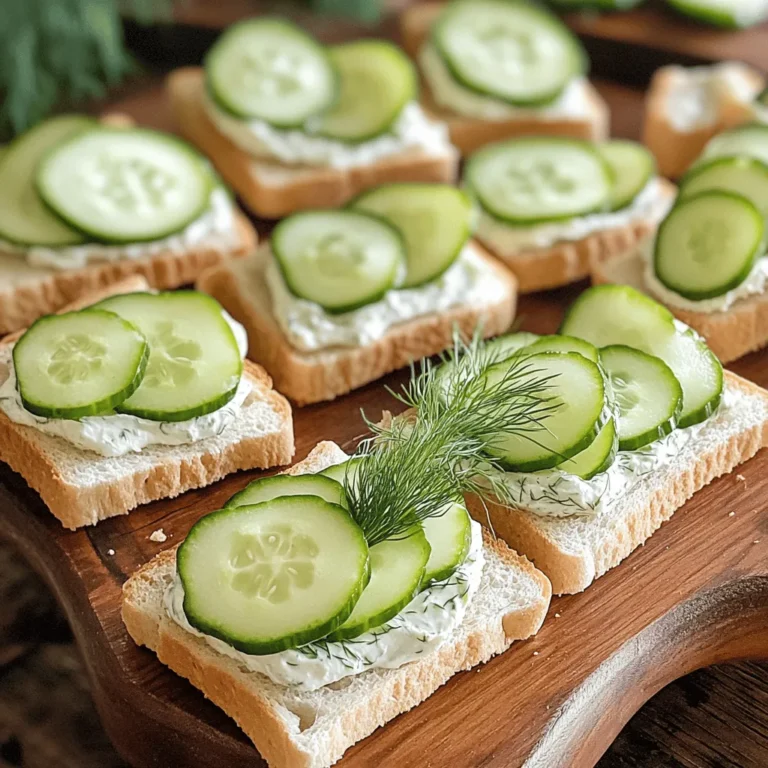 To make Classic Cucumber Sandwiches, you need a few simple ingredients that blend well together. Here’s what you’ll need: - 1 large cucumber, thinly sliced - 8 slices of soft white or whole wheat bread - 4 oz cream cheese, softened - 2 tablespoons fresh dill, chopped - 1 tablespoon lemon juice - Salt and pepper to taste - Butter, for spreading (optional) The cucumber is the star of this dish. Choose a fresh, firm cucumber for the best flavor. You can also pick a variety that you like. The bread should be soft and fresh, as it holds the filling well. Cream cheese makes your sandwiches creamy and rich. The fresh dill adds a nice herbal touch. Lemon juice helps brighten the flavors and adds a little zing. Salt and pepper balance everything. If you want a richer taste, feel free to add butter on the bread. These ingredients come together to create a fresh and tasty delight. For the full recipe, check the cooking instructions. Start with the cucumber. Wash it well under cold water. Use a sharp knife to cut it into thin slices. Aim for about 1/8 inch thick. This helps the slices fit nicely on the bread. Lay the cucumber slices on a paper towel. This will soak up extra moisture, keeping your sandwiches crisp. Next, prepare the cream cheese mixture. In a bowl, combine 4 oz of softened cream cheese. Add 2 tablespoons of chopped fresh dill and 1 tablespoon of lemon juice. Season with salt and pepper to taste. Mix this well until it is smooth. This creamy blend will add flavor to your sandwiches. Now it’s time to put your sandwiches together. If you like, spread a thin layer of butter on each slice of bread. This adds richness but is optional. Next, take four slices of bread and generously spread the cream cheese mixture on top. Layer the cucumber slices evenly over the cream cheese. You can stack them high, but remember to keep them bite-sized. Place the remaining slices of bread on top to finish the sandwiches. For a polished look, you can cut off the crusts. This step makes the sandwiches look neater. Cut each sandwich into fourths or triangles. This makes them easy to pick up and eat. To add a little flair, think about garnishing your sandwiches. You can place a sprig of dill or a small cucumber slice on top of each sandwich. This adds color and makes them more appealing. Arrange the sandwiches on a nice platter. They are now ready to serve at your next tea party or gathering. For the complete recipe, refer to the [Full Recipe]. To ensure fresh cucumber sandwiches, start with the right cucumbers. Look for cucumbers that are firm, dark green, and shiny. Avoid those with soft spots or wrinkles. Wash them well under cool water before slicing. For bread, choose soft white or whole wheat. These types hold the spread well. If you use crusty bread, the texture may not be as nice. Store the sandwiches in the fridge until serving. Cover them with plastic wrap to keep them fresh. You can make your sandwiches even tastier by adding herbs. Fresh dill is a classic choice, but you can try chives or parsley too. Mix these into your cream cheese spread for a burst of flavor. Pair your cucumber sandwiches with tea or lemonade. These drinks enhance the light, fresh taste. You could also serve them with sparkling water for a fun twist. These sandwiches are perfect for tea parties or brunch events. Cut them into small triangles or fingers for easy eating. Arrange them on a pretty platter for a lovely presentation. Adding a sprig of dill or cucumber slices on top makes them look even nicer. For a special event, serve with small plates and napkins. This creates a nice touch for your guests. Enjoy the fresh and tasty delight of classic cucumber sandwiches! {{image_2}} You can switch up the bread for your cucumber sandwiches. Try gluten-free bread for a lighter bite. Rye bread adds a unique flavor and pairs well with the cucumber. Both choices can make your sandwiches special. You can also add fun veggies. Sliced avocado brings creaminess, while radishes add a crunch. These extras make every bite exciting. Change your sandwiches with the seasons. In spring, add fresh herbs like basil or chives for a burst of flavor. In summer, try using a spread of sun-dried tomatoes or a light vinaigrette. These twists keep your sandwiches fresh and fun all year round. Feel free to experiment with what’s in season near you. The spread can change everything in your cucumber sandwich. While cream cheese is classic, hummus gives a tasty twist. It adds a bit of earthiness and pairs well with cucumbers. Pesto is another great option. It brings a burst of flavor and a touch of color. Try different spreads to find your favorite combination. For more ideas, don’t forget to check the Full Recipe. To store leftover sandwiches, wrap them in plastic wrap or place them in an airtight container. Keep them in the fridge. This will help keep them fresh for a short time. I recommend eating them within two days for the best taste. If you notice any moisture, place a paper towel in the container to absorb it. For long-term storage, it’s best to freeze the ingredients separately. You can freeze sliced cucumbers, but they may lose some crunch. For the cream cheese mixture, store it in a sealed container in the freezer. Just remember to thaw it in the fridge before using it again. Bread does not freeze well as a sandwich, so prepare it fresh when you want to make the sandwiches. When properly stored, cucumber sandwiches last up to two days in the fridge. If you freeze the cream cheese mix and cucumbers separately, they can last up to three months. However, for the best flavor and texture, enjoy the sandwiches fresh. Yes, you can make Classic Cucumber Sandwiches ahead of time. Prepare them up to 4 hours in advance. Keep them in the fridge until serving. This helps keep the bread fresh and the cucumbers crisp. If you wait too long, the bread may get soggy. Soft white or whole wheat bread works best for cucumber sandwiches. These breads have a mild flavor that does not overpower the cucumber. You can also try rye or sourdough for a twist. Gluten-free bread is a good choice for those with dietary needs. Each type adds a unique taste. Yes, you can make these sandwiches vegan. Use a plant-based cream cheese instead of regular cream cheese. You can also mix in some mashed avocado for creaminess. For butter, choose a vegan spread. With these swaps, you can enjoy a tasty vegan version of Classic Cucumber Sandwiches. For the full recipe, check the section above. Classic cucumber sandwiches are simple, tasty, and perfect for any occasion. We covered the key ingredients, preparation steps, and how to enhance flavors. Remember to choose fresh cucumbers and quality bread for the best taste. Keep in mind the storage tips to enjoy them later. Don’t hesitate to experiment with variations and alternative spreads. These sandwiches can be a delightful treat, whether you serve them at tea parties or casual gatherings. Try these tips, and you’ll impress your guests with your tasty, cool creations.