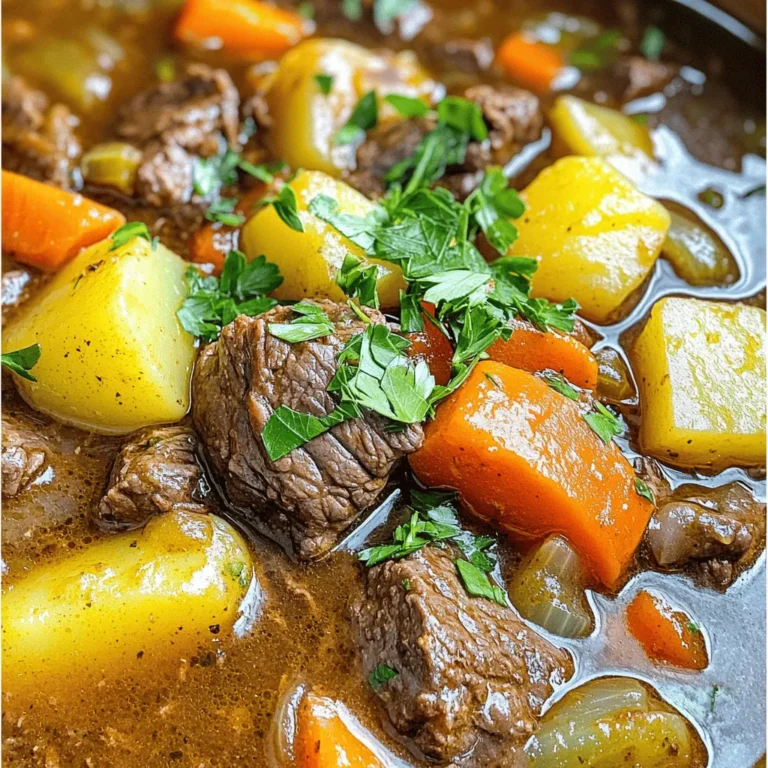 To make your Instant Pot beef stew, gather these main ingredients: - 2 lbs beef chuck, cut into 1-inch cubes - 3 tablespoons olive oil - 1 large onion, chopped - 3 cloves garlic, minced - 4 cups beef broth - 3 carrots, sliced into rounds - 3 potatoes, diced - 2 stalks celery, chopped - 1 cup peas (fresh or frozen) - 2 tablespoons tomato paste - 1 tablespoon Worcestershire sauce - 2 teaspoons dried thyme - 2 teaspoons dried rosemary - Salt and pepper to taste These ingredients create a hearty and comforting stew. The beef chuck adds rich flavor and tenderness. The vegetables bring color and nutrition, making every bite enjoyable. You can enhance your stew with a few optional ingredients: - 2 tablespoons cornstarch (for thickening) - Fresh parsley, chopped (for garnish) Using cornstarch helps create a thicker texture if you prefer. Fresh parsley not only adds color but also a fresh taste to the dish. You can also try adding a bay leaf or some red wine for added depth. Feel free to substitute ingredients based on what you have: - Use chicken or vegetable broth if you don't have beef broth. - Swap out potatoes for sweet potatoes for a twist. - If you don’t have thyme or rosemary, use Italian seasoning instead. These substitutions can still yield a delicious meal. The key is to keep the balance of flavors in mind. When you work with what you have, you can still create a great dish. For the complete preparation steps, check the Full Recipe. First, gather all your ingredients for this beef stew. You will need: - 2 lbs beef chuck, cut into 1-inch cubes - 3 tablespoons olive oil - 1 large onion, chopped - 3 cloves garlic, minced - 4 cups beef broth - 3 carrots, sliced into rounds - 3 potatoes, diced - 2 stalks celery, chopped - 1 cup peas (fresh or frozen) - 2 tablespoons tomato paste - 1 tablespoon Worcestershire sauce - 2 teaspoons dried thyme - 2 teaspoons dried rosemary - Salt and pepper to taste - 2 tablespoons cornstarch (optional, for thickening) - Fresh parsley, chopped (for garnish) Chop the onions, garlic, carrots, potatoes, and celery. Cut the beef into cubes. This makes cooking easier. Begin by setting your Instant Pot to the sauté function. Pour in the olive oil and let it heat up. Add the beef in batches. Brown each cube on all sides for about five minutes. Remove the beef and set it aside. Next, add the chopped onions and minced garlic to the pot. Sauté for about three to four minutes. You want the onions to be soft and smell good. Pour one cup of beef broth into the pot. This helps to deglaze it. Scrape any brown bits off the bottom. These bits add great flavor to your stew. Now, return the beef to the pot. Add the rest of the beef broth, along with the carrots, potatoes, celery, tomato paste, Worcestershire sauce, thyme, rosemary, salt, and pepper. Stir everything together well. Close the lid of the Instant Pot and set the valve to sealing. Choose the manual mode and set the timer for 35 minutes. When the time is up, let the pressure release naturally for about ten minutes. After that, perform a quick release to let out any remaining pressure. If you want a thicker stew, mix cornstarch with a little water. This creates a slurry. Set the Instant Pot back to the sauté function, add the slurry, and stir for about two to three minutes until it thickens. Finally, stir in the peas and cook for another two minutes. This will heat them through. Ladle the stew into bowls and sprinkle fresh parsley on top. Enjoy your hearty and flavorful Instant Pot beef stew! For the full recipe, check the earlier section. To make your beef stew rich and tasty, focus on browning the meat. This adds depth. Use a good amount of olive oil for sautéing. Don’t rush the process; let the beef brown well. After browning, sauté the onions and garlic. This step adds layers of flavor. Deglaze the pot with beef broth. Scrape up all those tasty bits. They pack a punch! Herbs like thyme and rosemary are key. Fresh ones can enhance the taste even more. One common mistake is adding too much liquid at first. This can dilute the flavors. Avoid skipping the browning step. It makes a big difference! Don’t forget to season well with salt and pepper. Taste as you go. Lastly, avoid opening the lid while cooking. This lets out steam and affects cooking time. For this recipe, set your Instant Pot to the sauté function first. After browning, switch to manual mode. Set the timer for 35 minutes on high pressure. For best results, allow a natural release for 10 minutes. This step helps the beef stay tender and juicy. If you want to thicken your stew, use the sauté function again at the end. This will help combine the slurry well. For the full recipe, check the detailed instructions shared earlier. {{image_2}} You can swap beef for other meats. Try pork, chicken, or lamb for a twist. Each option brings a unique flavor to the stew. For pork, use shoulder or loin. For chicken, thighs add moisture and taste. Lamb also works well, offering a rich flavor. Adjust cooking times based on the protein you choose. For a meatless version, use hearty vegetables and legumes. Chickpeas, lentils, or mushrooms add protein and texture. Replace beef broth with vegetable broth for depth. Use soy sauce or liquid aminos for umami flavor. Tofu or tempeh can also be great protein options. This way, you keep the stew filling and satisfying. Feel free to add your favorite vegetables to the stew. Turnips, parsnips, or butternut squash enhance the taste. Bell peppers or zucchini can also bring color and nutrients. Just make sure to chop them to similar sizes. This helps everything cook evenly. Customize to your taste to create a stew you love. To keep your beef stew fresh, let it cool first. Once it cools, transfer it to an airtight container. This will help keep the flavors and moisture locked in. Store it in the fridge for up to 3-4 days. If you want to enjoy it later, freezing is a great option. When you are ready to eat the stew again, you can reheat it easily. Place the stew in a pot over medium heat. Stir it often until it is hot all the way through. You can also use the microwave. Just put it in a microwave-safe bowl and heat it in short bursts, stirring in between. This will warm it evenly and keep it tasty. To freeze your beef stew, follow these simple steps. First, let the stew cool completely. Then, pour it into freezer-safe bags or containers. Leave some space for expansion as it freezes. Label the bags with the date. You can store the stew in the freezer for up to 3 months. When you're ready to enjoy it, thaw it in the fridge overnight before reheating. This ensures the best taste and texture. For the full recipe, check out the Savory Herb Instant Pot Beef Stew. Yes, you can skip browning the meat. However, browning adds rich flavor. If you do not brown the beef, the stew may taste less deep and savory. You can still get good results by using quality ingredients and spices. Just add everything to the pot and cook as normal. For larger batches, you may need to add 10 minutes to the cooking time. For smaller batches, you can reduce the time by 5 to 10 minutes. The key is ensuring the beef is tender. Always check the meat with a fork before serving. Adjust as needed based on your Instant Pot model. You can enjoy this stew with several sides. Here are a few great options: - Crusty bread for dipping - Mashed potatoes for a creamy touch - A fresh green salad for crunch - Rice to soak up the sauce These sides will make your meal even more hearty and satisfying. For the full recipe, check the earlier sections! In this blog post, we explored how to make a delicious Instant Pot beef stew. We covered essential ingredients, step-by-step cooking instructions, and helpful tips. You learned ways to enhance the flavor and make variations. Proper storage methods and answers to common questions were also discussed. Remember, cooking is fun and a chance to be creative. Enjoy your stew and feel proud of your cooking skills!