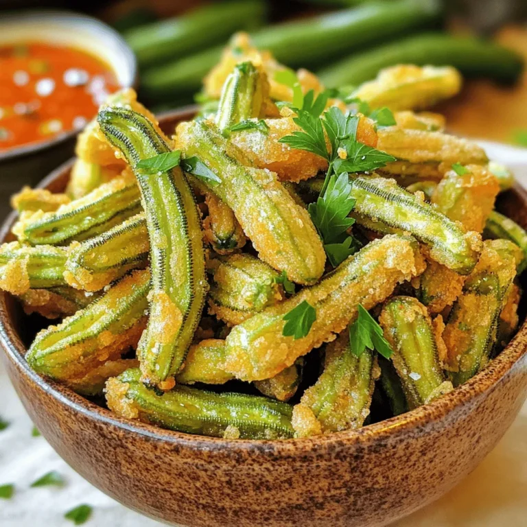 - 1 pound fresh okra, sliced into 1/2 inch rounds - 1 cup buttermilk - 1 cup cornmeal - 1/2 cup all-purpose flour - 1 teaspoon garlic powder - 1 teaspoon onion powder - 1 teaspoon cayenne pepper (adjust to taste) - Salt and black pepper to taste - Vegetable oil, for frying Selecting fresh okra is key for this dish. Look for firm, bright green pods. Avoid okra with blemishes or soft spots. The fresher the okra, the better the flavor and texture. - Medium bowl - Deep skillet or frying pan - Slotted spoon - Paper towels You will need a medium bowl to soak your okra. A deep skillet or frying pan is best for frying. A slotted spoon will help you drain the okra once it’s done. Paper towels will catch the extra oil and keep your fried okra crispy. Using the right tools makes cooking easier. Having everything ready will help you enjoy this tasty treat. For the full recipe, check the steps I’ve laid out for you. First, I soak the fresh okra in buttermilk. This step makes the okra crispier. I leave it in the buttermilk for about 15 to 20 minutes. This soak allows the okra to absorb moisture and flavor. Next, I prepare a cornmeal mixture. In a bowl, I combine cornmeal, flour, garlic powder, onion powder, cayenne pepper, salt, and black pepper. I mix it well. This coating will give the okra a delightful crunch. Now, I heat about one inch of vegetable oil in a deep skillet. I set the heat to medium-high. To check if the oil is hot, I drop a small amount of the cornmeal mix into the oil. If it bubbles and sizzles, it’s ready for frying. I take a handful of the soaked okra and dredge it in the cornmeal mixture. I ensure each piece is well coated. I shake off any extra coating. Then, I carefully place the okra slices in the hot oil. I avoid overcrowding the pan, as this can lower the oil's temperature. I fry the okra in batches for even cooking. I let the okra fry for about 3 to 5 minutes. I watch carefully for a golden-brown color. I turn them occasionally to ensure they cook evenly. Once the okra is cooked, I use a slotted spoon to transfer them to a plate lined with paper towels. This step helps drain any excess oil. While the okra is still hot, I sprinkle extra salt on top. This adds flavor and enhances the taste. For serving, I recommend a rustic bowl. You can garnish with fresh parsley and serve with a spicy dipping sauce or ranch dressing for even more flavor. Enjoy this crunchy delight! For the full recipe, check out the details above. To get that perfect crunch, soak your okra in buttermilk for 15-20 minutes. This helps the coating stick and adds moisture. Next, heat your oil to about 350°F. You can test if it's hot by dropping a bit of the cornmeal mixture in. If it bubbles, you’re ready to fry! Don't overcrowd the pan! Add only a few okra pieces at a time. This keeps the temperature steady and helps the okra cook evenly. After frying, let the okra drain on paper towels. This step removes the extra oil, keeping your fried okra crispy. For the best taste, pair your crispy fried okra with a spicy dipping sauce. Ranch dressing also works great for a cool contrast. Garnish with fresh parsley for color and flavor. You can even add a sprinkle of lemon juice for a zesty kick. For the full recipe, check out the Crispy Fried Okra section. {{image_2}} You can make crispy fried okra even better by adding herbs and spices. Try mixing in dried oregano, thyme, or even a pinch of smoked paprika. These will boost the flavor and add a nice twist. Incorporating cheese or parmesan makes the dish richer. Grate some cheese and mix it with the cornmeal. This gives the fried okra a tasty, cheesy layer that pairs well with the crispy exterior. You can also enjoy crispy fried okra in a healthier way. Try baking instead of frying. Coat your okra with the buttermilk and cornmeal mixture, then place them on a baking sheet. Bake at 425°F for about 20-25 minutes. This method cuts down on oil and calories. Using alternative flours can change the texture. Almond flour or chickpea flour adds a unique taste and keeps it gluten-free. They can make your crispy fried okra just as delicious. Want a fun twist? Try cajun-style seasoning for a kick. Mix cayenne pepper, paprika, and thyme into your cornmeal. This gives the okra a bold, spicy flavor that makes it stand out. You can also add a spicy twist with hot sauce. Drizzle some over the fried okra after cooking to add heat. This simple step turns your crispy fried okra into a zesty snack everyone will love. For the full recipe, check out the Crispy Fried Okra section. To keep your crispy fried okra fresh, cool it before storing. Hot food can create steam, making your okra soggy. Once cooled, place the okra in airtight containers. This helps lock in flavor and keeps it from drying out. When reheating, aim to keep the crispiness. The oven works best for this. Preheat it to 350°F (175°C). Place the okra on a baking sheet and heat for about 10-15 minutes. This method revives the crunch. The microwave is quick but can make the okra soggy. If you must use it, heat in short bursts and don't cover the okra. If you want to prepare ahead, you can freeze uncooked fried okra. Dredge the okra in the buttermilk and cornmeal mixture first. Lay them on a baking sheet in a single layer and freeze until solid. Then transfer to a freezer bag or container. They stay good for about two months. When ready to fry, just drop them into hot oil straight from the freezer. Adjust cooking time slightly since they'll be frozen. Yes, you can skip buttermilk. Use regular milk or a non-dairy milk instead. This will still help the cornmeal stick. The okra will taste good, but buttermilk adds extra flavor. You can use breadcrumbs or crushed crackers as a substitute. Both will give a nice crunch. If you want a gluten-free option, try almond flour or chickpea flour. These will change the flavor a bit, but they work well. Test the oil by dropping in a bit of the cornmeal mixture. If it bubbles and sizzles, the oil is ready. Another way is to use a kitchen thermometer. The oil should reach 350°F to 375°F for best results. You can prep the okra in advance. Soak and coat it, then store it in the fridge. Just fry it right before serving. This keeps your fried okra fresh and crispy. Crispy fried okra goes great with many dishes. Try it with fried chicken or BBQ ribs. It also works well in gumbo or as a side dish with sandwiches. For a light meal, serve it with a fresh salad. You've learned how to make crispy fried okra with fresh ingredients. Selecting firm, bright okra and using the right tools makes all the difference. Remember to soak the okra for maximum crispiness and avoid overcrowding the pan when frying. Explore variations with herbs or spices for fun twists. Finally, store leftovers in airtight containers for later enjoyment. With these tips, you can enjoy delicious, homemade fried okra any time. Happy cooking!