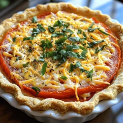 To make a great Southern Tomato Pie, you need fresh ingredients. Here’s what you will need: - 4 ripe tomatoes, sliced - 1 teaspoon salt - 1 cup mayonnaise - 1 cup shredded cheddar cheese - 1 cup shredded mozzarella cheese - 1 teaspoon garlic powder - 1 teaspoon dried basil - 1/2 teaspoon black pepper - 1 pre-made pie crust (9-inch) - 1/4 cup fresh basil, chopped (for garnish) These ingredients blend well to create a rich flavor. The creamy cheese and ripe tomatoes give the pie a tasty twist. The choice of tomatoes can change your pie's taste. I recommend using ripe, juicy tomatoes. Varieties like beefsteak or heirlooms work great. They offer a sweet and fresh flavor. Avoid using unripe or mealy tomatoes. Their flavor is dull and can ruin the pie. You can add a few extra ingredients for a twist. Consider adding cooked bacon for a smoky flavor. You could also mix in sautéed onions or bell peppers for added texture. Want some heat? Toss in a pinch of red pepper flakes. Each option brings a different taste to your Southern Tomato Pie. Explore these variations to find your favorite style. For the full recipe, check the recipe section above. Start with four ripe tomatoes. Slice them and place them in a colander. Sprinkle one teaspoon of salt over the slices. Let them drain for about 15 minutes. This step helps remove extra moisture. After 15 minutes, pat the slices dry with a paper towel. This keeps the pie from getting soggy. In a mixing bowl, combine one cup of mayonnaise with one cup of shredded cheddar cheese and one cup of shredded mozzarella cheese. Add one teaspoon of garlic powder, one teaspoon of dried basil, and half a teaspoon of black pepper. Mix everything well until it is smooth and creamy. This cheesy mix is a key part of the pie's flavor. Preheat your oven to 400°F (200°C). Take a pre-made 9-inch pie crust and place it in a pie dish. Arrange half of the tomato slices evenly on the bottom of the crust. Spread half of the cheese mixture over the tomatoes. Layer the remaining tomato slices on top. Finish by spreading the rest of the cheese mixture. Bake in the oven for 30-35 minutes. Look for bubbly, golden cheese on top. Once baked, let the pie cool for about 10 minutes. Garnish with fresh chopped basil before serving. For the full recipe, check out the details above. A flaky crust is key to a great Southern Tomato Pie. Start with a good pre-made crust. If you want to make your own, keep it cold and handle it gently. After pressing it into the pie dish, poke holes in the bottom. This helps steam escape. Bake it for 5 to 10 minutes before adding the filling. This step helps the crust stay crisp. Tomatoes hold a lot of water. Too much moisture can make your pie soggy. To reduce this, slice the tomatoes and sprinkle them with salt. Let them sit in a colander for about 15 minutes. After that, pat them dry with a paper towel. This way, your pie will have a nice texture. To make your pie even tastier, try adding fresh herbs. Chopped chives or thyme can add depth. You can also mix in some cooked bacon for a smoky flavor. If you like a bit of heat, add a pinch of cayenne pepper. Don't forget to taste your cheese mixture. Adjust the salt and pepper to your liking. These simple tricks can really elevate your dish. For the full recipe, check out the complete guide on Southern Tomato Pie. {{image_2}} You can switch up the cheese in your Southern tomato pie. If you love a sharp taste, try using a mix of sharp cheddar and gouda. For a creamier texture, add some cream cheese to your cheese mix. You could also go for pepper jack for a spicy kick. Each cheese gives a new flavor, making it fun to explore. The crust is key to your pie. You can use a store-bought pie crust for ease and speed. It’s quick and saves time. If you want to impress, try making your own crust. A homemade crust can be flaky and buttery. You can use flour, butter, and water for the base. Both options work well, so choose what suits you best. Want to add more flavor? Mix in crispy bacon bits for a smoky touch. Fresh veggies like spinach or bell peppers can add crunch and color. You can even toss in some onions for extra sweetness. These additions make your pie more hearty. Feel free to get creative with what you have at home! Store leftover Southern tomato pie in an airtight container. Place it in the fridge. This keeps the pie fresh for about 3 to 4 days. If you have a lot of leftovers, cut them into slices. This way, you can grab a piece easily. To reheat the pie, preheat your oven to 350°F (175°C). Place the pie on a baking sheet. Heat it for about 15 to 20 minutes. You want the cheese to melt again and the pie warm throughout. If you prefer, you can use a microwave. Heat it in 30-second intervals until warm. You can freeze Southern tomato pie for later use. First, let the pie cool completely. Wrap it tightly in plastic wrap. Then, cover it with aluminum foil to prevent freezer burn. It will stay good for up to 2 months. When you’re ready to eat it, thaw it in the fridge overnight. Reheat it in the oven for the best texture. For more details, check out the Full Recipe. You can use Greek yogurt as a great substitute for mayonnaise. It adds a creamy texture. You can also try sour cream. Both options give a nice tangy flavor. If you want a dairy-free choice, use avocado or cashew cream. These options keep your pie rich without losing taste. Yes, you can prepare Southern Tomato Pie in advance. You can assemble the pie and cover it. Store it in the fridge for up to 24 hours. This way, the flavors blend well. Just remember to bake it just before serving. If you want to freeze it, bake it first, let it cool, then wrap it tightly. It can last in the freezer for up to three months. Southern Tomato Pie pairs well with a fresh green salad. A side of coleslaw adds a nice crunch. You can also serve it with roasted vegetables. For a heartier meal, try it with grilled corn on the cob. These sides complement the rich flavors of the pie beautifully. You learned how to make a delicious Southern Tomato Pie. We explored key ingredients, types of tomatoes, and optional add-ins. I provided detailed steps from prepping the tomatoes to baking the pie. You also received tips to perfect your crust and enhance flavor. Don’t forget about the fun variations and storage tips. This dish will impress anyone. Now, it’s time to gather your ingredients and create this tasty treat. Enjoy your cooking adventure!