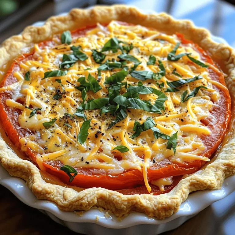 To make a great Southern Tomato Pie, you need fresh ingredients. Here’s what you will need: - 4 ripe tomatoes, sliced - 1 teaspoon salt - 1 cup mayonnaise - 1 cup shredded cheddar cheese - 1 cup shredded mozzarella cheese - 1 teaspoon garlic powder - 1 teaspoon dried basil - 1/2 teaspoon black pepper - 1 pre-made pie crust (9-inch) - 1/4 cup fresh basil, chopped (for garnish) These ingredients blend well to create a rich flavor. The creamy cheese and ripe tomatoes give the pie a tasty twist. The choice of tomatoes can change your pie's taste. I recommend using ripe, juicy tomatoes. Varieties like beefsteak or heirlooms work great. They offer a sweet and fresh flavor. Avoid using unripe or mealy tomatoes. Their flavor is dull and can ruin the pie. You can add a few extra ingredients for a twist. Consider adding cooked bacon for a smoky flavor. You could also mix in sautéed onions or bell peppers for added texture. Want some heat? Toss in a pinch of red pepper flakes. Each option brings a different taste to your Southern Tomato Pie. Explore these variations to find your favorite style. For the full recipe, check the recipe section above. Start with four ripe tomatoes. Slice them and place them in a colander. Sprinkle one teaspoon of salt over the slices. Let them drain for about 15 minutes. This step helps remove extra moisture. After 15 minutes, pat the slices dry with a paper towel. This keeps the pie from getting soggy. In a mixing bowl, combine one cup of mayonnaise with one cup of shredded cheddar cheese and one cup of shredded mozzarella cheese. Add one teaspoon of garlic powder, one teaspoon of dried basil, and half a teaspoon of black pepper. Mix everything well until it is smooth and creamy. This cheesy mix is a key part of the pie's flavor. Preheat your oven to 400°F (200°C). Take a pre-made 9-inch pie crust and place it in a pie dish. Arrange half of the tomato slices evenly on the bottom of the crust. Spread half of the cheese mixture over the tomatoes. Layer the remaining tomato slices on top. Finish by spreading the rest of the cheese mixture. Bake in the oven for 30-35 minutes. Look for bubbly, golden cheese on top. Once baked, let the pie cool for about 10 minutes. Garnish with fresh chopped basil before serving. For the full recipe, check out the details above. A flaky crust is key to a great Southern Tomato Pie. Start with a good pre-made crust. If you want to make your own, keep it cold and handle it gently. After pressing it into the pie dish, poke holes in the bottom. This helps steam escape. Bake it for 5 to 10 minutes before adding the filling. This step helps the crust stay crisp. Tomatoes hold a lot of water. Too much moisture can make your pie soggy. To reduce this, slice the tomatoes and sprinkle them with salt. Let them sit in a colander for about 15 minutes. After that, pat them dry with a paper towel. This way, your pie will have a nice texture. To make your pie even tastier, try adding fresh herbs. Chopped chives or thyme can add depth. You can also mix in some cooked bacon for a smoky flavor. If you like a bit of heat, add a pinch of cayenne pepper. Don't forget to taste your cheese mixture. Adjust the salt and pepper to your liking. These simple tricks can really elevate your dish. For the full recipe, check out the complete guide on Southern Tomato Pie. {{image_2}} You can switch up the cheese in your Southern tomato pie. If you love a sharp taste, try using a mix of sharp cheddar and gouda. For a creamier texture, add some cream cheese to your cheese mix. You could also go for pepper jack for a spicy kick. Each cheese gives a new flavor, making it fun to explore. The crust is key to your pie. You can use a store-bought pie crust for ease and speed. It’s quick and saves time. If you want to impress, try making your own crust. A homemade crust can be flaky and buttery. You can use flour, butter, and water for the base. Both options work well, so choose what suits you best. Want to add more flavor? Mix in crispy bacon bits for a smoky touch. Fresh veggies like spinach or bell peppers can add crunch and color. You can even toss in some onions for extra sweetness. These additions make your pie more hearty. Feel free to get creative with what you have at home! Store leftover Southern tomato pie in an airtight container. Place it in the fridge. This keeps the pie fresh for about 3 to 4 days. If you have a lot of leftovers, cut them into slices. This way, you can grab a piece easily. To reheat the pie, preheat your oven to 350°F (175°C). Place the pie on a baking sheet. Heat it for about 15 to 20 minutes. You want the cheese to melt again and the pie warm throughout. If you prefer, you can use a microwave. Heat it in 30-second intervals until warm. You can freeze Southern tomato pie for later use. First, let the pie cool completely. Wrap it tightly in plastic wrap. Then, cover it with aluminum foil to prevent freezer burn. It will stay good for up to 2 months. When you’re ready to eat it, thaw it in the fridge overnight. Reheat it in the oven for the best texture. For more details, check out the Full Recipe. You can use Greek yogurt as a great substitute for mayonnaise. It adds a creamy texture. You can also try sour cream. Both options give a nice tangy flavor. If you want a dairy-free choice, use avocado or cashew cream. These options keep your pie rich without losing taste. Yes, you can prepare Southern Tomato Pie in advance. You can assemble the pie and cover it. Store it in the fridge for up to 24 hours. This way, the flavors blend well. Just remember to bake it just before serving. If you want to freeze it, bake it first, let it cool, then wrap it tightly. It can last in the freezer for up to three months. Southern Tomato Pie pairs well with a fresh green salad. A side of coleslaw adds a nice crunch. You can also serve it with roasted vegetables. For a heartier meal, try it with grilled corn on the cob. These sides complement the rich flavors of the pie beautifully. You learned how to make a delicious Southern Tomato Pie. We explored key ingredients, types of tomatoes, and optional add-ins. I provided detailed steps from prepping the tomatoes to baking the pie. You also received tips to perfect your crust and enhance flavor. Don’t forget about the fun variations and storage tips. This dish will impress anyone. Now, it’s time to gather your ingredients and create this tasty treat. Enjoy your cooking adventure!