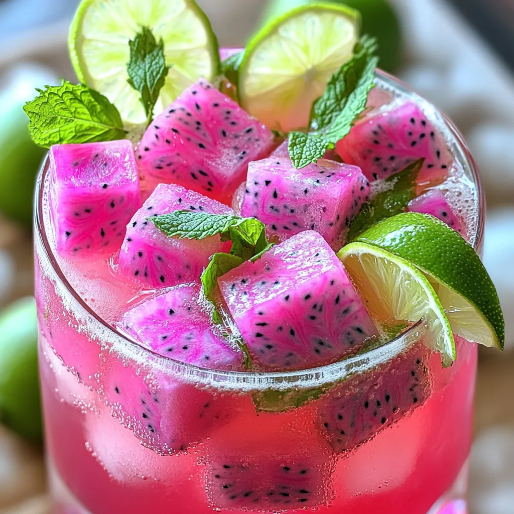 To make a Dragon Fruit Lime Spritzer, gather these simple ingredients: - Ripe dragon fruit - Sparkling water - Fresh lime juice - Agave syrup (or honey) - Fresh mint leaves - Lime slices - Ice cubes Each ingredient adds its own touch. The ripe dragon fruit brings a bright color and mild sweetness. Sparkling water gives it a refreshing fizz. Lime juice adds tang, while agave syrup balances the flavors with sweetness. Fresh mint leaves and lime slices not only look good but also add extra flavor. Ice cubes keep your drink cool and refreshing on a hot day. You can find the full recipe at the end of this article to help you create this delightful drink. To start, cut the dragon fruit in half. Use a sharp knife for this. Scoop out the bright pink flesh with a spoon. Make sure to get all of it! Once you have the flesh, dice it into small cubes. Aim for uniform pieces for even mixing later. Next, grab a large glass. Combine the diced dragon fruit, fresh lime juice, and agave syrup in it. The lime juice adds a nice zing. Use a muddler or the back of a spoon to gently mash the mixture. This helps release the fruit's juices and flavors, making it extra tasty. Now it’s time to serve! Fill the glass with ice cubes about halfway full. Pour sparkling water over the ice and fruit mixture. Stir gently to mix everything together without losing the bubbles. Taste your spritzer. If you want it sweeter, add a bit more agave syrup. Finally, garnish with fresh mint leaves and lime slices on the rim. This adds a pop of color and freshness to your drink. Enjoy this refreshing summer drink! For the complete details on making this drink, check out the Full Recipe. To make your Dragon Fruit Lime Spritzer just right, you can adjust the sweetness. Agave syrup works well for this. Start with one tablespoon. Taste it and add more if you want it sweeter. For lime juice, I recommend using two tablespoons. This gives the drink a nice tang. If you love lime, feel free to add an extra splash. A great drink needs a great look! Garnishing options can make your spritzer shine. Use fresh mint leaves for a pop of green. Lime slices add a nice touch on the glass rim. To enhance the drink's colors, choose a clear glass. The bright pink of the dragon fruit and the green of the mint look stunning together. Enjoy your spritzer on warm days. It’s perfect for picnics or backyard barbecues. Pair it with light snacks. I love it with fresh fruit or chips and salsa. These pairings make your gathering even better. For the full recipe, you can refer back to the instructions above. {{image_2}} You can mix it up with other tropical fruits. Try using mango, pineapple, or passion fruit. Each adds a unique twist that makes your spritzer special. You can also blend flavors with berries. Strawberries, blueberries, or raspberries work well. Their sweetness pairs nicely with the tangy lime. You might find a new favorite combination! If you want to switch up the sweetness, consider using honey or maple syrup. They add a rich flavor that makes the drink taste even better. For a healthier option, try natural sweeteners like stevia or monk fruit. These options keep the calories low while still giving you that sweet taste. Experiment with the amount to find what you love best. Want to make it a fun adult drink? You can add a splash of rum or vodka. These spirits mix well with the flavors of the dragon fruit and lime. A light rum gives a tropical vibe, while vodka keeps it refreshing. Just remember to adjust the amount of sweetener, as alcohol can change the drink's balance. Enjoy this twist for summer parties or cozy nights! You can prepare the parts of the Dragon Fruit Lime Spritzer in advance. Start by dicing the dragon fruit and squeezing fresh lime juice. Store each ingredient in separate airtight containers. Keep diced dragon fruit in the fridge for up to two days. Lime juice stays fresh for about three days when chilled. This way, you can mix the spritzer quickly when you need it. If you have any spritzer left, store it in a sealed jar. It’s best to consume it within one day for the best taste. If you wait longer, the drink may lose its fizz. To keep it fresh, avoid adding ice until you're ready to drink. This keeps the spritzer from becoming watery. Dragon fruit stays good for about a week at room temperature. Once cut, it needs to be refrigerated. Fresh lime juice lasts up to three days in the fridge. Always check for any off smells or changes in color before using. These tips help you enjoy your spritzer at its best quality. To make a Dragon Fruit Lime Spritzer, follow these simple steps: 1. Cut a ripe dragon fruit in half and scoop out the bright flesh. 2. Dice the flesh into small cubes. 3. In a large glass, mix the diced dragon fruit with fresh lime juice and agave syrup. 4. Use a muddler or a spoon to mash the mixture gently. This releases the fruit's juices. 5. Fill the glass halfway with ice cubes. 6. Pour sparkling water over the ice and fruit mix. 7. Stir gently to combine. 8. Taste your spritzer and add more agave syrup if you like it sweeter. 9. Garnish with mint leaves and lime slices for a fresh look. This process takes about 10 minutes, and you can make two servings. For the full recipe, check out the complete details above. Yes, you can use frozen dragon fruit. However, it will change the drink's texture. Frozen fruit may make your spritzer thicker and creamier. It also might dilute the flavor a bit when it melts. If you want a colder drink, frozen dragon fruit is a great choice. Just remember to adjust the sweetness since frozen fruit can be less sweet. Dragon fruit is not just pretty; it’s also healthy! - Nutritional advantages: Dragon fruit is low in calories. It is rich in vitamins C and B. It also has minerals like iron and calcium. These nutrients help support your immune system and bone health. - Healthful properties of included ingredients: Lime juice adds vitamin C and helps with digestion. Mint leaves can soothe your stomach and freshen your breath. Agave syrup, while sweet, has a lower glycemic index than regular sugar. This means it won’t spike your blood sugar as much. Together, these ingredients make a refreshing and healthy drink. This recipe offers a fresh and fun drink with simple steps. You learned how to prepare a dragon fruit lime spritzer, from slicing the fruit to mixing in sweeteners. We shared tips for perfect flavor balance and creative presentations. Don’t shy away from trying different fruits or making it boozy. Enjoy your spritzer at any time or with snacks. Make extra to share or save for later. With this guide, you can confidently impress friends and family with your delicious creation. Cheers to refreshing sips!