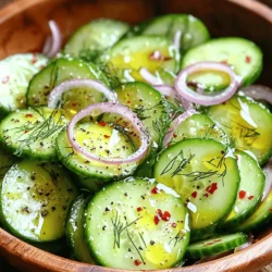 - 2 large cucumbers, peeled and thinly sliced - 1 medium red onion, thinly sliced Fresh produce makes this salad shine. Cucumbers are crisp and refreshing. They add a cool crunch. Red onions bring a sweet bite. Their vibrant color enhances the dish. Together, they create a perfect pair. - 1/4 cup apple cider vinegar - 2 tablespoons honey - 1 tablespoon olive oil The dressing is key to flavor. Apple cider vinegar adds tang. Honey balances the sour with sweetness. Olive oil enriches the mix and helps it coat the veggies well. This combo creates a bright, zesty flavor. - 1 teaspoon salt - 1/2 teaspoon black pepper - 1/4 teaspoon red pepper flakes (optional, for a bit of heat) - Fresh dill or parsley for garnish Seasoning elevates the salad. Salt enhances natural flavors. Black pepper adds a hint of warmth. If you like spice, red pepper flakes give it a kick. Fresh dill or parsley adds color and a fresh touch. For the full recipe, check out the detailed instructions above. To start, grab your cucumbers. Peel them for a smooth taste. Use a sharp knife to cut them into thin slices. This helps them stay crunchy and fresh. Next, take your red onion. Thinly slice it, too. The goal is to match the size of the cucumber slices. Once done, place both the cucumbers and onions in a large mixing bowl. This bowl will hold all the flavors as you mix. Now, let’s whip up the dressing. In a small bowl, add the apple cider vinegar, honey, and olive oil. Then, sprinkle in the salt and black pepper. If you like a bit of heat, add the red pepper flakes. Use a whisk to blend everything together. Whisking helps the flavors mix well. A good dressing makes the salad pop and taste great. Pour the dressing over the cucumber and onion mixture. Use a spatula to toss the salad gently. Make sure every slice gets coated with dressing. This step is key to flavor. After mixing, cover the bowl with plastic wrap. Place it in the fridge for at least 30 minutes. This time allows the flavors to meld together. Before serving, give it a quick toss again. You can adjust the seasoning if needed. For a final touch, add fresh dill or parsley on top for color and flavor. Enjoy this fresh salad! Slicing cucumbers and onions thinly is very important. Thin slices give a nice crunch. They also soak up the dressing well. I recommend about 1/8 inch thick. If you cut too thick, the salad might feel heavy. Marinating helps the flavors mix. Letting the salad sit for at least 30 minutes is key. This allows the cucumbers and onions to soften slightly. You can even prepare it a few hours ahead. The longer it sits, the better it tastes! This salad pairs well with grilled meats. Try it next to chicken or fish. It also complements sandwiches perfectly. For a fun twist, serve it in lettuce wraps. Guests will love the fresh crunch in every bite. You can also add some cheese on top. Feta or goat cheese works great. This adds creaminess and makes the dish feel fancy. Use a large mixing bowl to combine everything. A big bowl makes it easy to toss the salad. You’ll also need a sharp knife for slicing. A cutting board is essential for safety. A whisk is helpful for mixing the dressing well. If you want to be fancy, use a salad spinner. It helps dry the cucumbers after washing. This way, your dressing sticks better! For the full recipe, check out the details above. {{image_2}} For a lighter salad, try low-calorie dressings. You can mix yogurt with lemon juice for a creamy touch. Another option is using balsamic vinegar instead of apple cider vinegar. Both choices keep the flavors fresh while cutting calories. You can also add other vegetables. Try bell peppers or radishes for added crunch. Shredded carrots bring a nice color and sweetness too. These swaps make your salad more vibrant and nutritious. To boost the taste, introduce herbs and spices. Fresh dill pairs well with cucumbers and onions. You can also sprinkle in some mint for a refreshing twist. A touch of garlic powder adds depth without overpowering the dish. Fruity additions can bring sweetness. Try diced apples or juicy mango. They add a delightful contrast to the tangy dressing. You can also mix in some berries for a pop of color and taste. Explore Greek-style variations by adding feta cheese and olives. These ingredients add a salty and creamy element, making the salad heartier. Toss in some oregano for a Mediterranean flair. For Asian-inspired ingredients, consider adding sesame oil and soy sauce. Sliced radishes, scallions, and toasted sesame seeds create a unique taste. This version offers a new perspective on a classic dish. For more ideas, check out the Full Recipe for Crisp Cucumber & Sweet Onion Delight. To keep your cucumber and onion salad fresh, use airtight containers. This prevents moisture loss and keeps flavors intact. Store the salad in the fridge right after making it. It helps to keep the ingredients crisp. If you want to save space, try using smaller containers for individual servings. You do not need to reheat this salad. It tastes best when cold and crisp. If you have leftovers, serve them straight from the fridge. If the salad sits too long, it may lose some crunch. Ensure to toss it lightly before serving for a fresh look and taste. In the fridge, cucumber and onion salad lasts about three days. After that, it may start to lose its quality. Look for signs of spoilage, like a mushy texture or off smell. If you see any water pooling at the bottom of the container, it’s a sign that the salad is past its prime. For the best flavor and texture, enjoy it while it’s fresh! You should marinate the salad for at least 30 minutes. This time lets the flavors mix well. If you have more time, try marinating for up to two hours. The longer it sits, the better it tastes. Yes, you can use other types of vinegar. White wine vinegar works well and gives a nice flavor. Rice vinegar is another good option if you want something milder. Each vinegar will give your salad a unique taste. I recommend cutting cucumbers into thin slices. Thin slices soak up the dressing better and create a nice crunch. You can also cut them into half-moons if you prefer. Just make sure they are even for the best texture. Absolutely! Adding bell peppers or cherry tomatoes can boost the flavor. Try to keep the cuts similar in size. This way, all the veggies mix well and look nice together. Yes, this salad is great for meal prep. It stays fresh for a couple of days in the fridge. Just store it in an airtight container. The flavors will keep getting better as it sits. Yes, you can skip the honey if you want. You can use a sugar substitute or a little maple syrup for sweetness. Adjust the amount to match your taste preference. You can use fresh dill or parsley for a bright touch. Chopped green onions also add a nice crunch. Garnishing makes the salad look more inviting and adds extra flavor. This salad is best served cold. However, if you like it warm, you can briefly heat the cucumbers. Just remember, warming may change the texture and taste. Try it and see what you like best! This salad pairs well with grilled meats or fish. It adds a refreshing crunch to any meal. You can also serve it with sandwiches or wraps for a lighter lunch option. You can find the full recipe in the earlier section of this article. It includes all the steps and ingredients you need to make this delightful salad. Enjoy making it at home! This blog covered how to make a refreshing salad. We discussed key ingredients like fresh cucumbers and red onions. We explored how to blend a simple dressing with apple cider vinegar and honey. I shared tips on perfecting your salad’s texture and flavor, plus ways to serve and store it. Finally, I offered variations to make it unique. Keep experimenting with flavors and textures. You’ll create a dish that suits your taste every time. Enjoy your cooking journey!