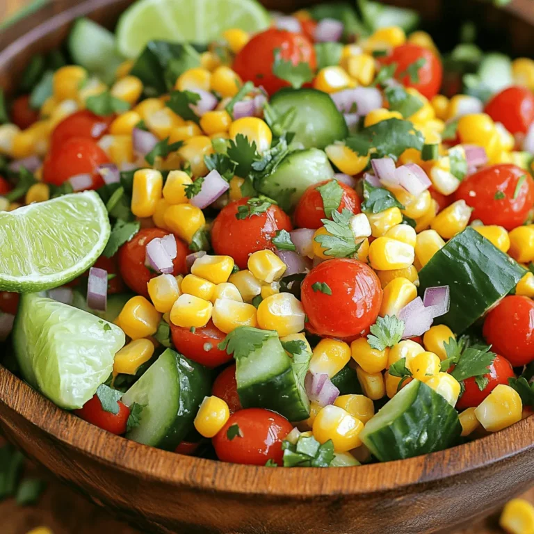 Choose fresh sweet corn to make this salad shine. Look for ears with bright green husks. The silk should be moist and golden. Fresh corn has a sweet taste and juicy texture. You can use frozen corn in a pinch, but fresh is best. You need a few colorful veggies to add to the corn. Here’s what to include: - 1 cup cherry tomatoes, halved - 1 red bell pepper, diced - 1 cucumber, diced - 1/4 cup red onion, finely chopped - 1/4 cup fresh cilantro, chopped These veggies bring crunch and flavor to your dish. The bright colors make it more inviting. A good dressing ties everything together. For this salad, you will need: - Juice of 2 limes - 3 tablespoons olive oil - 1 teaspoon cumin - Salt and pepper to taste The lime juice adds a zesty kick. Olive oil gives it a smooth finish. Cumin adds a warm flavor that complements the corn. Mix these in a bowl before adding them to the salad. For the best taste, let it sit before serving. Follow the Full Recipe for a detailed guide. First, fill a large pot with water. Bring the water to a boil. Add the husked corn and cook it for 4-5 minutes. The corn should be tender when done. After cooking, carefully remove the corn and let it cool. Once cool, use a sharp knife to cut the kernels off the cob. Place the corn kernels in a large mixing bowl. Now it’s time to add fresh flavors. Halve the cherry tomatoes and add them to the bowl. Next, dice the red bell pepper and cucumber, then toss them in too. Finally, finely chop the red onion and mix it in. All these veggies add crunch and color to your salad. In a small bowl, it's time to create the dressing. Whisk together the lime juice, olive oil, cumin, salt, and pepper. Mix until everything is well blended. Pour this dressing over the corn and veggies. Add the chopped cilantro last. Gently toss everything together until the salad is evenly coated. For the best flavor, let it rest for 30 minutes at room temperature or in the refrigerator. This waiting time helps the flavors blend nicely. To see the complete guide, check out the Full Recipe. To boost the taste of your summer corn salad, use fresh ingredients. Fresh corn gives the best sweet flavor. Roast the corn for a smoky touch. You can also try adding a pinch of smoked paprika. This adds a nice depth to your salad. Fresh herbs like basil or mint can brighten it up too. A squeeze of lemon juice can add zing. Always taste as you go to balance the flavors. Texture makes a salad fun to eat. Start with crunchy veggies like bell peppers and cucumbers. The corn should be sweet and tender. If you like a bit of crunch, add nuts like almonds or walnuts. For creaminess, consider adding avocado. This will make every bite more interesting. Make sure to chop your veggies into similar sizes. This way, they blend well together. Serve your summer corn salad in a big bowl for sharing. It looks great with colorful veggies on display. If it's a hot day, chill the salad before serving. This makes it refreshing and cool. You can also serve it alongside grilled meats or fish. It pairs well with tacos or as a light lunch. For a fun touch, garnish with lime wedges and extra cilantro. For more details, check out the Full Recipe. {{image_2}} This salad is already vegetarian and vegan! You can enjoy every bite without worry. The fresh corn brings a sweet taste. The veggies add crunch and color. They help make it fun and healthy. Use the Full Recipe as your base. You can mix in different flavors to change the salad. Try adding black beans for protein. They give a nice texture and flavor. You can also toss in some diced avocado. This adds creaminess that pairs well with the other ingredients. Want some heat? Add diced jalapeños or a splash of hot sauce. This will spice things up! Cooking corn on the grill gives it a smoky flavor. To make this version, grill the corn before cutting it off the cob. The charred bits add great taste. Just husk the corn and grill it until it’s slightly blackened. Let it cool, then slice the kernels off. Mix it into the salad for a new twist! To keep your summer corn salad fresh, store it in an airtight container. Use glass or plastic containers with tight-fitting lids. This method helps keep out air and moisture. If you have leftover dressing, store it separately to avoid sogginess. When stored properly in the fridge, this salad lasts about 3 days. The flavors meld and improve over time. However, the veggies may lose some crunch after a day. Always check for any signs of spoilage before eating. You don’t need to reheat corn salad; it tastes great cold! If you prefer it warm, gently warm it in a pan over low heat. Stir often to avoid cooking the vegetables. Add a splash of lime juice to refresh the flavors if needed. Yes, you can use frozen corn. It is a great alternative. Just thaw it before using. Frozen corn can save time and still taste good. If you don't have lime juice, try lemon juice. The taste will change a bit but still work. You can also use vinegar for a tangy flavor. This salad is already gluten-free. All the ingredients are safe for those avoiding gluten. Just ensure your dressing has no hidden gluten sources. You can add black beans for protein. Avocado gives creaminess, while jalapeños add spice. Try adding sweet corn salsa for a fun twist too. The Full Recipe yields six servings. This makes it perfect for a small gathering or family meal. You can easily double it for a larger group. In this blog post, we explored how to make a delicious corn dish. We started with selecting fresh corn and other ingredients. Then, we walked through the cooking steps, including making a tasty dressing. You learned tips to boost flavor and texture. We also offered variations to fit different diets and preferences. Finally, we covered storage methods to keep your dish fresh and answered common questions. Remember, cooking should be fun and creative. Enjoy trying your own twists on this corn recipe!