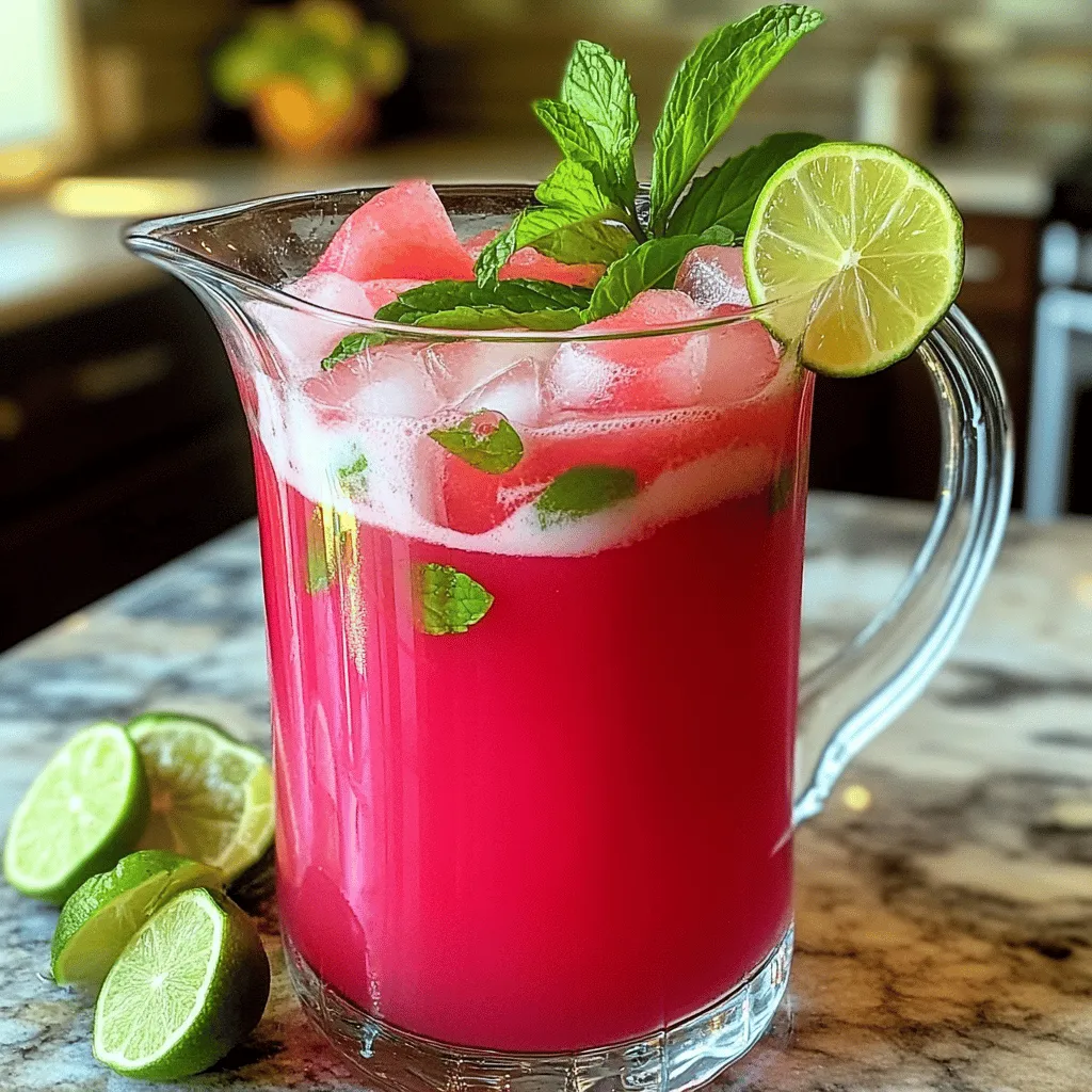 - 4 cups of ripe watermelon, cubed and seeded - 1/4 cup fresh mint leaves, loosely packed - 2 tablespoons lime juice - 2-4 tablespoons honey or agave syrup - 2 cups cold water - Ice cubes - Mint sprigs and lime slices for garnish You can swap honey with maple syrup or stevia if you prefer. For a sweeter taste, use agave syrup. If you don't have fresh mint, dried mint works too, but fresh mint gives a brighter flavor. Using ripe watermelon is key. It brings a sweet, juicy taste to your drink. A fresh watermelon makes the Agua Fresca taste even better. Fresh mint adds a cool, refreshing note. It enhances the drink's flavor profile, making each sip enjoyable. To start, you need to blend the watermelon and mint. Take your ripe watermelon and cut it into cubes. Add the watermelon cubes and fresh mint leaves to a blender. Blend the mixture until it is smooth. This will create a bright and fragrant base for your drink. Next, you will strain the mixture. Use a fine sieve or cheesecloth to strain the blended mixture into a large pitcher. This step removes any pulp and seeds. Press the mixture with a spoon to extract as much juice as you can. This process gives you a clear and refreshing juice. Now, it's time to mix the ingredients. Add the lime juice to the watermelon juice in your pitcher. Then, sweeten it with honey or agave syrup. Stir everything well until the sweetener dissolves completely. This will balance the flavors and brighten your drink. Next, adjust the water for your desired taste. Pour in the cold water little by little. Mix it well and taste as you go. You want the drink to be refreshing, not too sweet or too diluted. Before serving, chill your Agua Fresca. Let it sit in the refrigerator for at least 30 minutes. This time allows the flavors to meld beautifully. When you're ready to serve, fill glasses with ice cubes. Pour the chilled Agua Fresca over the ice. For a lovely touch, garnish each glass with mint sprigs and lime slices. This adds a pop of color and enhances the aroma. Enjoy your refreshing summer drink! To make your Watermelon Mint Agua Fresca just right, adjust the sweetness. Start with two tablespoons of honey or agave syrup. If it’s not sweet enough, add more. Taste as you go! Natural sweeteners like honey or agave work well. They blend smoothly into the drink and add a nice flavor. For a smooth texture, use a powerful blender. I recommend high-speed models that crush ice and blend fruit well. Cut your watermelon into small cubes for easy blending. Blend until the mixture is smooth. If you notice chunks, blend a bit longer. This gives your drink a nice, silky feel. Want to up the flavor? You can add other fruits or herbs. Try adding strawberries for a fruity twist. Basil also adds a nice touch. Using flavored water, like coconut or sparkling, gives your drink extra depth. This makes it fun and unique! For the best results, always use fresh ingredients. They really make your Agua Fresca shine. For the complete recipe, check the [Full Recipe]. {{image_2}} You can play with flavors in your Watermelon Mint Agua Fresca. One fun option is to add cucumber and basil. The cucumber gives a light taste, while basil adds a fresh twist. Just blend 2 cups of peeled cucumber with the watermelon and mint. You will love the unique flavor! Another tasty mix is the strawberry watermelon twist. Blend together 2 cups of ripe strawberries with the watermelon. This adds a sweet touch and a beautiful color. Want to turn your Agua Fresca into a cocktail? Adding rum or vodka works great! Just mix in 1 to 1.5 ounces of your favorite spirit after blending. It gives a nice kick for summer parties. For a garnish, use lime wedges or fresh mint sprigs. You can even add a slice of watermelon on the rim for a fun look. It makes the drink feel special! If you want a lighter version, reduce the sugar. You can use less honey or agave syrup. Start with just 1 tablespoon and taste. Adjust to your liking. Another great option is using sparkling water. Swap out regular water for sparkling water to add fizz. This makes your drink extra refreshing! Enjoy experimenting with these ideas to make your Agua Fresca just right. For the full recipe, click [Full Recipe]. To keep your Watermelon Mint Agua Fresca fresh, store it in the fridge. Use a glass pitcher or a sealed container. Glass maintains the flavor well and is easy to clean. If you use plastic, ensure it’s food-grade and BPA-free. Agua Fresca stays fresh in the refrigerator for about 3 days. After that, it may lose its bright taste. Check for any off smells or changes in color. If it looks cloudy or smells sour, it’s time to toss it. You can freeze Agua Fresca! Pour it into ice cube trays or airtight containers. This method helps save leftovers for later use. When you want to enjoy it, thaw the cubes in the fridge overnight. Serve it chilled over ice for a refreshing treat. Agua Fresca is a light, refreshing drink. It comes from Mexico and means "fresh water." People make it by blending fruits with water and sweeteners. This drink is popular in summer. It's a great way to cool off on hot days. Yes! You can mix and match fruits. Here are some popular choices: - Cucumber - Pineapple - Mango - Strawberries - Peaches - Oranges Feel free to experiment with your favorites. Each fruit adds its own twist to the drink. Watermelon Mint Agua Fresca is quite healthy. Here are some key benefits: - Watermelon is hydrating and low in calories. - Mint aids digestion and freshens your breath. - Lime juice gives vitamin C, which boosts the immune system. - Honey or agave can be a natural sweetener. This drink is a tasty and nutritious choice for summer. Watermelon Mint Agua Fresca is already non-alcoholic. You can make it family-friendly easily. Just follow the Full Recipe. Serve it in fun cups. Add extra ice or colorful fruit slices. This way, everyone can enjoy this refreshing drink. This blog post explored how to make delicious Watermelon Mint Agua Fresca. We covered key ingredients, step-by-step instructions, and gave tips for great results. Fresh ingredients like ripe watermelon and mint are crucial for flavor. For tasty variations, don’t hesitate to experiment with other fruits or herbs. Remember to store your drink properly for the best taste. Enjoy making this refreshing beverage for any occasion, and feel free to share your creations with others!