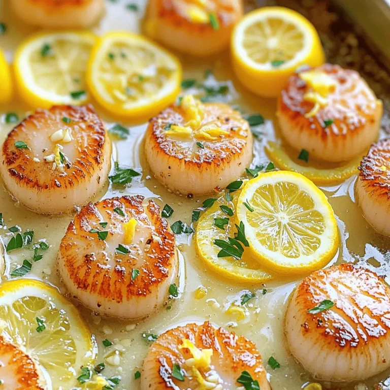 To make Easy Lemon Butter Scallops, you need a few key items. Here is what you will need: - 1 pound sea scallops, patted dry - 4 tablespoons unsalted butter - 2 cloves garlic, minced - Zest of 1 lemon - 2 tablespoons fresh lemon juice - 1 tablespoon fresh parsley, chopped - Salt and pepper, to taste These ingredients create a bright and rich flavor. The scallops are the star, while the lemon and butter enhance their taste. You can add more flavor if you like. Consider these optional items: - Lemon slices for garnish These lemon slices not only look nice but also add a fresh taste when served. Choosing fresh scallops makes a big difference. Here are some tips to help you select the best: - Look for scallops that are creamy white or light beige. Avoid any that are gray or have dark spots. - Fresh scallops should smell like the ocean, not fishy or sour. - Firm scallops are best. They should feel plump and spring back when you touch them. Finding fresh scallops is key to making this dish shine. When you start with quality ingredients, the meal will turn out great. For the full recipe, check the Lemon Butter Delight Scallops section. Let’s dive into making Easy Lemon Butter Scallops. First, gather your ingredients. You will need fresh sea scallops, unsalted butter, garlic, lemon, and parsley. Start by patting the scallops dry. This step is key for a good sear. Next, heat two tablespoons of butter in a large skillet over medium-high heat. Once melted and bubbling, carefully add the scallops. Do not overcrowd the pan. If needed, cook in batches to ensure each scallop gets that lovely golden crust. Now, season with salt and pepper. Sear the first side for about 2-3 minutes. When you see a golden crust, flip the scallops. Add minced garlic, lemon zest, and the remaining butter. Baste the scallops with the melted butter. This adds flavor and moisture. Cook for another 2-3 minutes. Finally, stir in fresh lemon juice and cook for just one more minute. Remove the pan from heat. Garnish with chopped parsley and lemon slices if you like. Timing is important when cooking scallops. Searing them for too long makes them tough. Aim for 2-3 minutes on each side. Look for a nice golden crust. This shows they are ready to flip. If you see a lot of white or gray, they need more time. Remember, scallops cook quickly. Once cooked, they should feel firm but still springy. Overcooked scallops will lose their tender texture. Taste is key in cooking. After adding the lemon juice, check the flavor. You might want more salt or pepper. If you like a zesty kick, add more lemon juice. For a touch of freshness, use fresh parsley as a garnish. This adds color and flavor. You can also add lemon slices on the plate for extra flair. These finishing touches make your dish not just tasty but also beautiful. Now, you are ready to enjoy this quick and flavorful meal. For the full recipe, visit the preceding section. Cooking scallops can be tricky. Here are some common mistakes to watch for: - Not drying scallops: Wet scallops won’t sear well. Pat them dry before cooking. - Crowding the pan: This traps steam and makes them rubbery. Cook in batches if needed. - Overcooking: Scallops cook fast. Aim for a golden crust, about 2-3 minutes per side. To cook scallops right, use these key techniques: - High heat: Start with a hot skillet. This creates a nice crust. - Use unsalted butter: It gives a clean flavor. You can always add salt later. - Baste while cooking: Tilt the pan to spoon the butter over the scallops. This adds flavor and moisture. For a smooth butter sauce, follow these steps: - Melt butter slowly: Don’t let it burn. Keep it over medium heat. - Add garlic and lemon: These add flavor. Cook just until fragrant. - Adjust with lemon juice: This brightens the sauce. Add it gradually for the right balance. These tips will help you create perfectly cooked scallops every time. Enjoy your Easy Lemon Butter Scallops with confidence! For the full recipe, check out the detailed steps above. {{image_2}} You can tweak the lemon butter sauce to fit your taste. For a spicy kick, add red pepper flakes. If you like herbs, try fresh dill or basil. You can even swap lemon for lime for a unique twist. Make it your own! Feel free to change up the ingredients. Use shallots instead of garlic for a sweeter taste. If you want a creamy sauce, mix in some heavy cream. For a little tang, add capers or a splash of white wine. These swaps can create exciting new flavors in your dish. Think about what to serve with your scallops. A light salad with lemon vinaigrette works well. Roasted asparagus or steamed broccoli also makes a great pairing. For some carbs, serve it with fluffy rice or creamy mashed potatoes. These sides can balance the rich flavor of the scallops and sauce. For the full recipe, check out the Lemon Butter Delight Scallops. To keep your leftover scallops fresh, place them in an airtight container. Make sure they cool down first. You can store them in the fridge for up to two days. For best taste, eat them soon. Do not let them sit too long. This will help keep their flavor and texture. If you want to save scallops for later, freezing is a great option. First, pat them dry to remove moisture. Then, place them in a freezer-safe bag. Try to remove as much air as possible. Label the bag with the date. You can freeze them for up to three months. Just remember to thaw them in the fridge before cooking. When reheating scallops, do it gently. Use medium heat in a skillet. Add a little butter to help bring back the moisture. Heat them for a few minutes, turning often. Avoid overheating, as this can make them tough. If using the microwave, do it in short bursts at low power. This will keep them tender and tasty. You know scallops are cooked when they turn opaque and firm. They should not feel soft. A good way to check is to cut one open. It should be white and not translucent. Cooking time is key. Usually, it takes about 2-3 minutes per side. If your scallops are golden brown, you did great! Yes, you can use frozen scallops for this recipe. Just make sure to thaw them first. Place them in the fridge overnight or run them under cold water. Pat them dry before cooking. This helps them sear better. Frozen scallops may need a minute or two longer to cook. If you want to substitute butter, you can use olive oil. It gives a nice flavor too. Coconut oil is another option; it adds a hint of sweetness. You can also use vegan butter for a dairy-free choice. Just remember, the taste will change slightly. To create easy lemon butter scallops, we explored key ingredients and provided step-by-step cooking tips. We discussed how to pick fresh scallops and shared common mistakes to avoid. You learned ways to customize your sauce and serve with tasty sides. Remember, practice is key for perfect scallops. Keep experimenting with flavors and techniques. Soon, you will impress your friends and family with this delicious dish. Enjoy the process and take your cooking to the next level!