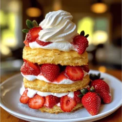 You need fresh strawberries for the best flavor. Use ripe, juicy berries. They should be bright red and fragrant. You will need about 2 cups. Start by hulling and slicing them. This helps release their natural juices. Mix them with 1/4 cup of granulated sugar. Let them sit for 30 minutes. This makes them sweet and syrupy. Next, gather your dry ingredients. You will need 2 cups of all-purpose flour. This gives the shortcake a soft texture. Add 1 tablespoon of baking powder. This helps the shortcake rise. Then, mix in 1/2 teaspoon of salt. Salt balances the sweetness and enhances flavor. Now, let’s move on to the wet ingredients. Use 1/2 cup of unsalted butter, cold and cubed. This creates a flaky texture. You will also need 1 cup of heavy cream. Make sure it is chilled for the best results. Lastly, add 1 tablespoon of vanilla extract. This adds a lovely flavor to the shortcake. For the full recipe, check out the details above. Start by washing your strawberries. I like to use fresh, ripe ones for the best flavor. Hull and slice two cups of strawberries. Place them in a mixing bowl. Add 1/4 cup of granulated sugar. Toss the berries gently to coat them in sugar. Let them sit for about 30 minutes. This helps the juices flow. You’ll see the strawberries become syrupy and sweet. Next, preheat your oven to 425°F (220°C). In a large bowl, combine two cups of all-purpose flour, one tablespoon of baking powder, and 1/2 teaspoon of salt. Whisk these dry ingredients together well. Now, cut in 1/2 cup of cold, cubed unsalted butter. You can use a pastry cutter or your fingers. Mix until the mixture looks like coarse crumbs. Pour in one cup of chilled heavy cream and add one tablespoon of vanilla extract. Stir the mixture gently. Make sure not to overmix; you want it just combined. Turn the dough out onto a floured surface. Knead it a few times until it holds together. Pat it down to about one inch thick. Use a round cutter to cut out the shortcakes. Place them on a parchment-lined baking sheet. Gather any scraps, knead, and cut out more shortcakes. Before baking, sprinkle some extra sugar on top of each shortcake. Bake them for 12 to 15 minutes. They should be golden brown when done. Once the shortcakes cool slightly, slice each one in half. Take the bottom half and spoon on a generous amount of your macerated strawberries. Add a dollop of whipped cream on top of the strawberries. Place the other half of the shortcake on top. For a nice touch, you can add more strawberries and whipped cream on the side. This step-by-step guide makes it easy to create a classic strawberry shortcake. You can find the full recipe details above. Enjoy your delightful treat! To make a great shortcake, focus on the texture. You want it light and fluffy. Here are some tips to help you. - Use cold butter: Cold butter makes the shortcake flaky. Cut it into small cubes before mixing. - Don’t overmix: Mix until just combined. Overmixing makes the dough tough. - Pat, don’t roll: Pat the dough by hand to keep it airy. Rolling it can compress the dough. Strawberry shortcake is a classic dessert. You can serve it in many fun ways. Here are some ideas: - Add whipped cream: A generous dollop of whipped cream adds richness. - Try different berries: Mix in blueberries or raspberries for a twist. - Serve with ice cream: Vanilla ice cream pairs nicely with the fresh strawberries. Even simple recipes can go wrong. Here are common mistakes to watch out for: - Skipping the sugar on strawberries: This step creates a sweet syrup. Don’t skip it! - Not preheating the oven: Make sure your oven is hot before baking. This helps the shortcakes rise. - Cutting shortcakes too thick: Keep them around one inch thick for the best texture. For the full recipe, check out the Classic Strawberry Shortcake section. {{image_2}} You can easily make a gluten-free version. Use a gluten-free flour blend instead of all-purpose flour. Look for blends that contain xanthan gum to help with texture. This swap keeps the shortcake light and tasty. When you bake it, watch for slight changes in color. Test for doneness by sticking a toothpick in the center. While strawberries shine in this recipe, other fruits work well too. Try fresh peaches, blueberries, or raspberries. You can mix and match for a fun twist. Each fruit adds its unique flavor. Just toss your chosen fruit with sugar like you do with strawberries. Let them sit for a while to create a delicious juice. For a dairy-free shortcake, swap out butter and cream. Use coconut oil instead of butter for the dough. For the cream, use coconut cream. Chill a can of coconut milk overnight, then scoop out the solid part. Whip it with a bit of sweetener for a tasty topping. These swaps keep the flavor rich and satisfying. For the full recipe, check out Classic Strawberry Shortcake. To keep leftover shortcake fresh, place it in an airtight container. This keeps moisture in and helps it stay soft. You can also wrap the pieces in plastic wrap. Store it in the fridge for up to three days. If you notice the cream or strawberries getting soggy, try to separate them. This will help maintain the texture of your dessert. To reheat shortcake, preheat your oven to 350°F (175°C). Place the shortcake pieces on a baking sheet. Cover them lightly with foil to prevent dryness. Heat for about 5 to 10 minutes. This method keeps the shortcake warm and soft. You can also use a microwave, but the oven gives better results. Microwave on medium power for about 15 seconds. Check if it’s warm enough, then enjoy! You can freeze strawberry shortcake for later use. First, let the shortcake cool completely. Wrap each piece tightly in plastic wrap, then place it in a freezer bag. This helps prevent freezer burn. You can freeze it for up to three months. When you’re ready to eat, thaw it in the fridge overnight. Reheat it in the oven for the best texture. Enjoy your classic strawberry shortcake again! For the full recipe, refer back to the beginning of this article. Strawberry shortcake has roots in the United States. It dates back to the 19th century. People first made it with a biscuit-like cake. They layered it with strawberries and cream. The dessert quickly became a summer favorite. It celebrates fresh strawberries at their peak. Over time, many recipes have evolved. Today, we enjoy various takes on this classic dish. Yes, you can use frozen strawberries if fresh ones are not available. Frozen strawberries work well in this recipe. Just remember to thaw and drain them first. This way, you avoid excess moisture in your shortcake. If you prefer, you can also sweeten the thawed strawberries. This helps enhance their flavor for a tasty treat. Your strawberry shortcake will last about two days in the fridge. Store it in an airtight container. This keeps it fresh and prevents it from drying out. If you have leftover strawberries and cream, store them separately. This helps maintain the texture of the shortcake. For best taste, enjoy it soon after making it. You can find the Full Recipe for more details. This blog post covered all you need for delicious strawberry shortcake. We discussed fresh strawberries, dry and wet ingredients, and gave step-by-step plans. You learned tips to make the best texture and avoid mistakes. Explore variations like gluten-free and dairy-free options. We also shared smart storage tips and answered FAQs. Now, you can make perfect strawberry shortcake anytime. Enjoy it fresh, share it, and impress friends and family!