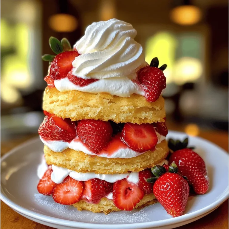 You need fresh strawberries for the best flavor. Use ripe, juicy berries. They should be bright red and fragrant. You will need about 2 cups. Start by hulling and slicing them. This helps release their natural juices. Mix them with 1/4 cup of granulated sugar. Let them sit for 30 minutes. This makes them sweet and syrupy. Next, gather your dry ingredients. You will need 2 cups of all-purpose flour. This gives the shortcake a soft texture. Add 1 tablespoon of baking powder. This helps the shortcake rise. Then, mix in 1/2 teaspoon of salt. Salt balances the sweetness and enhances flavor. Now, let’s move on to the wet ingredients. Use 1/2 cup of unsalted butter, cold and cubed. This creates a flaky texture. You will also need 1 cup of heavy cream. Make sure it is chilled for the best results. Lastly, add 1 tablespoon of vanilla extract. This adds a lovely flavor to the shortcake. For the full recipe, check out the details above. Start by washing your strawberries. I like to use fresh, ripe ones for the best flavor. Hull and slice two cups of strawberries. Place them in a mixing bowl. Add 1/4 cup of granulated sugar. Toss the berries gently to coat them in sugar. Let them sit for about 30 minutes. This helps the juices flow. You’ll see the strawberries become syrupy and sweet. Next, preheat your oven to 425°F (220°C). In a large bowl, combine two cups of all-purpose flour, one tablespoon of baking powder, and 1/2 teaspoon of salt. Whisk these dry ingredients together well. Now, cut in 1/2 cup of cold, cubed unsalted butter. You can use a pastry cutter or your fingers. Mix until the mixture looks like coarse crumbs. Pour in one cup of chilled heavy cream and add one tablespoon of vanilla extract. Stir the mixture gently. Make sure not to overmix; you want it just combined. Turn the dough out onto a floured surface. Knead it a few times until it holds together. Pat it down to about one inch thick. Use a round cutter to cut out the shortcakes. Place them on a parchment-lined baking sheet. Gather any scraps, knead, and cut out more shortcakes. Before baking, sprinkle some extra sugar on top of each shortcake. Bake them for 12 to 15 minutes. They should be golden brown when done. Once the shortcakes cool slightly, slice each one in half. Take the bottom half and spoon on a generous amount of your macerated strawberries. Add a dollop of whipped cream on top of the strawberries. Place the other half of the shortcake on top. For a nice touch, you can add more strawberries and whipped cream on the side. This step-by-step guide makes it easy to create a classic strawberry shortcake. You can find the full recipe details above. Enjoy your delightful treat! To make a great shortcake, focus on the texture. You want it light and fluffy. Here are some tips to help you. - Use cold butter: Cold butter makes the shortcake flaky. Cut it into small cubes before mixing. - Don’t overmix: Mix until just combined. Overmixing makes the dough tough. - Pat, don’t roll: Pat the dough by hand to keep it airy. Rolling it can compress the dough. Strawberry shortcake is a classic dessert. You can serve it in many fun ways. Here are some ideas: - Add whipped cream: A generous dollop of whipped cream adds richness. - Try different berries: Mix in blueberries or raspberries for a twist. - Serve with ice cream: Vanilla ice cream pairs nicely with the fresh strawberries. Even simple recipes can go wrong. Here are common mistakes to watch out for: - Skipping the sugar on strawberries: This step creates a sweet syrup. Don’t skip it! - Not preheating the oven: Make sure your oven is hot before baking. This helps the shortcakes rise. - Cutting shortcakes too thick: Keep them around one inch thick for the best texture. For the full recipe, check out the Classic Strawberry Shortcake section. {{image_2}} You can easily make a gluten-free version. Use a gluten-free flour blend instead of all-purpose flour. Look for blends that contain xanthan gum to help with texture. This swap keeps the shortcake light and tasty. When you bake it, watch for slight changes in color. Test for doneness by sticking a toothpick in the center. While strawberries shine in this recipe, other fruits work well too. Try fresh peaches, blueberries, or raspberries. You can mix and match for a fun twist. Each fruit adds its unique flavor. Just toss your chosen fruit with sugar like you do with strawberries. Let them sit for a while to create a delicious juice. For a dairy-free shortcake, swap out butter and cream. Use coconut oil instead of butter for the dough. For the cream, use coconut cream. Chill a can of coconut milk overnight, then scoop out the solid part. Whip it with a bit of sweetener for a tasty topping. These swaps keep the flavor rich and satisfying. For the full recipe, check out Classic Strawberry Shortcake. To keep leftover shortcake fresh, place it in an airtight container. This keeps moisture in and helps it stay soft. You can also wrap the pieces in plastic wrap. Store it in the fridge for up to three days. If you notice the cream or strawberries getting soggy, try to separate them. This will help maintain the texture of your dessert. To reheat shortcake, preheat your oven to 350°F (175°C). Place the shortcake pieces on a baking sheet. Cover them lightly with foil to prevent dryness. Heat for about 5 to 10 minutes. This method keeps the shortcake warm and soft. You can also use a microwave, but the oven gives better results. Microwave on medium power for about 15 seconds. Check if it’s warm enough, then enjoy! You can freeze strawberry shortcake for later use. First, let the shortcake cool completely. Wrap each piece tightly in plastic wrap, then place it in a freezer bag. This helps prevent freezer burn. You can freeze it for up to three months. When you’re ready to eat, thaw it in the fridge overnight. Reheat it in the oven for the best texture. Enjoy your classic strawberry shortcake again! For the full recipe, refer back to the beginning of this article. Strawberry shortcake has roots in the United States. It dates back to the 19th century. People first made it with a biscuit-like cake. They layered it with strawberries and cream. The dessert quickly became a summer favorite. It celebrates fresh strawberries at their peak. Over time, many recipes have evolved. Today, we enjoy various takes on this classic dish. Yes, you can use frozen strawberries if fresh ones are not available. Frozen strawberries work well in this recipe. Just remember to thaw and drain them first. This way, you avoid excess moisture in your shortcake. If you prefer, you can also sweeten the thawed strawberries. This helps enhance their flavor for a tasty treat. Your strawberry shortcake will last about two days in the fridge. Store it in an airtight container. This keeps it fresh and prevents it from drying out. If you have leftover strawberries and cream, store them separately. This helps maintain the texture of the shortcake. For best taste, enjoy it soon after making it. You can find the Full Recipe for more details. This blog post covered all you need for delicious strawberry shortcake. We discussed fresh strawberries, dry and wet ingredients, and gave step-by-step plans. You learned tips to make the best texture and avoid mistakes. Explore variations like gluten-free and dairy-free options. We also shared smart storage tips and answered FAQs. Now, you can make perfect strawberry shortcake anytime. Enjoy it fresh, share it, and impress friends and family!
