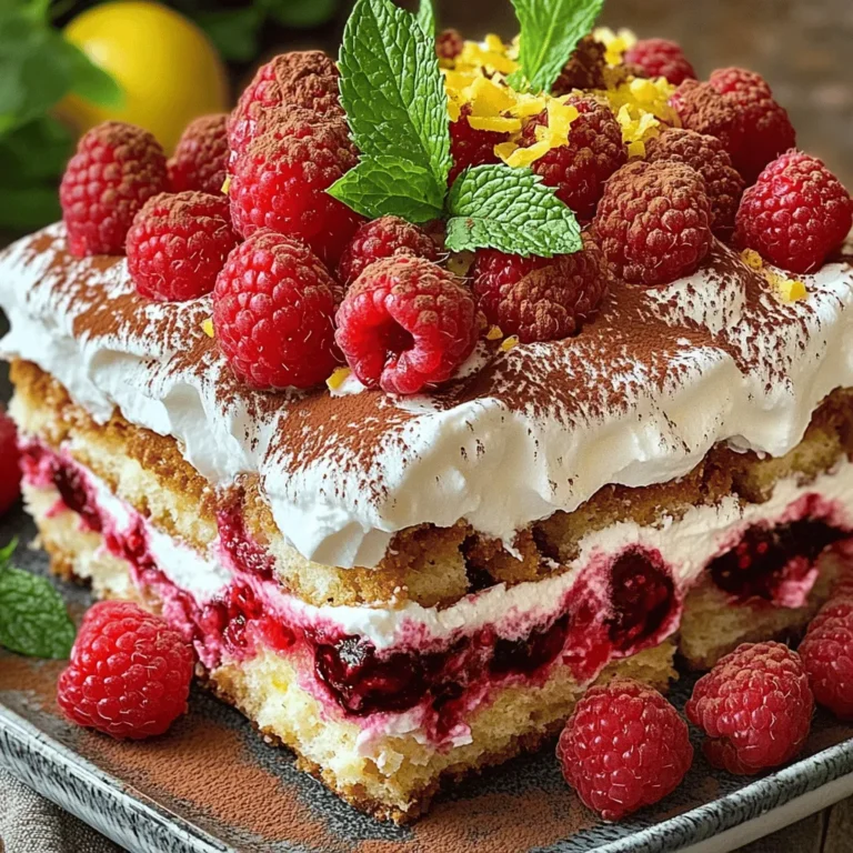 Here’s what you’ll need to make this delightful Raspberry Tiramisu: - Fresh raspberries (1 cup plus extra for garnish) - Mascarpone cheese (1 cup) - Heavy whipping cream (1 cup) - Powdered sugar (1/2 cup) - Vanilla extract (1 teaspoon) - Strong brewed coffee (1 cup, cooled) - Cocoa powder (1 tablespoon) - Ladyfinger cookies (1 package) - Lemon zest (zest of 1 lemon) - Mint leaves for garnish These ingredients create a sweet and tangy treat. The raspberries add a burst of flavor. Mascarpone cheese makes the dessert creamy and rich. Heavy whipping cream gives it a light texture. Together, they form a perfect balance. Use fresh ingredients for the best taste. You can find ladyfingers in most grocery stores. For more details, check the Full Recipe. Enjoy making this easy dessert! Start by gathering your ingredients. In a mixing bowl, add the mascarpone cheese, powdered sugar, and vanilla extract. Use a spatula to mix them until you achieve a smooth consistency. It should feel creamy and light. Next, in another bowl, whip the heavy cream. Beat it until stiff peaks form. This step is key for a fluffy texture. Gently fold the whipped cream into the mascarpone mixture. Mix carefully to keep the air in the whipped cream. This will make your tiramisu light and airy. Now, prepare your coffee. Let it cool completely. Take a ladyfinger and dip it briefly in the coffee. Make sure it absorbs some liquid but does not get soggy. Place each dipped ladyfinger in a 9x9-inch dish. Lay half of the ladyfingers at the bottom of the dish. Spread half of the mascarpone mixture over the ladyfingers. Use a spatula to smooth it out evenly. Next, scatter half of the fresh raspberries over this layer. Repeat the layering process. Add the remaining ladyfingers, mascarpone mixture, and the rest of the raspberries. Once you finish layering, dust the top with cocoa powder. This adds a nice contrast in flavor. For an extra touch, sprinkle lemon zest on top. It gives a fresh taste. Cover the dish and refrigerate for at least 4 hours. For the best flavor, let it chill overnight. Before serving, add a few fresh raspberries and mint leaves on top. This makes your dessert look beautiful and inviting. Enjoy your Raspberry Tiramisu Delight! For a detailed guide, check the Full Recipe. To get the best texture, whip the cream until it forms stiff peaks. This step is key. It gives your tiramisu a light and airy feel. The whipped cream should stand tall and not fall. Use a chilled bowl for better results. When softening ladyfingers, dip them quickly into the coffee. Don’t let them soak too long. Just a quick dip will keep them firm. They need to absorb some coffee flavor but stay sturdy for layering. You can mix in other fruits for fun flavors. Try strawberries or blueberries if you like. They add a nice twist and color. Adjust the sweetness by adding more or less powdered sugar. Taste as you go to find your perfect balance. Garnish your Raspberry Tiramisu in fun ways. Use fresh raspberries on top for color. Add a sprinkle of cocoa powder and some lemon zest for flair. You can even place mint leaves for a fresh look. Serve it in clear glasses for a stylish touch. This way, everyone can see the beautiful layers. It makes a simple dessert look fancy and special. {{image_2}} You can mix up the berries in this dessert. If you want a twist, use strawberries or blueberries instead of raspberries. Strawberries give a nice sweet flavor, while blueberries add a burst of color. You can also use mixed berries for a fun look and taste. Choose what’s fresh and in season for the best results. Seasonal berries can add new flavors and make each dessert different! Want to change the taste? Add some chocolate or citrus flavors. You can fold in melted chocolate into your mascarpone mix for a rich taste. Or, try adding lemon or orange zest for a bright kick. You can also use flavored coffee or liqueurs. A hint of coffee liqueur can give your tiramisu a fun twist. Just remember, keep the flavors balanced! If you need gluten-free options, look for gluten-free ladyfingers. Many stores sell these now, or you can make your own. For a dairy-free version, substitute the mascarpone with a dairy-free cream cheese. You can also use coconut cream for a tropical vibe. These swaps help everyone enjoy this dessert without missing out! For the full recipe, check out [Full Recipe]. To store Raspberry Tiramisu, cover it tightly with plastic wrap or foil. This keeps it fresh and prevents it from absorbing any smells from the fridge. You can keep it in the fridge for up to three days. After three days, it may lose some flavor and texture. Yes, you can freeze Raspberry Tiramisu. To do this, slice it into portions. Wrap each piece in plastic wrap, then place them in a freezer-safe container. It can stay frozen for up to two months. When you’re ready to serve, take it out and thaw it in the fridge for about four hours. This helps keep the taste and texture intact. To maintain the creaminess and flavor during storage, avoid letting it sit too long. Always check for freshness before serving. If the tiramisu looks or smells off, it's best to discard it. Enjoy your dessert while it’s still fresh for the best experience. Yes, you can make Raspberry Tiramisu ahead of time. This dessert tastes even better after resting. I suggest preparing it a day in advance. The ideal refrigeration time is at least four hours, but overnight gives the best flavor blend. Just remember to cover it well to keep it fresh. If you need an alternative to mascarpone cheese, there are a few options. You can use cream cheese mixed with a bit of sour cream. This mix gives a similar creamy texture. Another option is ricotta cheese blended until smooth. For vegan diets, opt for cashew cream or silken tofu. These choices keep the dessert delicious while meeting your needs. Adjusting the sweetness of your tiramisu is simple. You can add more powdered sugar to the mascarpone mixture if you prefer it sweeter. Taste the mixture as you go. If it’s too sweet, add a pinch of salt or a squeeze of lemon juice. This helps balance the flavors. Always remember, you can control the sweetness to match your taste. Raspberry Tiramisu is a delicious dessert that combines fresh raspberries, creamy mascarpone, and rich coffee. This blog post showed you how to prepare the layers, enhance flavors, and store your dessert properly. Remember to experiment with different berries and flavors to make it your own. Making this dish will impress your friends and family, and it’s easier than you think. Enjoy each bite, and share your creation!