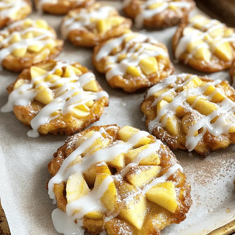 To make these tasty baked apple fritters, gather these precise ingredients: - 2 large apples (Granny Smith or Honeycrisp), peeled and diced - 2 cups all-purpose flour - 1/2 cup granulated sugar - 2 teaspoons baking powder - 1 teaspoon cinnamon - 1/4 teaspoon nutmeg - 1/2 teaspoon salt - 3/4 cup buttermilk - 1/4 cup unsalted butter, melted - 1 large egg - 1 teaspoon vanilla extract - 1 cup powdered sugar (for glaze) - 2 tablespoons milk (for glaze) - Extra cinnamon for dusting These measurements will yield about 12 delightful fritters. I love using Granny Smith and Honeycrisp apples in this recipe. Granny Smith apples bring a tartness that balances the sweetness. Honeycrisp apples add a juicy crunch and a hint of sweetness. You can mix and match both types to create a flavor blend that suits your taste. For a simple glaze, you need powdered sugar and milk. The glaze adds a sweet finish that pairs well with the fritters. You can also add vanilla extract to the glaze for extra flavor. If you want to get fancy, sprinkle some extra cinnamon on top for a warm touch. Enjoy customizing your fritters! First, gather all your ingredients. You need: - 2 large apples (Granny Smith or Honeycrisp), peeled and diced - 2 cups all-purpose flour - 1/2 cup granulated sugar - 2 teaspoons baking powder - 1 teaspoon cinnamon - 1/4 teaspoon nutmeg - 1/2 teaspoon salt - 3/4 cup buttermilk - 1/4 cup unsalted butter, melted - 1 large egg - 1 teaspoon vanilla extract - 1 cup powdered sugar (for glaze) - 2 tablespoons milk (for glaze) - Extra cinnamon for dusting Make sure your apples are fresh. This will add great flavor to the fritters. In a large bowl, whisk together the dry ingredients. Mix the flour, sugar, baking powder, cinnamon, nutmeg, and salt. This step is key. It helps blend the flavors. In another bowl, mix the wet ingredients. Combine the buttermilk, melted butter, egg, and vanilla extract. Stir until the mix is smooth. Now, pour the wet mix into the dry mix. Stir gently until just combined. Do not overmix. Then, fold in the diced apples. This adds that tasty apple bite! Preheat your oven to 375°F (190°C). Line a baking sheet with parchment paper. This keeps the fritters from sticking. Use a spoon or small ice cream scoop. Drop the batter onto the baking sheet. Shape them into fritters, spacing them about 2 inches apart. Bake for 15-20 minutes. Check for a golden brown color. Insert a toothpick into a fritter. If it comes out clean, they are ready. Baking times can vary. If you live at a higher altitude, check them a bit earlier. If they look soft or pale, leave them in longer. Always trust your eyes and toothpick! Soggy fritters can ruin your treat. To avoid this, make sure to drain any excess moisture from the apples before mixing them in. Use a paper towel to dab them dry. Also, do not overmix the batter. Gentle folding helps keep air in the mix and makes fritters light. Accurate measuring helps achieve perfect fritters. Use dry measuring cups for flour and sugar. Spoon the flour into the cup, then level it off with a knife. For liquids, use a clear measuring cup. Fill it to the mark for the right amount. Weighing ingredients can also help if you have a kitchen scale. If your fritters are too dense, you may have added too much flour. Next time, check your measurements. If they are not sweet enough, increase the sugar by a tablespoon. For undercooked centers, bake a few extra minutes. Keep an eye on them to avoid overbaking. For more tips, check the Full Recipe. {{image_2}} You can make your apple fritters more exciting by adding nuts or dried fruit. Walnuts or pecans add a nice crunch. If you prefer dried fruit, raisins or cranberries work well too. Just fold these extras into your batter with the apples. This gives each bite a different taste and texture. You can change the flavor of your batter easily. Try adding a splash of almond extract for a nutty taste. You can also mix in some lemon zest for a bright note. For a spicier kick, add a bit of ginger or allspice. These flavors give your fritters a unique twist while keeping them delicious. The glaze is a key part of your fritters. Instead of the basic glaze, try melting chocolate for a rich topping. You could also sprinkle some crushed nuts on top for added texture. If you like a fruity finish, drizzle some caramel or maple syrup over the fritters. These options let you customize your fritters to fit any mood or occasion. For the full recipe, check out the Homemade Baked Apple Fritters section. After you enjoy your apple fritters, you may have some left. To store them, place the fritters in an airtight container. Make sure they cool completely before sealing. This keeps them soft and fresh. Store them at room temperature for up to two days. For longer storage, keep them in the fridge for up to a week. When you are ready to eat your fritters again, reheating them is key. Place fritters in the oven at 350°F (175°C) for about 5-10 minutes. This warms them and keeps them crisp. You can also use a microwave. Heat them for about 15-20 seconds. However, this may make them a bit soft. If you want to keep fritters longer, freezing is a great option. First, let them cool completely. Then, place them in a single layer on a baking sheet. Freeze them for about an hour. After that, transfer the fritters to a freezer-safe bag. They will stay fresh for up to three months. When ready to enjoy, just thaw them in the fridge and reheat. For the full recipe of these delicious fritters, check the earlier section. Yes, you can use gluten-free flour. Just swap the all-purpose flour for a gluten-free blend. Make sure it has a good binding agent, like xanthan gum. This helps the fritters hold their shape. The texture may differ, but they will still taste great. Check the fritters at 15 minutes. They should be golden brown. Use a toothpick to test them. If it comes out clean, they are ready. If you see wet batter, bake them a little longer. Keep an eye on them to avoid overbaking. Yes, you can make them ahead. Bake the fritters and let them cool. Store them in an airtight container. They will stay fresh for two days. You can also freeze them. Just wrap each fritter in plastic wrap and place them in a freezer bag. - How to keep them fresh: To keep baked fritters fresh, store them at room temperature. If they get a bit dry, you can warm them in the oven for a few minutes. This helps restore their softness. You can also drizzle on some fresh glaze to enhance flavor. Enjoy your delicious apple fritters any time! This blog post guides you through making baked apple fritters. You learned about the right ingredients, measurements, and types of apples. We also covered a step-by-step process for baking, tips to avoid soggy fritters, and ideas for variations. Now, you can customize your fritters with nuts or glazes. Remember to store any leftovers properly to keep them fresh. Enjoy making your apple fritters, and don’t hesitate to experiment. The more you try, the better they will get!