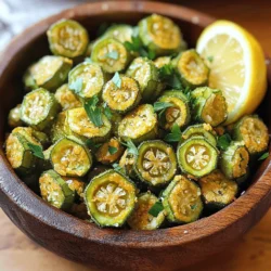 - 1 pound fresh okra, sliced into 1/2 inch rounds - 1 cup buttermilk - Salt and pepper to taste When choosing okra, pick firm and bright green pods. Fresh okra gives the best crunch. Slice them carefully into rounds. Make sure they are all about the same size for even cooking. Soaking in buttermilk adds flavor and helps the coating stick. - 1 cup cornmeal - 1/2 cup all-purpose flour - Spices and seasonings (1 teaspoon garlic powder, 1 teaspoon onion powder, 1 teaspoon smoked paprika, 1/2 teaspoon cayenne pepper) The cornmeal adds that signature crunch. Mixing it with flour gives a light texture. Garlic powder and onion powder boost the taste, while smoked paprika gives a hint of smokiness. Adjust the cayenne pepper to match your spice preference. This mix will make your okra pop with flavor. - Oil for frying (vegetable or canola) Use enough oil to cover the okra pieces while frying. Vegetable oil works well, but canola is a great choice too. Heat the oil to 350°F (175°C) for the perfect fry. This temperature ensures a crispy outside and tender inside. For the full recipe, follow the steps to bring this crunchy delight to life. - Wash and slice the okra. - Soak okra in buttermilk. Start by washing the fresh okra under cold water. You want to remove any dirt. Slice each piece into 1/2 inch rounds. This size helps them cook evenly. Next, pour the buttermilk over the sliced okra. Make sure each piece is coated well. Let the okra soak for about 15 minutes. This step makes the coating stick better. - Combine dry ingredients and seasonings. - Dredge okra in the cornmeal mixture. In a bowl, mix together the cornmeal, all-purpose flour, garlic powder, onion powder, smoked paprika, cayenne pepper, salt, and pepper. Stir well until everything blends together. This mix gives the okra its great flavor. After soaking, take the okra out of the buttermilk. Let any extra liquid drip off. Dredge each piece in the cornmeal mixture. Make sure to coat them well and shake off any extra. - Heat oil to 350°F (175°C). - Fry okra in batches until golden brown. Heat about 1 inch of oil in a large skillet over medium-high heat. Check the temperature with a thermometer. It should reach 350°F (175°C). Once hot, carefully add the breaded okra into the oil. Fry in batches to avoid crowding the pan. Cook for about 3-4 minutes until golden brown. Turn them occasionally for even cooking. After frying, use a slotted spoon to transfer the okra to a paper towel-lined plate. This helps absorb extra oil. Serve your Southern Fried Okra warm. Enjoy it with your favorite dipping sauce. For the full recipe, check out the details above. Soaking okra in buttermilk is key. This step helps the coating stick well. It also adds flavor and moisture, making your fried okra tender inside. Let the okra soak for at least 15 minutes. The oil temperature matters too. Heat your oil to 350°F (175°C). Use a deep skillet for best results. If the oil is too cool, your okra will soak up oil and become soggy. Dipping sauces can take your okra to the next level. I love ranch dressing for its coolness. A spicy remoulade adds a kick and pairs well with the crunch. Consider serving these sauces in small bowls. This way, guests can dip freely. For a beautiful display, use a rustic wooden bowl. It adds charm to your table. A sprinkle of fresh parsley gives a pop of color. You can also serve with lemon wedges. They add brightness and a fresh twist. Enjoy your Southern Fried Okra warm for the best taste! For the complete recipe, don't forget to check the Full Recipe section. {{image_2}} You can switch things up with different coatings. Instead of cornmeal, try crushed cornflakes or panko breadcrumbs. Cornflakes give a nice crunch and a slight sweetness. Panko breadcrumbs add an extra crispy layer. Both options work well to coat your okra. Just remember to season them to match your taste. For a richer taste, you can add cheese or different spices. Parmesan cheese brings a savory touch. You can also mix in herbs like oregano or thyme for extra flavor. A pinch of cumin or curry powder can add a nice twist. Don’t be afraid to experiment with what you like! If you need gluten-free options, substitute the all-purpose flour with chickpea flour or almond flour. Both work great and keep it tasty. You can also use gluten-free breadcrumbs if you want that extra crunch. This way, everyone can enjoy Southern fried okra without worry. For the full recipe, check the main section. To store leftover fried okra, let it cool completely. Place it in an airtight container. I suggest using parchment paper to keep it crisp. This helps prevent sogginess. Store the container in the fridge. Fried okra stays fresh for up to three days. To reheat fried okra, use the oven or air fryer. Preheat your oven to 350°F (175°C). Spread the okra on a baking sheet in a single layer. Heat for about 10-12 minutes. This method keeps it crunchy. You can also reheat in an air fryer. Set the air fryer to 350°F (175°C) for about 5-7 minutes. Enjoy your crispy treat just like when it was fresh! Can I use frozen okra instead of fresh? Yes, you can use frozen okra. Thaw it first and then pat it dry. This helps reduce moisture, which can make the coating soggy. What can I serve with Southern Fried Okra? Southern fried okra pairs well with many dishes. Try it with fried chicken, barbecue, or a fresh garden salad. It also tastes great with dipping sauces like ranch or spicy remoulade. How do I make Southern Fried Okra less greasy? To achieve less greasy okra, ensure the oil is hot enough at 350°F (175°C). Avoid overcrowding the pan when frying. This allows the okra to cook evenly and crisp up nicely. A serving of Southern fried okra typically has about 200 calories. It contains fiber, vitamin C, and some protein. The key nutrients include: - Calories: 200 - Protein: 5g - Carbohydrates: 30g - Fiber: 3g - Fat: 8g What to do if the okra is soggy or falls apart during frying? If your okra is soggy, check the buttermilk soak time. Aim for about 15 minutes. If it falls apart, ensure you coat it well with the cornmeal mixture. Also, make sure the oil is hot enough before frying. We discussed how to make crispy Southern fried okra in this post. You learned about the ingredients, from fresh okra to essential spices. I shared step-by-step instructions, tips for the perfect fry, and creative variations. Remember, soaking okra in buttermilk helps it crisp up nicely. Enjoy serving this dish with your favorite sauces. Don't hesitate to explore flavors and tweaks that suit your taste. Happy cooking!