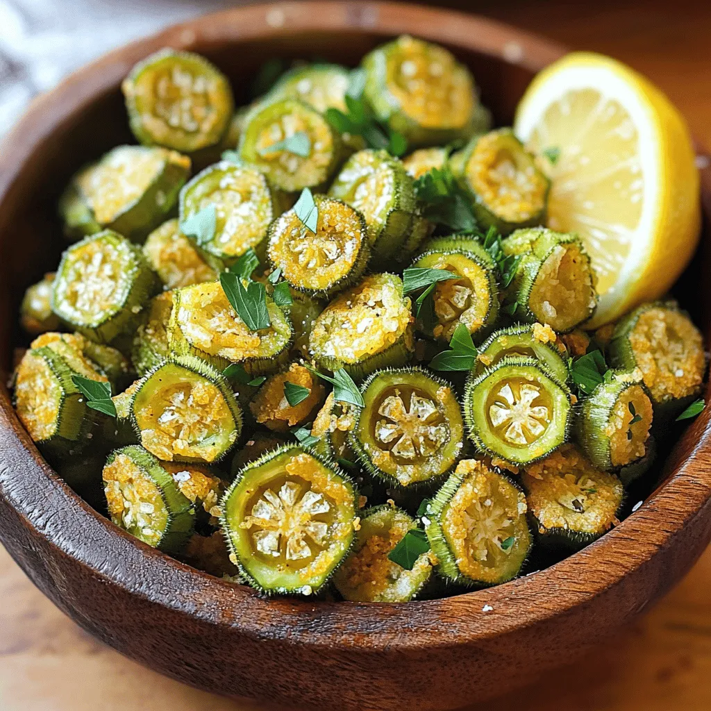 - 1 pound fresh okra, sliced into 1/2 inch rounds - 1 cup buttermilk - Salt and pepper to taste When choosing okra, pick firm and bright green pods. Fresh okra gives the best crunch. Slice them carefully into rounds. Make sure they are all about the same size for even cooking. Soaking in buttermilk adds flavor and helps the coating stick. - 1 cup cornmeal - 1/2 cup all-purpose flour - Spices and seasonings (1 teaspoon garlic powder, 1 teaspoon onion powder, 1 teaspoon smoked paprika, 1/2 teaspoon cayenne pepper) The cornmeal adds that signature crunch. Mixing it with flour gives a light texture. Garlic powder and onion powder boost the taste, while smoked paprika gives a hint of smokiness. Adjust the cayenne pepper to match your spice preference. This mix will make your okra pop with flavor. - Oil for frying (vegetable or canola) Use enough oil to cover the okra pieces while frying. Vegetable oil works well, but canola is a great choice too. Heat the oil to 350°F (175°C) for the perfect fry. This temperature ensures a crispy outside and tender inside. For the full recipe, follow the steps to bring this crunchy delight to life. - Wash and slice the okra. - Soak okra in buttermilk. Start by washing the fresh okra under cold water. You want to remove any dirt. Slice each piece into 1/2 inch rounds. This size helps them cook evenly. Next, pour the buttermilk over the sliced okra. Make sure each piece is coated well. Let the okra soak for about 15 minutes. This step makes the coating stick better. - Combine dry ingredients and seasonings. - Dredge okra in the cornmeal mixture. In a bowl, mix together the cornmeal, all-purpose flour, garlic powder, onion powder, smoked paprika, cayenne pepper, salt, and pepper. Stir well until everything blends together. This mix gives the okra its great flavor. After soaking, take the okra out of the buttermilk. Let any extra liquid drip off. Dredge each piece in the cornmeal mixture. Make sure to coat them well and shake off any extra. - Heat oil to 350°F (175°C). - Fry okra in batches until golden brown. Heat about 1 inch of oil in a large skillet over medium-high heat. Check the temperature with a thermometer. It should reach 350°F (175°C). Once hot, carefully add the breaded okra into the oil. Fry in batches to avoid crowding the pan. Cook for about 3-4 minutes until golden brown. Turn them occasionally for even cooking. After frying, use a slotted spoon to transfer the okra to a paper towel-lined plate. This helps absorb extra oil. Serve your Southern Fried Okra warm. Enjoy it with your favorite dipping sauce. For the full recipe, check out the details above. Soaking okra in buttermilk is key. This step helps the coating stick well. It also adds flavor and moisture, making your fried okra tender inside. Let the okra soak for at least 15 minutes. The oil temperature matters too. Heat your oil to 350°F (175°C). Use a deep skillet for best results. If the oil is too cool, your okra will soak up oil and become soggy. Dipping sauces can take your okra to the next level. I love ranch dressing for its coolness. A spicy remoulade adds a kick and pairs well with the crunch. Consider serving these sauces in small bowls. This way, guests can dip freely. For a beautiful display, use a rustic wooden bowl. It adds charm to your table. A sprinkle of fresh parsley gives a pop of color. You can also serve with lemon wedges. They add brightness and a fresh twist. Enjoy your Southern Fried Okra warm for the best taste! For the complete recipe, don't forget to check the Full Recipe section. {{image_2}} You can switch things up with different coatings. Instead of cornmeal, try crushed cornflakes or panko breadcrumbs. Cornflakes give a nice crunch and a slight sweetness. Panko breadcrumbs add an extra crispy layer. Both options work well to coat your okra. Just remember to season them to match your taste. For a richer taste, you can add cheese or different spices. Parmesan cheese brings a savory touch. You can also mix in herbs like oregano or thyme for extra flavor. A pinch of cumin or curry powder can add a nice twist. Don’t be afraid to experiment with what you like! If you need gluten-free options, substitute the all-purpose flour with chickpea flour or almond flour. Both work great and keep it tasty. You can also use gluten-free breadcrumbs if you want that extra crunch. This way, everyone can enjoy Southern fried okra without worry. For the full recipe, check the main section. To store leftover fried okra, let it cool completely. Place it in an airtight container. I suggest using parchment paper to keep it crisp. This helps prevent sogginess. Store the container in the fridge. Fried okra stays fresh for up to three days. To reheat fried okra, use the oven or air fryer. Preheat your oven to 350°F (175°C). Spread the okra on a baking sheet in a single layer. Heat for about 10-12 minutes. This method keeps it crunchy. You can also reheat in an air fryer. Set the air fryer to 350°F (175°C) for about 5-7 minutes. Enjoy your crispy treat just like when it was fresh! Can I use frozen okra instead of fresh? Yes, you can use frozen okra. Thaw it first and then pat it dry. This helps reduce moisture, which can make the coating soggy. What can I serve with Southern Fried Okra? Southern fried okra pairs well with many dishes. Try it with fried chicken, barbecue, or a fresh garden salad. It also tastes great with dipping sauces like ranch or spicy remoulade. How do I make Southern Fried Okra less greasy? To achieve less greasy okra, ensure the oil is hot enough at 350°F (175°C). Avoid overcrowding the pan when frying. This allows the okra to cook evenly and crisp up nicely. A serving of Southern fried okra typically has about 200 calories. It contains fiber, vitamin C, and some protein. The key nutrients include: - Calories: 200 - Protein: 5g - Carbohydrates: 30g - Fiber: 3g - Fat: 8g What to do if the okra is soggy or falls apart during frying? If your okra is soggy, check the buttermilk soak time. Aim for about 15 minutes. If it falls apart, ensure you coat it well with the cornmeal mixture. Also, make sure the oil is hot enough before frying. We discussed how to make crispy Southern fried okra in this post. You learned about the ingredients, from fresh okra to essential spices. I shared step-by-step instructions, tips for the perfect fry, and creative variations. Remember, soaking okra in buttermilk helps it crisp up nicely. Enjoy serving this dish with your favorite sauces. Don't hesitate to explore flavors and tweaks that suit your taste. Happy cooking!