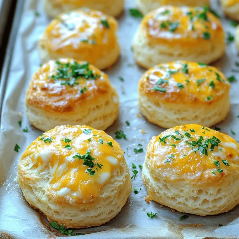 For the best Cheesy Garlic Biscuit Bombs, fresh ingredients are key. Here’s what you need: - 2 cups all-purpose flour - 1 tablespoon baking powder - 1 teaspoon garlic powder - 1 teaspoon salt - ½ cup cold unsalted butter, diced - 1 cup shredded cheddar cheese - ¾ cup milk - 1 tablespoon fresh parsley, chopped (optional for garnish) - 2 tablespoons unsalted butter, melted (for brushing) - 1 teaspoon garlic powder (for added flavor in butter) You can swap all-purpose flour with a gluten-free blend if needed. Use fresh garlic instead of garlic powder for a stronger taste. Fresh cheese gives your biscuit bombs a great melt. Always check the expiration dates on your ingredients. This small step ensures your dish tastes its best. Fresh herbs can also enhance flavor. You can add more cheese or even different types for fun twists. Making cheesy garlic biscuit bombs is simple. First, gather your ingredients. You will need: - 2 cups all-purpose flour - 1 tablespoon baking powder - 1 teaspoon garlic powder - 1 teaspoon salt - ½ cup cold unsalted butter, diced - 1 cup shredded cheddar cheese - ¾ cup milk - 1 tablespoon fresh parsley, chopped (optional for garnish) - 2 tablespoons unsalted butter, melted (for brushing) - 1 teaspoon garlic powder (for added flavor in butter) Start by preheating your oven to 425°F (220°C). Line a baking sheet with parchment paper to prevent sticking. In a large bowl, mix the flour, baking powder, garlic powder, and salt. This helps to ensure an even rise. Next, add the diced cold butter. Use your fingers or a pastry cutter to blend until you get coarse crumbs. Be careful not to overmix, as this can make the biscuits tough. Stir in the shredded cheddar cheese until it’s evenly mixed. Then, pour in the milk slowly. Mix until just combined. The dough should be slightly sticky but still manageable. Now, turn the dough onto a floured surface. Knead it gently a few times. Too much kneading can make the biscuits dense. Roll the dough into small balls, about the size of a golf ball. Place them on the baking sheet, leaving space between each one. This helps them bake evenly. For added flavor, mix melted butter and garlic powder in a small bowl. Brush this mixture over each biscuit bomb. Bake the biscuit bombs in your preheated oven for 15-18 minutes. The tops should turn a golden brown and the cheese should melt beautifully. To achieve that perfect golden brown top, watch them closely. If they start to brown too quickly, you can cover them with foil. Once baked, remove them from the oven. Brush any leftover garlic butter over the tops for extra flavor. If you like, garnish with fresh parsley for a pop of color. These steps make it easy to create delicious cheesy garlic biscuit bombs. Enjoy your cooking! - Key temperatures for ingredients: Use cold unsalted butter. Cold butter helps create flaky layers. The colder, the better! Keep your milk chilled too. This helps the dough rise well in the oven. - Mixing and kneading tips for the best texture: Mix the dry and wet ingredients gently. Overmixing can make the biscuit bombs tough. When you knead, do it lightly. Just a few folds will do. Aim for a soft, slightly sticky dough. - Best accompaniments or dips: These biscuit bombs shine on their own. But you can serve them with warm marinara sauce or creamy ranch. A garlic herb dip is also a great choice. - Ideal occasions for serving: Serve these at parties, game days, or family dinners. They make a great snack for movie nights too. You can even serve them as a fun appetizer at gatherings. Enjoy them warm for the best taste! {{image_2}} You can easily switch up the flavor of your Cheesy Garlic Biscuit Bombs. Try using different cheeses to find your favorite. Mozzarella gives a nice stretch, while pepper jack adds a spicy kick. You can also experiment with creamy cheeses like goat cheese or cream cheese. Add-ins can make these biscuit bombs even more fun. Cooked bacon bits add a salty crunch. Fresh herbs like chives or rosemary can bring a fresh taste. Just mix them into the dough before forming the balls. If you need a gluten-free option, use a gluten-free flour blend. Make sure the blend has a good binding agent, like xanthan gum. This will help your biscuit bombs hold together well. For a vegan version, replace the butter with coconut oil or vegan butter. Use a non-dairy milk, like almond or soy milk, instead of regular milk. You can also find vegan cheese for that cheesy goodness. For the full recipe, check the details in the [Full Recipe]. To keep your cheesy garlic biscuit bombs fresh, store them in an airtight container. This keeps moisture out and helps maintain their soft texture. Place parchment paper between layers if stacking. This prevents them from sticking together. They will stay good for about 2-3 days at room temperature. If you want to keep them longer, freezing is a smart choice. To freeze leftovers, let the biscuit bombs cool completely. Then, wrap each one tightly in plastic wrap. Place them in a freezer-safe bag or container. This way, they can last up to 2 months in the freezer. When you are ready to enjoy them again, simply thaw them in the fridge overnight before reheating. To restore the texture and flavor of your biscuit bombs, use the oven for the best results. Preheat your oven to 350°F (175°C). Place the biscuit bombs on a baking sheet. Heat them for about 10-15 minutes or until warm. If they feel a bit dry, you can brush them lightly with melted butter before reheating. If you’re in a hurry, you can use a microwave. Heat them for about 20-30 seconds. Be careful not to overheat, as this can make them tough. Either way, your cheesy garlic biscuit bombs will taste great! For the full recipe, check the section above. How to ensure they stay fluffy? To keep your biscuit bombs fluffy, use cold butter. The cold butter creates steam as it melts, which helps the biscuits rise. Don't overmix the dough; mix just until combined. This keeps the biscuits light and airy. Can I make the dough ahead of time? Yes, you can make the dough ahead. Just cover it tightly and store it in the fridge for up to 24 hours. When you're ready to bake, let it sit at room temperature for about 15 minutes before shaping. What to do if they don’t rise properly? If your biscuit bombs don't rise, check the baking powder. It should be fresh. Also, ensure your oven is preheated correctly. If the dough is too warm, it won't rise well either. How to fix overbaked biscuit bombs? If your biscuit bombs are overbaked, try brushing them with melted butter. This can add some moisture back in. Serve them with a dip to enhance flavor and texture. For future batches, keep an eye on baking time and check for a golden brown top. For the full recipe, check out the [Full Recipe]. In this blog post, we covered ingredients for cheesy garlic biscuit bombs, sharing key substitutions and tips for freshness. I guided you through clear steps for preparation and baking, highlighting how to avoid common mistakes. We explored expert tips for texture and serving ideas. Plus, I shared flavor variations and dietary alternatives. Proper storage and reheating methods were explained to keep leftovers tasty. In closing, making these biscuit bombs can be easy and fun. Enjoy experimenting and sharing your tasty creations!