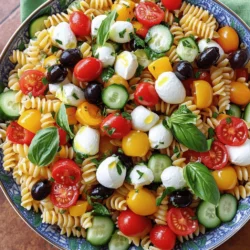 To make a delicious Italian pasta salad, you need some key ingredients. Here’s what you’ll need: - 8 oz rotini or fusilli pasta - 1 cup cherry tomatoes, halved - 1 cup cucumber, diced - 1 cup bell peppers (red and yellow), diced - ½ cup red onion, finely chopped - 1 cup black olives, sliced - 1 cup mozzarella balls, halved (bocconcini) - ½ cup fresh basil leaves, torn - 1 teaspoon dried oregano - ½ cup extra virgin olive oil - 3 tablespoons red wine vinegar (or substitute with apple cider vinegar) - Salt and pepper to taste These ingredients create a bright, colorful dish full of flavor. The pasta acts as a base for all the fresh veggies and cheese. Want to make your pasta salad heartier? You can add proteins. Here are some great options: - Grilled chicken, diced - Cooked shrimp, peeled and deveined - Salami or pepperoni, sliced If you prefer a vegetarian option, consider adding: - Chickpeas or cannellini beans - Artichoke hearts, marinated or fresh - Avocado, diced These add-ins give you more choices, making each salad unique. The dressing is crucial for the flavor of your salad. You can use different types to enhance your dish: - Classic Italian dressing - Balsamic vinaigrette - Lemon olive oil dressing You can choose homemade or store-bought options. Making your own dressing allows you to control the flavors. For a simple homemade dressing, whisk together olive oil, vinegar, oregano, salt, and pepper. This simple dressing pairs wonderfully with the salad. Using these ingredients and options, you can craft a pasta salad that suits your taste and makes a great dish for gatherings or meal prep. For the complete recipe, check the Full Recipe section. To start, boil water in a large pot. Add a pinch of salt. Once boiling, add the rotini or fusilli pasta. Stir occasionally. Cook until al dente, which means tender but still firm. This usually takes about 8 to 10 minutes. After cooking, drain the pasta in a colander. Rinse it under cold water to stop the cooking process. This helps keep the pasta from becoming mushy. Allow it to cool completely before mixing it with other ingredients. Now, grab a large mixing bowl. First, add the halved cherry tomatoes. Next, toss in the diced cucumber, bell peppers, and red onion. Don’t forget the black olives and mozzarella balls. Add the cooled pasta last. This order helps keep delicate ingredients intact. Mix gently to ensure even distribution. Use a spatula or spoon to combine everything without crushing the veggies or cheese. In a small bowl, whisk together the extra virgin olive oil and red wine vinegar. If you prefer, you can use apple cider vinegar instead. Add in the dried oregano, salt, and pepper. Whisk until everything blends well. Let the dressing sit for about 5 minutes. This allows the flavors to come together and enhances the taste. Once ready, pour it over the pasta salad and toss gently again. Finally, fold in the torn basil leaves. This adds a fresh touch to your salad. Enjoy your colorful and tasty Italian pasta salad! For a complete guide, refer to the Full Recipe. To make your Italian pasta salad shine, you must balance flavors. Use fresh herbs like basil. They add a bright taste. Pair sweet cherry tomatoes with crunchy cucumbers for contrast. This creates a salad that pops with flavor. When choosing ingredients, always go for the freshest options. Visit your local market for ripe tomatoes and crisp cucumbers. Look for good quality extra virgin olive oil; it enhances the salad’s taste. Remember, fresh ingredients make a big difference. Serve your pasta salad cold or at room temperature. This keeps the flavors fresh and bright. A colorful bowl looks inviting. You can pair it with grilled chicken or fish for a complete meal. It also makes a great side for barbecues or picnics. Preparing your salad in advance saves time. Cook the pasta a day before and cool it down. Store it in the fridge. You can chop veggies ahead too. Just keep them in a sealed container to stay crisp. Toss everything together the day you serve it. This keeps the salad fresh and tasty. For the best flavor, let the salad sit for at least 15 minutes before serving. This allows the dressing to soak in. You’ll love how the flavors blend! For the full recipe, check out my Italian Garden Pasta Salad. {{image_2}} For a tasty vegetarian pasta salad, you can swap out meat for plant-based options. Try using chickpeas or black beans for protein. They add great texture and flavor. You can also add tofu for a protein boost. When it comes to vegetables, the sky's the limit. Add roasted zucchini or artichoke hearts for extra flavor. You might also consider sun-dried tomatoes for a sweet, tangy twist. Fresh spinach or arugula can add a nice green touch too. To make your pasta salad heartier, add proteins like grilled chicken or shrimp. These options work well and add a savory kick. You can also use canned tuna or diced salami for a quick protein fix. For cooking methods, grill or sauté chicken and shrimp for the best flavor. Make sure to season them well before cooking. This adds depth to your salad. The dressing can change the whole salad. Try adding pesto for a fresh, herbal flavor. A lemon vinaigrette can add brightness. You can mix in some garlic or a splash of mustard for a zesty touch. Customized seasoning is key. Feel free to add your favorite herbs or spices. A pinch of red pepper flakes can give your salad a little heat. This makes it fun and exciting! For the full recipe, check out the Italian Garden Pasta Salad section. Store leftover Italian pasta salad in the fridge. Use an airtight container to keep it fresh. Glass or plastic containers with tight lids work best. This way, the flavors stay bold, and the veggies stay crisp. Yes, you can freeze pasta salad! However, it’s best to leave out fresh ingredients like basil and mozzarella before freezing. Once you’re ready to eat, thaw it in the fridge overnight. To reheat, simply warm it on the stove or in the microwave. Add a splash of olive oil to bring back the flavor. In the fridge, the salad stays good for about three to five days. Check for signs of spoilage, like a sour smell or slimy texture. If you see any mold or if it smells off, it’s time to toss it. You can make Italian pasta salad gluten-free by using gluten-free pasta. There are many options available. Look for pasta made from rice, corn, or quinoa. Cook it just like regular pasta. Check the package for cooking times. Once cooked, let it cool before adding the other ingredients. This keeps the salad light and tasty. Yes, you can use many vegetables in Italian pasta salad. Good choices include: - Zucchini: Slice it thin or dice it for a fresh crunch. - Carrots: Grate or chop them for sweetness and color. - Spinach: Add fresh leaves for a boost of nutrients. - Artichoke hearts: Use canned or jarred for a tangy twist. Prepare them by washing and cutting them into bite-sized pieces. Mix them in with the other veggies for a colorful and healthy salad. If your pasta salad feels too dry, add moisture without losing flavor. Here are some tips: - Extra dressing: Drizzle more olive oil or vinegar over the salad. - Pasta water: Use a splash of the water you cooked the pasta in. It adds flavor and moisture. - Fresh herbs: Toss in a bit more fresh basil or parsley. They add flavor and help the salad feel fresh. These simple steps will help enhance the taste and texture of your Italian pasta salad. For the complete recipe, check out the Full Recipe section. To wrap up, we've covered everything for a tasty Italian pasta salad. You learned about the key ingredients, optional add-ins, and dressings you can use. We discussed step-by-step instructions for cooking, mixing, and dressing. Plus, I shared tips for flavor, serving, and storage. Finally, we explored variations for all diets. Next time, use these tips to impress friends and family. Enjoy making your perfect pasta salad!