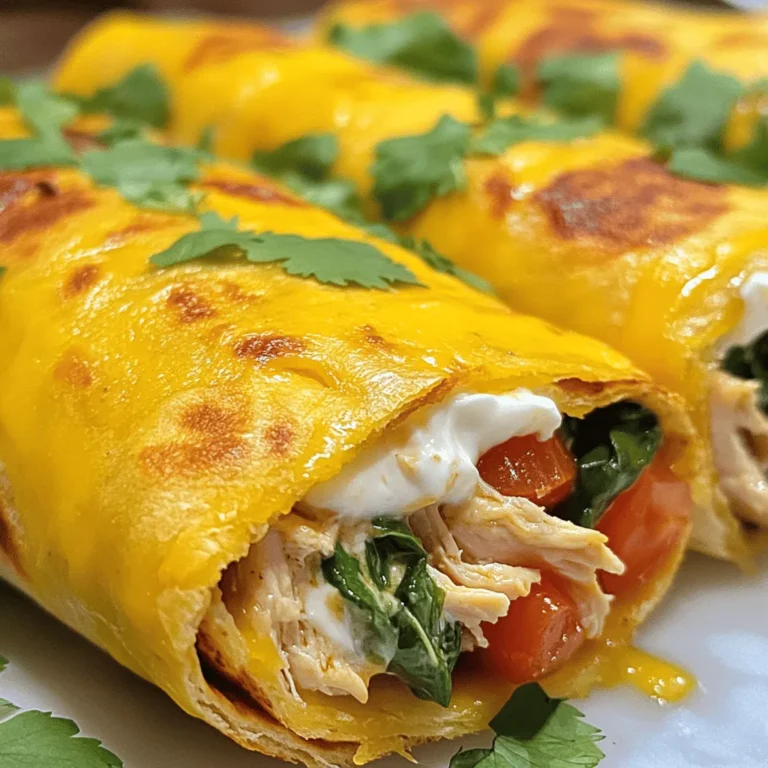 For Cheesy Garlic Chicken Wraps, you need a few key items. First, get 2 cups of cooked chicken, shredded. This adds protein and flavor. Next, use 1 cup of shredded mozzarella cheese. This cheese melts nicely and gives that gooey texture we love. You also need 1/2 cup of cream cheese, softened, for creaminess. Four large flour tortillas hold everything together. Don’t forget 3 cloves of minced garlic. Garlic adds a strong, savory taste. Lastly, grab 1 tablespoon of olive oil, 1/2 teaspoon of paprika, 1/4 teaspoon of black pepper, and 1/4 teaspoon of salt to season. For freshness, use 1 cup of fresh spinach leaves and 1 medium diced tomato. You will need a skillet for cooking. This will help you sauté the garlic and grill the wraps. A mixing bowl is necessary for combining the chicken, cheese, and spices. A spatula helps with mixing and flipping the wraps. Use a knife to chop the spinach and tomato. Finally, have a cutting board ready for easy preparation. Feel free to get creative! You can add 1/4 cup of fresh cilantro for a burst of flavor. If you want some heat, consider adding diced jalapeños or sliced green chilies. You can also sprinkle in crushed red pepper flakes to spice it up. For a twist, try adding avocado slices for creaminess. These add-ins give you more options for flavor and texture. To start, gather all your ingredients. You will need cooked chicken, cheese, and tortillas. Here’s how to prep: - Shred 2 cups of cooked chicken. - Mince 3 cloves of garlic. - Dice 1 medium tomato. - Chop 1/4 cup of fresh cilantro, if you like. - Wash 1 cup of fresh spinach leaves. Next, in a skillet, heat 1 tablespoon of olive oil over medium heat. Add the minced garlic and sauté it for about 1 minute. This step brings out the strong garlic flavor. Now, let’s mix the filling. In a large bowl, combine the shredded chicken, 1 cup of mozzarella cheese, and 1/2 cup of softened cream cheese. Add the sautéed garlic, 1/2 teaspoon of paprika, 1/4 teaspoon of black pepper, and 1/4 teaspoon of salt. Stir until everything is well blended. Take a large flour tortilla and lay it flat on a clean surface. Place a generous amount of the cheesy chicken mixture in the center. Top it with fresh spinach, diced tomato, and cilantro, if you’re using it. Fold in the sides of the tortilla, then roll it tightly from the bottom. Repeat this for the rest of the tortillas and filling. Heat your skillet again over medium heat. Place the wraps seam-side down and grill them for 2-3 minutes on each side. You want them golden brown and crispy. After grilling, slice each wrap diagonally in half. Serve them hot for the best flavor. You can enjoy these wraps on their own or pair them with a fresh salad or some salsa. For a fun twist, try dipping them in ranch dressing. You can find the Full Recipe for more detailed instructions. When making cheesy garlic chicken wraps, keep a few tips in mind. First, use cooked chicken. Shredded rotisserie chicken works well. It saves time and adds flavor. Always sauté the garlic until it is fragrant. This step brings out the best flavor. Mix the cheeses well with the chicken. A good blend ensures every bite is creamy and cheesy. You can swap some ingredients to fit your taste. If you want a lighter option, use Greek yogurt instead of cream cheese. This change reduces calories but keeps the creaminess. For a gluten-free wrap, use corn tortillas. They hold up well and taste great. If you don't have mozzarella, try cheddar or pepper jack cheese for a kick. To keep your wraps crispy, avoid overfilling them. Too much filling makes them soggy. After wrapping, grill them seam-side down first. This seals the wrap and helps it stay closed. Use medium heat for grilling. High heat can burn the outside before the inside warms up. Let them cool for a minute before cutting. This step helps maintain their crispness. Check the [Full Recipe] for more details! {{image_2}} You can easily make a vegetarian version of cheesy garlic chicken wraps. Simply swap the chicken for cooked mushrooms or lentils. Both provide a great texture. Use the same cheese mix for that creamy goodness. Add in more veggies like bell peppers or zucchini for extra flavor. This way, you keep the wrap tasty and healthy. To spice things up, add some heat to your wraps. Mix in diced jalapeños or a splash of hot sauce with the chicken. You can also use spicy cheese, like pepper jack, for a kick. This variation is perfect for those who love bold flavors. It gives the wraps an exciting twist that everyone will enjoy. Cheese is key in these wraps. While mozzarella is great, you can try other cheeses. Cheddar brings a sharp taste. Feta adds a nice tang. Cream cheese can be replaced with ricotta for a creamier finish. Experiment with these options to find your favorite cheese blend. Each choice can change the wrap's flavor, making it fun to try new combinations. For the full recipe, check out the section above. To keep your cheesy garlic chicken wraps fresh, let them cool first. Place them in an airtight container. Store them in the fridge for up to three days. You can also wrap each one in plastic wrap for extra protection. This helps keep them tasty! When you're ready to enjoy the leftovers, heat a skillet over medium heat. Place the wraps in the skillet and cover it with a lid. Heat for about 3-4 minutes on each side. This method keeps the wraps crispy and warm. You can also use a microwave, but they may get a bit soggy. You can freeze these wraps if you want to save some for later. Wrap each one tightly in plastic wrap. Then, place them in a freezer bag. They can stay in the freezer for up to three months. Just remember to thaw them in the fridge before reheating. This way, you can enjoy a quick and easy meal anytime! For the full recipe, check out the earlier section. You can pair these wraps with many tasty sides. A fresh salad adds crunch and color. Try a simple green salad with your favorite dressing. You could also serve tortilla chips with salsa or guacamole. These dips bring a nice kick to your meal. For a heartier option, serve some rice or quinoa. Both add a filling touch. Yes, you can make these wraps ahead of time. Prepare the filling and store it in the fridge. You can assemble the wraps a few hours before serving. Just keep the wraps in a sealed container. Avoid grilling too early. This keeps them fresh and crispy when you’re ready to eat. To boost nutrition, add more veggies. You can include bell peppers, zucchini, or carrots. These add color and crunch. Swap regular tortillas for whole wheat or corn tortillas. This switch gives more fiber. You can also use low-fat cheese for less fat. All these tips help make your meal healthier without losing flavor. This post explored the key ingredients and steps for making delicious cheesy garlic chicken wraps. We discussed cooking tips, variations, and how to store leftovers. You can adapt these wraps to fit your taste, using simple substitutes and different ingredients. Remember to enjoy them fresh for the best flavor. With these tips, you can make tasty wraps that friends and family will love. Now, get cooking and enjoy your wraps!