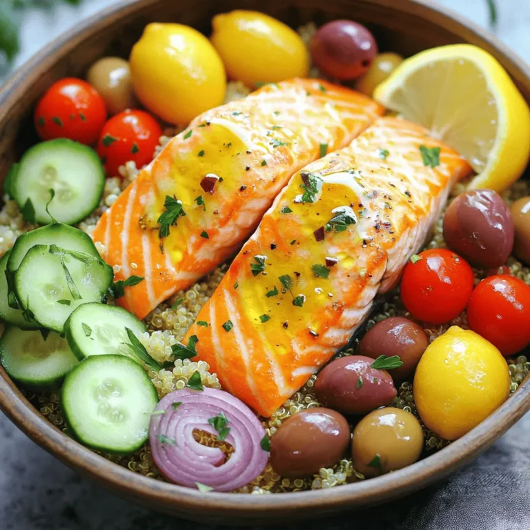 This Healthy Mediterranean Salmon Bowl has great flavors. Here’s what you need: - 2 salmon fillets - 1 cup quinoa, rinsed - 2 cups vegetable broth or water - 1 cup cherry tomatoes, halved - 1 cucumber, diced - 1/2 cup Kalamata olives, pitted and sliced - 1/2 red onion, thinly sliced - 1/4 cup fresh parsley, chopped - 1 lemon, juiced - 3 tablespoons olive oil - Salt and pepper, to taste - 1 teaspoon garlic powder - 1 teaspoon dried oregano These ingredients bring vibrant tastes and textures. The salmon is rich in omega-3 fatty acids. Quinoa adds protein and fiber. Fresh veggies add crunch and color. You can make this bowl even better with some garnishes: - Feta cheese, crumbled - Avocado slices - Extra lemon wedges - Toasted pine nuts These toppings add flavor and can customize your bowl. They can suit your taste and make it special. This bowl is not just tasty; it's healthy too. Here’s a quick look at what you get per serving: - Calories: Approximately 600 - Protein: About 30g - Carbohydrates: Roughly 45g - Fat: Around 30g The Healthy Mediterranean Salmon Bowl gives you good nutrients. It supports heart health and keeps you full. You can enjoy a healthy meal without sacrificing taste. To start, rinse 1 cup of quinoa under cold water. This helps remove any bitter taste. Next, in a saucepan, combine the rinsed quinoa with 2 cups of vegetable broth or water. Bring it to a boil over medium heat. Once boiling, reduce the heat to low and cover the pot. Let it simmer for about 15 minutes, or until the liquid is absorbed. After that, fluff the quinoa with a fork. Set it aside while you prepare the other parts of the bowl. Preheat your oven to 400°F (200°C). While it warms up, place 2 salmon fillets on a baking tray lined with parchment paper. Drizzle 3 tablespoons of olive oil over the salmon. Then, sprinkle 1 teaspoon of garlic powder, 1 teaspoon of dried oregano, salt, and pepper to taste. Bake the salmon in the oven for 12 to 15 minutes. Cook until it’s flaky and fully done. While the salmon is baking, chop your veggies. Take 1 cup of cherry tomatoes and cut them in halves. Dice 1 cucumber, slice 1/2 red onion thinly, and pit and slice 1/2 cup of Kalamata olives. In a mixing bowl, combine all the chopped vegetables. Drizzle with 1 tablespoon of olive oil and the juice of 1 lemon. Add salt and pepper to taste. Toss everything well to mix the flavors. Now it’s time to put your bowl together! Start by placing a generous scoop of quinoa as the base in each serving bowl. Next, add the roasted salmon fillet on top of the quinoa. Finally, layer the prepared vegetable mixture over the salmon. For a fresh touch, sprinkle with 1/4 cup of chopped fresh parsley. Enjoy your Healthy Mediterranean Salmon Bowl! For the full recipe, refer to the section above. To make the best salmon, choose fresh fillets. Look for bright color and no fishy smell. Bake your salmon at 400°F for about 12 to 15 minutes. It should flake easily with a fork. For added flavor, use a mix of olive oil, garlic powder, and oregano. This mix enhances the taste and makes it juicy. Cooking quinoa is simple. Use two parts liquid for one part quinoa. You can use vegetable broth for flavor or just water. If you want a richer taste, add spices or herbs to the liquid. You can also try toasting the quinoa in a pan before cooking. This brings out a nutty flavor that many people enjoy. When serving your Healthy Mediterranean Salmon Bowl, get creative! Start with a layer of quinoa. Then, add the salmon on top. Next, pile on the chopped veggies. For a pop of color, add parsley and lemon wedges. This bowl looks great and tastes even better. You can serve it warm or cold, making it a perfect meal for any time. For the full recipe, check out the instructions above! {{image_2}} You can switch salmon with other proteins. Chicken breast works well. You can also use shrimp or tofu. Each option adds its own flavor. Grilling chicken gives a nice char. Shrimp cooks quickly and adds a sweet taste. Tofu absorbs flavors well, making it a great choice. Feel free to mix up the veggies. Bell peppers add crunch and color. Zucchini can add freshness, and spinach gives a nice green touch. Broccoli or asparagus can also work nicely. Just remember to chop them small for easy eating. Cooking them lightly keeps them crisp. If you want a vegan bowl, skip the salmon. You can use chickpeas for protein. Lentils are also a great choice. They add fiber and texture. For a creamy touch, try avocado slices. This keeps your bowl healthy and delicious. You won’t miss the fish at all! For the full recipe, check out the Healthy Mediterranean Salmon Bowl. After you make the Healthy Mediterranean Salmon Bowl, let it cool first. Store any leftovers in an airtight container. It will stay fresh for up to three days in the fridge. When you are ready to eat, check the smell and look before serving. If you want to save it for later, you can freeze it. Make sure to pack the salmon and quinoa separately. Use freezer-safe bags or containers. This method helps keep the taste fresh. You can freeze it for up to three months. When you are ready to enjoy your bowl again, take it out of the fridge or freezer. If it is frozen, let it thaw in the fridge overnight. For reheating, use a microwave or oven. Heat the salmon and quinoa until warm. Add fresh veggies after reheating to keep them crisp. Enjoy your meal! You can find the full recipe in this article. You can use other fish like trout or cod. Chicken breast is also great if you prefer meat. For a plant-based option, try marinated tofu or tempeh. These choices still give you a tasty and healthy meal. Yes, you can! Brown rice, farro, or barley work well. These grains add different flavors and textures. Each option brings its own set of nutrients too. Experiment to find what you love best. To keep this meal gluten-free, choose gluten-free grains like quinoa or rice. Check your broth for gluten. Most vegetable broths are safe, but read the labels. Use fresh vegetables and omega-rich salmon for a healthy twist. Great sides include a simple green salad or roasted veggies. Hummus with whole-grain pita is another tasty choice. You could also add tzatziki for a refreshing dip. These add variety and make your meal more satisfying. For the complete dish, check the Full Recipe. This article covers all you need for a Mediterranean salmon bowl. We explored the key ingredients, step-by-step cooking, and tips for perfecting your dish. Variations let you customize based on your taste or diet. I shared storage tips to keep your meal fresh. In the end, this bowl is easy and fun to make. You can enjoy it any time or share it with friends. Get creative and make it your own!