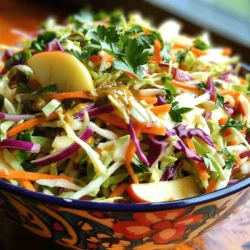 To make a great vinegar slaw, you need fresh ingredients. Here’s what I use: - 4 cups green cabbage, finely shredded - 1 cup red cabbage, finely shredded - 1 cup carrots, julienned or grated - 1 apple, cored and thinly sliced - 1/2 red onion, thinly sliced - 1/4 cup apple cider vinegar - 2 tablespoons honey (or agave syrup for vegan option) - 1 tablespoon Dijon mustard - 1 teaspoon celery seeds - Salt and pepper to taste - Fresh herbs (like parsley or cilantro) for garnish These add-ins can give your slaw a personal touch: - Sliced bell peppers for crunch - Shredded radishes for spice - Chopped nuts for a little crunch - Diced jalapeños for heat Using the right tools makes the process easier: - A large mixing bowl for tossing ingredients - A sharp knife or mandoline for slicing - Measuring spoons for accurate dressing - A whisk for mixing the dressing - Plastic wrap or a lid for chilling the slaw If you want to explore the full recipe, check out the detailed steps in the [Full Recipe]. Start by gathering all your veggies. You need green cabbage, red cabbage, carrots, an apple, and red onion. Take 4 cups of green cabbage and shred it finely. Then, take 1 cup of red cabbage and shred it too. Next, grab 1 cup of carrots. You can either julienne or grate them, depending on your choice. Now, core 1 apple and slice it thinly. Finally, take 1/2 of a red onion and slice it thin. Place all these veggies in a large mixing bowl. Toss them well to mix the colors and flavors together. In a separate bowl, whisk together your dressing ingredients. Use 1/4 cup of apple cider vinegar as your base. Add 2 tablespoons of honey or agave syrup if you prefer a vegan option. Then, stir in 1 tablespoon of Dijon mustard for a little kick. Next, sprinkle in 1 teaspoon of celery seeds. Whisk until the mixture is smooth and well-combined. This dressing gives your slaw its tangy taste. Now it's time to bring everything together! Pour the dressing over the cabbage mixture in the large bowl. Toss it all together until every veggie is coated in that zesty dressing. Don't forget to season with salt and pepper to taste. Cover the bowl with plastic wrap and refrigerate for at least 30 minutes. This step lets the flavors blend and the cabbage soften a bit. Before serving, stir the slaw again. Taste it, and adjust the seasoning if needed. Transfer the slaw to a serving dish. Garnish with fresh herbs like parsley or cilantro for a pop of color. Enjoy your delicious vinegar slaw! For the complete recipe, check out the Full Recipe section. Start by choosing fresh, firm cabbage. Remove any wilted outer leaves. Use a sharp knife to shred the cabbage finely. This helps the cabbage absorb the dressing better. If you want extra crunch, let the shredded cabbage sit in salt for about 10 minutes. Rinse and dry it afterward. This step draws out some water, making your slaw crisper. To make your slaw even tastier, add more ingredients. You can toss in some sliced radishes or bell peppers for extra crunch. Try a sprinkle of red pepper flakes if you like heat. For a sweeter touch, add more honey or thin apple slices. You can swap apple cider vinegar for rice vinegar for a milder flavor. Taste as you go to ensure the flavors balance well. A colorful presentation makes your slaw stand out. Serve it in a bright bowl that matches the dish's colors. Top it with extra apple slices or a sprinkle of fresh herbs like parsley. You can also layer it with other colorful vegetables for a fun look. Consider using a clear glass bowl to show off the vibrant colors of your slaw. Each detail adds to the meal's appeal. For the full recipe, check the section above. {{image_2}} You can use many kinds of vinegar in your slaw. Apple cider vinegar gives a sweet and tangy taste. White vinegar is sharper and more acidic. Rice vinegar is mild and slightly sweet. Each type changes the flavor of your slaw. Experiment with different vinegars to find your favorite! Want to make your slaw heartier? Add protein like shredded chicken or tofu. You can also toss in other veggies. Try bell peppers for crunch or radishes for spice. This makes your slaw more filling and adds new flavors. Get creative with what you have on hand! This slaw fits many diets. To keep it vegan, use agave syrup instead of honey. You can also make it gluten-free by checking your mustard. Most mustards are gluten-free, but always read the label. With these simple swaps, everyone can enjoy this tangy dish! For more ideas, check the Full Recipe for inspiration. To store leftover vinegar slaw, place it in an airtight container. This keeps it fresh and crisp. Make sure to seal the lid tightly. You can also cover your bowl with plastic wrap. This helps prevent air from getting in. Vinegar slaw lasts about 3 to 5 days in the fridge. The vinegar helps preserve it. Keep it in the coldest part of your fridge for the best results. Always check for any signs of spoilage, like a bad smell or slimy texture. If it looks or smells off, toss it out. You don’t really need to reheat vinegar slaw. It tastes best cold. If you want to warm it up, do so gently. Place it in a microwave-safe bowl. Heat it for about 10 to 15 seconds. Stir it well to spread the heat. Enjoy it fresh for the best flavor and crunch. I find that apple cider vinegar works best for slaw. It adds a mild, sweet flavor. This vinegar balances well with the crunch of the cabbage. You can also try rice vinegar for a lighter taste. Each vinegar offers a unique twist, so feel free to explore. Yes, you can make this slaw ahead of time. I recommend preparing it a few hours before serving. This gives the flavors time to blend. Just keep it in the fridge until you're ready to serve. It stays fresh and tasty! Vinegar slaw can last about three to five days in the fridge. To keep it crisp, store it in an airtight container. If you notice it getting too soft, use it in a wrap or sandwich. It’s still delicious! Absolutely! You can add bell peppers, radishes, or even cucumbers. These veggies add more crunch and color. Get creative with what you have on hand. Just remember to keep the balance of flavors. Yes, vinegar slaw is naturally gluten-free. All the ingredients used are safe for those with gluten sensitivities. Always check labels for any sauces or dressings you might add. This ensures you keep it gluten-free. To add some heat, try adding sliced jalapeños or a dash of hot sauce. A pinch of red pepper flakes can also do the trick. Adjust the spice level to your liking. This adds a fun kick to the dish! Yes, you can swap honey for maple syrup or agave syrup. This makes it vegan-friendly too. Just keep the amount the same for balanced sweetness. Each sweetener will give a unique flavor profile. Vinegar slaw is simple and refreshing. We covered the main ingredients and optional add-ins to suit taste. I shared easy steps for prep, dressing, and serving. Tips on cabbage and flavor made this dish better. You can try various vinegar types or mix in protein for fun. Lastly, I discussed storage and answered common questions. Enjoy creating your own slaw! Remember, your choices make it unique and tasty.