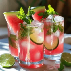 To make a perfect Non-Alcoholic Watermelon Mojito, you need fresh and simple ingredients. Here’s what you'll need: - 3 cups watermelon, diced and seedless - 10 fresh mint leaves - 2 tablespoons fresh lime juice - 1 tablespoon honey or agave syrup - 1-2 cups sparkling water - Ice cubes - Garnishes: lime slices and mint sprigs Each item plays a key role. The watermelon gives a sweet base. The mint adds a fresh taste. Lime juice brings a zesty kick. Honey or agave sweetens the drink. Sparkling water adds fizz and fun. Ice keeps it cool on hot days. Lastly, garnishes make it look great and bring extra flavor. When picking watermelon, choose one that feels heavy for its size. It should have a uniform shape and a yellow spot where it rested on the ground. Fresh mint should smell strong and look vibrant. Fresh lime juice is best, so squeeze it right before use. These ingredients come together to create a refreshing summer sip. You can find the full recipe at the end of this section. Enjoy the process of making this drink! - Blend the watermelon until smooth. Start by cutting the watermelon into small pieces. Place them in a blender. Blend until you have a smooth juice. If you want, you can strain it. This will make it less pulpy. - Muddle mint leaves with lime juice. Take fresh mint leaves and put them in a large pitcher. Add the lime juice next. Use a muddler or the back of a spoon to press the leaves. This releases the mint's fresh flavor. - Combine watermelon juice and mint mixture. Pour the watermelon juice into the pitcher with the mint and lime. Stir well until everything mixes together. This step is vital for a tasty drink. - Add sweetener (honey/agave) to taste. Taste the mixture. If you like it sweeter, add honey or agave syrup. Stir again to blend the sweetener in. Adjust the sweetness to your preference. - Serve over ice with sparkling water. Fill glasses with ice cubes. Pour the watermelon-mint mixture over the ice. Top each glass with sparkling water. Stir gently to mix. This drink is best served cold. For a full recipe with all the details, you can check the [Full Recipe]. - Choose ripe watermelon for better flavor. A sweet, juicy watermelon makes a big difference. - Adjust sweetness according to preference. Taste your drink and add more honey if needed. - Use fresh mint for optimal aroma. Fresh mint gives the best scent and taste. - This drink is ideal for summer parties. It keeps everyone cool and refreshed. - Pair with light snacks or appetizers. Think chips and salsa or fresh veggie platters. For the full recipe, follow the steps I've shared. Enjoy crafting this delightful drink! {{image_2}} You can make your watermelon mojito even more fun! Try adding other fruits for extra flavor. Strawberries, cucumbers, or even pineapple work well. They can add a nice twist to the drink. You can also swap regular sparkling water for flavored sparkling water. This adds a splash of zest and excitement. If you want a low-calorie drink, I have a simple tip. Instead of honey or agave syrup, use stevia. It is a great sugar substitute that cuts calories. Just mix it in until you reach your desired sweetness. This way, you can enjoy your drink without worrying about extra calories. For the full recipe, check the section above. Enjoy your refreshing summer sip! After you make your watermelon mojito, you may have some left. To keep it fresh, store it in an airtight container in the fridge. This way, it stays cool and tasty. I recommend drinking it within 1-2 days for the best flavor. The mint can lose its lovely taste over time, so enjoy it soon! If you want to save some watermelon juice for later, you can freeze it. Pour the juice into ice cube trays or freezer-safe bags. This way, you can use it in smoothies or other drinks later. Just remember, fresh juice tastes best, so use frozen juice within a few months for good flavor. Yes, you can make this drink ahead of time. Prepare the watermelon juice and mint mixture in advance. Store them in a pitcher in the fridge. Just add sparkling water when you are ready to serve. This keeps the fizz fresh and fun. It also saves you time during parties. If you need a substitute for sparkling water, try club soda or tonic water. Both options add fizz and flavor. You can also use flavored sparkling water for a twist. If you want a no-fizz option, consider lemonade or iced tea. These can bring a nice, refreshing taste. Yes, using frozen watermelon is a great idea! Just blend it directly without thawing. It will give your mojito a slushy texture. This is perfect for hot days. Just remember to adjust the sweetness, as frozen fruit can change the taste. For the full recipe, check out the earlier section. This blog outlined how to make a refreshing watermelon mojito. We explored the simple ingredients and easy steps, emphasizing fresh flavors and personal touches. Don't hesitate to try different fruits or sweeteners to make it your own. Remember, ripe watermelon gives the best taste. For storage, keep leftovers in the fridge and enjoy them within two days. By following these tips, you'll create a delightful drink perfect for any summer gathering. Enjoy your mojito-making adventure!