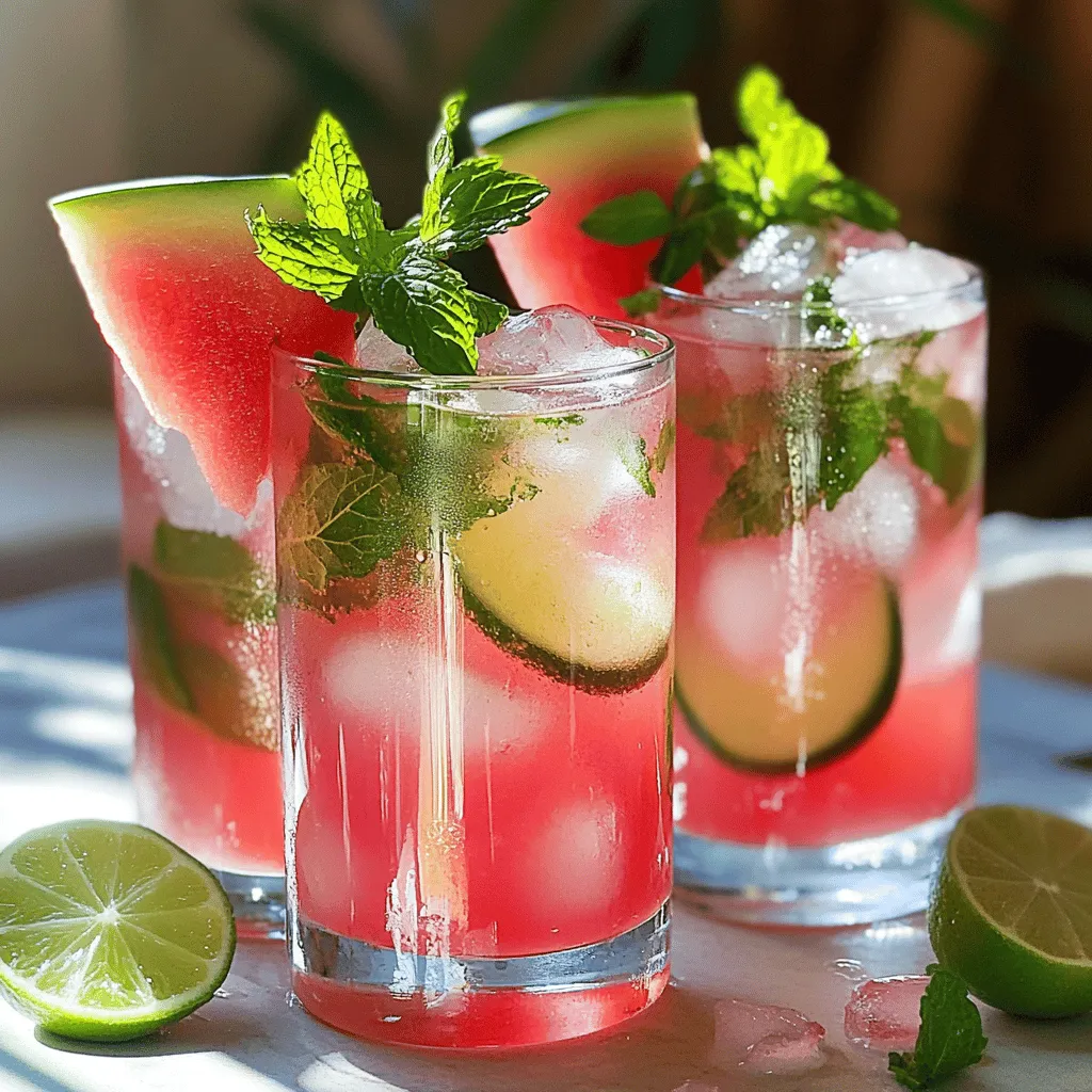 To make a perfect Non-Alcoholic Watermelon Mojito, you need fresh and simple ingredients. Here’s what you'll need: - 3 cups watermelon, diced and seedless - 10 fresh mint leaves - 2 tablespoons fresh lime juice - 1 tablespoon honey or agave syrup - 1-2 cups sparkling water - Ice cubes - Garnishes: lime slices and mint sprigs Each item plays a key role. The watermelon gives a sweet base. The mint adds a fresh taste. Lime juice brings a zesty kick. Honey or agave sweetens the drink. Sparkling water adds fizz and fun. Ice keeps it cool on hot days. Lastly, garnishes make it look great and bring extra flavor. When picking watermelon, choose one that feels heavy for its size. It should have a uniform shape and a yellow spot where it rested on the ground. Fresh mint should smell strong and look vibrant. Fresh lime juice is best, so squeeze it right before use. These ingredients come together to create a refreshing summer sip. You can find the full recipe at the end of this section. Enjoy the process of making this drink! - Blend the watermelon until smooth. Start by cutting the watermelon into small pieces. Place them in a blender. Blend until you have a smooth juice. If you want, you can strain it. This will make it less pulpy. - Muddle mint leaves with lime juice. Take fresh mint leaves and put them in a large pitcher. Add the lime juice next. Use a muddler or the back of a spoon to press the leaves. This releases the mint's fresh flavor. - Combine watermelon juice and mint mixture. Pour the watermelon juice into the pitcher with the mint and lime. Stir well until everything mixes together. This step is vital for a tasty drink. - Add sweetener (honey/agave) to taste. Taste the mixture. If you like it sweeter, add honey or agave syrup. Stir again to blend the sweetener in. Adjust the sweetness to your preference. - Serve over ice with sparkling water. Fill glasses with ice cubes. Pour the watermelon-mint mixture over the ice. Top each glass with sparkling water. Stir gently to mix. This drink is best served cold. For a full recipe with all the details, you can check the [Full Recipe]. - Choose ripe watermelon for better flavor. A sweet, juicy watermelon makes a big difference. - Adjust sweetness according to preference. Taste your drink and add more honey if needed. - Use fresh mint for optimal aroma. Fresh mint gives the best scent and taste. - This drink is ideal for summer parties. It keeps everyone cool and refreshed. - Pair with light snacks or appetizers. Think chips and salsa or fresh veggie platters. For the full recipe, follow the steps I've shared. Enjoy crafting this delightful drink! {{image_2}} You can make your watermelon mojito even more fun! Try adding other fruits for extra flavor. Strawberries, cucumbers, or even pineapple work well. They can add a nice twist to the drink. You can also swap regular sparkling water for flavored sparkling water. This adds a splash of zest and excitement. If you want a low-calorie drink, I have a simple tip. Instead of honey or agave syrup, use stevia. It is a great sugar substitute that cuts calories. Just mix it in until you reach your desired sweetness. This way, you can enjoy your drink without worrying about extra calories. For the full recipe, check the section above. Enjoy your refreshing summer sip! After you make your watermelon mojito, you may have some left. To keep it fresh, store it in an airtight container in the fridge. This way, it stays cool and tasty. I recommend drinking it within 1-2 days for the best flavor. The mint can lose its lovely taste over time, so enjoy it soon! If you want to save some watermelon juice for later, you can freeze it. Pour the juice into ice cube trays or freezer-safe bags. This way, you can use it in smoothies or other drinks later. Just remember, fresh juice tastes best, so use frozen juice within a few months for good flavor. Yes, you can make this drink ahead of time. Prepare the watermelon juice and mint mixture in advance. Store them in a pitcher in the fridge. Just add sparkling water when you are ready to serve. This keeps the fizz fresh and fun. It also saves you time during parties. If you need a substitute for sparkling water, try club soda or tonic water. Both options add fizz and flavor. You can also use flavored sparkling water for a twist. If you want a no-fizz option, consider lemonade or iced tea. These can bring a nice, refreshing taste. Yes, using frozen watermelon is a great idea! Just blend it directly without thawing. It will give your mojito a slushy texture. This is perfect for hot days. Just remember to adjust the sweetness, as frozen fruit can change the taste. For the full recipe, check out the earlier section. This blog outlined how to make a refreshing watermelon mojito. We explored the simple ingredients and easy steps, emphasizing fresh flavors and personal touches. Don't hesitate to try different fruits or sweeteners to make it your own. Remember, ripe watermelon gives the best taste. For storage, keep leftovers in the fridge and enjoy them within two days. By following these tips, you'll create a delightful drink perfect for any summer gathering. Enjoy your mojito-making adventure!