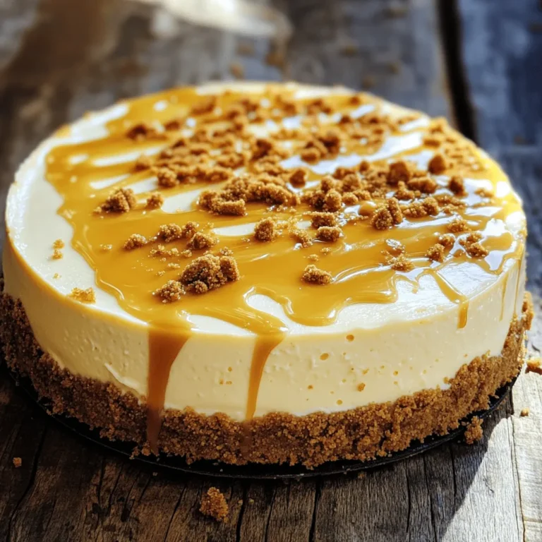 - 200g Biscoff biscuits, crushed - 100g unsalted butter, melted - 400g cream cheese, softened - 200g Biscoff spread - 150g powdered sugar - 1 teaspoon vanilla extract - 300ml heavy whipping cream, chilled To create a Biscoff cheesecake, you need some key ingredients. The first is Biscoff biscuits. These cookies bring a sweet, caramel flavor. You'll crush them to make the crust. Next, you need melted unsalted butter to hold the crust together. Cream cheese is the star of the filling. It gives the cheesecake a rich, creamy texture. Biscoff spread adds even more flavor. It makes the cheesecake taste like a dream. You will also use powdered sugar to sweeten the mix and vanilla extract to enhance the flavors. Finally, chilled heavy whipping cream is essential. It helps the cheesecake become light and fluffy. Mixing these ingredients creates a perfect balance of flavors and textures. - 2 tablespoons gelatin powder (or agar-agar for a vegetarian option) - 100ml boiling water For the cheesecake to set properly, you need gelatin. This helps it hold its shape. If you prefer a vegetarian option, use agar-agar instead. Both work well to provide the right firmness. You will dissolve the gelatin in boiling water before adding it to the mixture. - Drizzle of melted Biscoff spread - Crushed Biscoff biscuits for topping To make your cheesecake visually stunning, consider garnishing it. A drizzle of melted Biscoff spread adds a nice touch. Sprinkling crushed Biscoff biscuits on top gives it some crunch. These small details make your cheesecake look and taste amazing. For the complete recipe, don’t forget to check out the [Full Recipe]. - Start by crushing 200g of Biscoff biscuits into fine crumbs. - Melt 100g of unsalted butter in a bowl. - Mix the crushed biscuits with the melted butter until fully combined. - Press this mixture firmly into the base of a 9-inch springform pan. - Place the pan in the refrigerator to set while you prepare the filling. - In a large bowl, beat together 400g of softened cream cheese and 200g of Biscoff spread. - Add 150g of powdered sugar and 1 teaspoon of vanilla extract to the mixture. - Mix until the filling is smooth and creamy. - In a separate small bowl, dissolve 2 tablespoons of gelatin powder in 100ml of boiling water. - Allow the gelatin to cool slightly, then mix it into the cheesecake filling. - In another bowl, whip 300ml of chilled heavy cream until stiff peaks form. - Gently fold the whipped cream into the cheesecake filling until no streaks remain. - Pour the filling over the chilled crust and smooth the top with a spatula. - Refrigerate the cheesecake for at least 4 hours, or overnight for the best texture. - Once set, remove the cheesecake from the springform pan. Enjoy every creamy bite of this Biscoff cheesecake! For the full recipe, check out the details above. Chilling your cheesecake is key for the best texture. It needs at least four hours to set. For a smoother filling, fold in whipped cream gently. This keeps it light and fluffy. Be careful not to over-mix. If you mix too hard, you may lose that airy feel. A pinch of salt can balance the sweetness of the cheesecake. It makes the flavors pop! You can also try adding coffee or caramel for extra depth. These flavors blend well with Biscoff. Each bite will be a delightful surprise. A smooth top gives your cheesecake a polished look. To achieve this, use a spatula to spread the filling evenly. For decoration, drizzle melted Biscoff spread on top. You can also sprinkle crushed Biscoff biscuits for a crunchy touch. These small details make your cheesecake stand out. For the full recipe, check out the Biscoff Bliss Cheesecake . {{image_2}} You can make a vegan Biscoff cheesecake. Start by swapping cream cheese for a vegan option. Brands like Tofutti or Kite Hill work well. They give you that creamy texture you want. Next, use coconut cream instead of heavy whipping cream. Chill the coconut cream overnight and whip it up for volume. This version is just as rich and tasty! Want a fun twist? Try adding chocolate layers or toppings. Melt some dark chocolate and swirl it into the cheesecake mix. This will give it a nice chocolate flavor. You can also sprinkle some shavings on top for style. For a spiced kick, add a pinch of cinnamon or nutmeg. These spices add warmth and depth to the dessert. If you need a gluten-free cheesecake, it’s easy! Use gluten-free Biscoff biscuits for the crust. You can find these at most stores. If you want to switch it up, use ground nuts or oats for the crust instead. Just blend them with butter and press into the pan. Both options work great and taste fantastic! For the full recipe, check out the Biscoff Bliss Cheesecake . To keep your Biscoff cheesecake fresh, cover it well before refrigerating. Use plastic wrap or a lid to stop air from ruining it. This helps keep the creamy texture intact. If you have leftovers, you can freeze them. Wrap slices tightly in plastic wrap and then place them in a freezer bag. This way, they stay safe from freezer burn. In the fridge, your cheesecake lasts about 5 to 7 days. Always check for signs of spoilage to be safe. Look for any off smells, discoloration, or mold. If anything seems off, it’s best to toss it out. Freshness is key for the best taste. If you freeze the cheesecake, thaw it slowly in the fridge for a few hours or overnight. This helps preserve its texture. After thawing, you can serve it cold or let it sit at room temperature for about 30 minutes. This makes it easier to slice. Try topping it with more Biscoff spread or crushed biscuits for a tasty touch. For the full recipe of this delightful cheesecake, check out the [Full Recipe]. Yes, you can use other biscuits for the crust. Digestive biscuits work well because they are sturdy. You might also try Oreos for a chocolate twist. Simply crush them the same way as Biscoff biscuits. Mix the crumbs with melted butter and press them into the pan. This gives you a tasty base for your cheesecake. To make your cheesecake firmer, you can adjust the gelatin amount. Try adding a bit more gelatin if it's too soft. You can also use different thickening agents, like agar-agar, for a vegetarian option. Make sure to fully dissolve the gelatin in boiling water before mixing it in. This helps create a nice, firm texture. Cheesecakes can crack for a few reasons. One common cause is baking at too high a temperature. Always bake at a low heat to avoid this problem. Another reason is over-mixing the filling. Mix just until smooth. Lastly, cooling the cheesecake too quickly can lead to cracks. Let it cool gradually to prevent this issue. This Biscoff cheesecake is simple and fun to make. Start with a tasty crust of Biscoff biscuits and butter, then create a creamy filling with cream cheese and Biscoff spread. Tips for a perfect texture and cool presentation make this recipe shine. Plus, I shared ideas for variations, from vegan to gluten-free. Remember, storage is key to enjoying this treat later. Enjoy your delicious cheesecake, and don't be afraid to get creative with flavors!