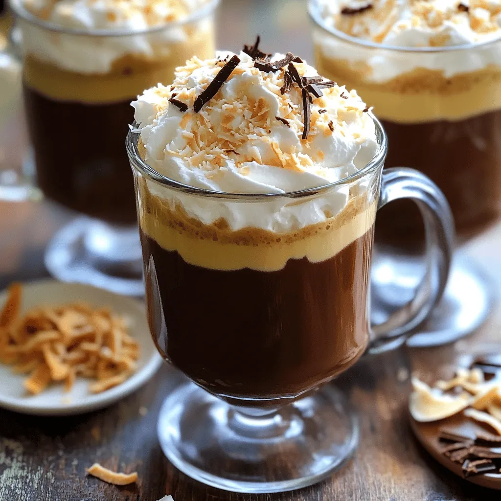 To create a Coconut Mocha Daydream, gather these ingredients: - 1 cup brewed coffee (hot) - 1/2 cup coconut milk (canned for creaminess) - 2 tablespoons cocoa powder - 2 tablespoons maple syrup (or to taste) - 1/2 teaspoon vanilla extract - 1/4 teaspoon ground cinnamon - Whipped coconut cream (for topping) - Shredded coconut (toasted, for garnish) - Dark chocolate shavings (optional, for garnish) Using quality ingredients is key. The coffee should be fresh and hot for the best flavor. Canned coconut milk gives a rich, creamy texture. The cocoa powder adds deep chocolate notes, while maple syrup brings sweetness. I like to use ground cinnamon for warmth and extra flavor. The whipped coconut cream on top adds a nice finish. Toasted shredded coconut gives a lovely crunch and a tropical twist. For a touch of elegance, dark chocolate shavings make a perfect garnish. This whole mix creates a delightful drink. For the full recipe, check out the details above! - Prep Time: 5 minutes - Total Time: 15 minutes - Servings: 2 - Step 1: Heat coconut milk Start by pouring the canned coconut milk into a medium saucepan. Heat it over medium heat. Watch closely; you want it to steam but not boil. - Step 2: Combine ingredients in a saucepan Once the coconut milk is warm, add the cocoa powder, maple syrup, vanilla extract, and ground cinnamon. Stir well with a whisk. Make sure everything mixes together until smooth. - Step 3: Add brewed coffee and blend Now, pour in the hot brewed coffee. Keep whisking until the mixture is well blended. It should be hot and creamy. - Step 4: Serve in cups or mugs Remove the saucepan from heat. Carefully pour the coconut mocha mixture into your favorite cups or mugs. - Step 5: Garnish before serving Top each drink with a dollop of whipped coconut cream. For a fun touch, sprinkle toasted shredded coconut on top. If you like, add dark chocolate shavings for extra flair. By following these steps, you can create a delightful and creamy drink that will surely impress. For the complete recipe, check out the [Full Recipe]. To make the best Coconut Mocha Daydream, choose high-quality coconut milk. Look for canned coconut milk that is rich and creamy. This gives your drink a smooth texture. If you want different options, try almond milk or oat milk. Each will change the flavor a bit, but they can be just as tasty. Sweetness matters in this drink. You can adjust it by adding more maple syrup. Start with two tablespoons, then taste and add more if you like. You can also play with spices. Try adding a pinch of nutmeg or cardamom. These spices can give your drink a warm twist. When serving, use clear glass mugs. They show off the pretty layers of your drink. It looks nice and inviting. Pair your Coconut Mocha Daydream with snacks. Toasted coconut cookies or a slice of banana bread are great choices. They complement the flavors well. {{image_2}} You can make Coconut Mocha Daydream without dairy. Use almond, oat, or soy milk instead of coconut milk. Each option brings a unique taste. Almond milk adds a nutty flavor. Oat milk gives a creamy texture. Soy milk is rich and smooth. For sweeteners, consider agave nectar or honey. These options can change the drink's flavor. They also add their own sweetness. Adjust the amount to suit your taste. Want to switch things up? Add flavored syrups! Hazelnut or caramel syrups give a sweet twist. You can use them to enhance the drink's depth. Just stir in a tablespoon or two when mixing. Adding spices can create a new experience. Nutmeg or cardamom can warm your drink. They add warmth and aroma. Just a pinch can change the whole drink. Enjoy holiday cheer with a festive twist! Add peppermint extract for a minty delight. Or try pumpkin spice for a cozy autumn vibe. These options will make your drink perfect for the season. In summer, make a cold version. Chill the drink and serve it over ice. Blend in some ice for a frosty treat. This way, you can enjoy Coconut Mocha Daydream any time of year. After you enjoy your Coconut Mocha Daydream, store any leftovers in the fridge. Use a sealed container to keep it fresh. This drink tastes best within two days. If you want to keep the ingredients, store them separately. - Coconut milk: Opened cans can last about a week in the fridge. Transfer any leftovers to a container. - Brewed coffee: Keep it in a glass jar or pitcher for up to three days. Reheat your drink gently. Use a microwave or a saucepan. If you use the microwave, heat it in short bursts of 30 seconds. Stir well after each burst. If using a saucepan, warm it over low heat. - Tip: Avoid boiling to keep the flavors intact. Knowing how long your ingredients last helps you cook safely. Here are some key points: - Coconut milk: Check the expiration date. Unopened cans can last for months. Once opened, use it within a week. - Brewed coffee: Best enjoyed fresh, but it can last three days in the fridge. - Cocoa powder: Can last for several years if kept dry. - Maple syrup: Unopened can last for years, while opened bottles are good for about a year in the fridge. Look for signs of spoilage, like off smells or changes in texture. Trust your nose! To make the Coconut Mocha Daydream vegan, you can use plant-based options. For coconut milk, stick to canned for creaminess. You can replace the whipped coconut cream with a dairy-free whipped topping. Use maple syrup as your sweetener, which is naturally vegan. If you want to flavor it more, consider adding a splash of vanilla extract. Yes, you can use instant coffee. Instant coffee is quick and easy. Just mix it with hot water. However, brewed coffee often has a richer flavor. Instant coffee can taste less fresh. If you're in a hurry, instant coffee is a good choice, but brewed coffee gives a better taste. If you don't have whipped coconut cream, you can use regular coconut cream. Just chill a can, then scoop out the thick part. You can also try almond whipped cream or any dairy-free cream. Each topping will change the flavor a bit. Choose what suits your taste best! Yes, you can make this drink ahead. Prepare the coconut mocha mixture and store it in the fridge. When you're ready, just warm it up on the stove. Keep the whipped cream and toppings separate until serving. This way, your drink stays fresh and tasty. This blog post shared a delicious recipe for Coconut Mocha Daydream. We covered the key ingredients needed for this sweet drink. You learned about simple steps to prepare it and tips for perfecting your drink. Don’t forget about variations, like adding spices or using different milks. Now you can impress friends with this tasty treat. Enjoy making it your own, and happy sipping!